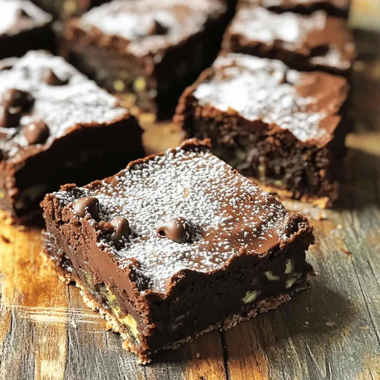 - 1 cup finely grated zucchini (about 1 medium) - 1 cup all-purpose flour - 1/2 cup cocoa powder - 1/2 cup granulated sugar - 1/2 cup brown sugar, packed - 1/2 teaspoon baking powder - 1/2 teaspoon baking soda - 1/4 teaspoon salt - 1/2 teaspoon cinnamon - 1/3 cup vegetable oil - 1/4 cup unsweetened applesauce - 2 large eggs - 1 teaspoon vanilla extract - 1/2 cup chocolate chips (dark or semi-sweet) These ingredients form the base of your Minute Chocolate Zucchini Bars. The finely grated zucchini adds moisture and nutrition. The dry ingredients, like flour and cocoa powder, give structure and rich flavor. The wet ingredients, including vegetable oil and applesauce, help create a soft texture. - Chocolate chips (dark or semi-sweet) - Nuts or seeds for texture - Flavored extracts for variety Adding optional ingredients can take your bars to the next level. Chocolate chips add extra sweetness and a burst of rich chocolate. Nuts or seeds give a nice crunch and boost nutrition. You can also try flavored extracts, like almond or mint, for a fun twist. For the full recipe, check out the [Full Recipe]. 1. Start by preheating your oven to 350°F (175°C). This ensures even baking. 2. Grease a 9x9-inch baking pan or line it with parchment paper. This helps with easy removal. 3. In a large mixing bowl, add 1 cup of finely grated zucchini. 4. Next, mix in 1/3 cup of vegetable oil, 1/4 cup of unsweetened applesauce, 2 large eggs, and 1 teaspoon of vanilla extract. Combine these wet ingredients well until smooth. 1. In a separate bowl, whisk together the dry ingredients. Combine 1 cup of all-purpose flour, 1/2 cup of cocoa powder, 1/2 cup of granulated sugar, 1/2 cup of brown sugar, 1/2 teaspoon of baking powder, 1/2 teaspoon of baking soda, 1/4 teaspoon of salt, and 1/2 teaspoon of cinnamon. Mix thoroughly. 2. Gradually add the dry ingredients to the wet mixture. Stir gently until just combined. Overmixing can make the bars tough, so be careful. 3. Now, fold in 1/2 cup of chocolate chips. Ensure the chips spread evenly in the batter. 1. Pour the batter into your prepared baking pan. Spread it out evenly with a spatula. 2. Bake for 25-30 minutes. Keep an eye out for doneness. 3. To check, insert a toothpick in the center. It should come out clean, with only a few moist crumbs. 4. Once baked, let the bars cool in the pan for about 10 minutes. Then, transfer them to a wire rack to cool completely. These steps lead to a delightful treat. For the complete recipe, check the Full Recipe section. To make your Minute Chocolate Zucchini Bars moist, avoid overmixing. Mixing too much can make the bars tough. Gently stir until the dry and wet ingredients just combine. This keeps them soft and tender. For zucchini, use finely grated pieces. This helps the zucchini blend into the batter well. I recommend using medium-sized zucchini. Remove excess water by squeezing it lightly with a paper towel. This step ensures your bars won’t be too wet. To boost flavor, add spices like cinnamon or nutmeg. A pinch of nutmeg can create a nice warmth in the bars. Vanilla extract is also a must; it adds a sweet aroma. When choosing chocolate, opt for dark or semi-sweet chips. Dark chocolate gives a rich taste. Semi-sweet chocolate is sweeter, which balances the cocoa. You can even mix both for more depth in flavor. These bars are delicious warm or chilled. If you enjoy them warm, serve them straight from the oven. This makes the chocolate chips melt a bit more. For a chilled option, let them cool completely. Pair your bars with a scoop of ice cream or a glass of milk. The creaminess of ice cream complements the chocolate perfectly. Milk adds a nice touch, too, especially if you love dunking! For more details, check the Full Recipe. {{image_2}} You can make Minute Chocolate Zucchini Bars even better for you. Here are two easy swaps: - Using whole wheat flour: This gives your bars more fiber and nutrients. It adds a nutty flavor too. Just replace all-purpose flour with whole wheat flour in the same amount. - Substituting sugars with natural sweeteners: You can use honey, maple syrup, or stevia. These sweeteners can lower the calorie count and add unique flavors. Adjust the amount based on your taste. Want to change up the taste? Here are some fun ideas: - Adding fruits like bananas or apples: Mash one banana or add one cup of finely chopped apples. This adds moisture and a sweet kick. - Incorporating different types of cocoa: Try dark cocoa for a richer taste or white cocoa for a milder flavor. Each type offers a new twist on your bars. Need to meet special diets? Here are some easy swaps: - Vegan options for eggs and dairy: Use flax eggs or applesauce instead of eggs. For dairy, almond milk or coconut yogurt works great. - Gluten-free alternatives: Substitute all-purpose flour with gluten-free flour blends. Make sure your baking powder is gluten-free too. These variations let you be creative while keeping your chocolate zucchini bars delicious. Check out the Full Recipe for all the details! To keep your minute chocolate zucchini bars fresh, use airtight containers. These containers keep moisture in and air out. I recommend placing a piece of parchment paper between layers if you stack them. This way, the bars won’t stick together. Store them in the fridge for the best flavor. They stay fresh for about 5 to 7 days when stored this way. If you leave them at room temperature, they last about 3 to 4 days. If you want to save some for later, freezing is a great option. First, cut the bars into pieces. Then, wrap each piece in plastic wrap. After that, place them in a freezer-safe bag or container. This protects them from freezer burn. They can stay frozen for up to three months. When you're ready to eat, take them out and let them thaw in the fridge overnight. For a quick treat, you can also microwave them for about 20 seconds. This warming brings back their soft texture and delicious flavor. Minute chocolate zucchini bars last about 3 to 5 days at room temperature. Store them in an airtight container. If kept in the fridge, they can last up to a week. Make sure they are cooled completely before storing to avoid sogginess. Yes, you can make these bars ahead of time. They taste great after a day or two. Preparing them in advance makes for an easy snack or dessert. Just store them properly to keep them fresh. You can substitute eggs with applesauce or mashed bananas. Use 1/4 cup of applesauce or half a mashed banana for each egg. This keeps the bars moist and delicious while being egg-free. Yes, you can use frozen zucchini. Thaw and drain it well before use. This helps prevent excess moisture in the bars. Frozen zucchini works well and still gives you that great flavor and texture. In this blog post, we explored how to make delicious Minute Chocolate Zucchini Bars. We covered essential ingredients like zucchini, flour, cocoa powder, and optional add-ins such as chocolate chips and nuts. You learned the steps for mixing and baking for perfect bars. I shared tips to keep them moist and flavorful. Remember, you can customize these bars to fit your taste and diet. With the right storage, they can last for days. Enjoy making these tasty treats!