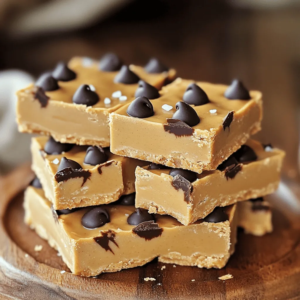 - 1 cup natural creamy peanut butter - 1/2 cup honey or maple syrup - 2 cups rolled oats - 1 cup coconut flour - 1/2 cup dark chocolate chips - 1/4 teaspoon sea salt - 1 teaspoon vanilla extract Each ingredient plays a key role in making these bars tasty and easy to prepare. Natural creamy peanut butter gives a rich flavor and smooth texture. Honey or maple syrup adds sweetness, while rolled oats provide fiber and a chewy bite. Coconut flour helps bind everything together and adds a subtle coconut flavor. Dark chocolate chips give a sweet and slightly bitter contrast, making every bite delightful. Sea salt enhances all the flavors, and vanilla extract adds warmth to the mix. - You can try different sweeteners, like agave or coconut sugar. - For nut butter, almond or cashew work well. - If you need gluten-free options, look for gluten-free oats. These substitutions let you customize the bars to your taste. Whether you prefer a different nut butter or sweetener, feel free to swap them in. Using gluten-free oats ensures everyone can enjoy these bars, no matter their dietary needs. For the full recipe, check out the steps to make these delicious treats. 1. Combine peanut butter and honey in a bowl. 2. Mix in rolled oats, coconut flour, sea salt, and vanilla. 3. Fold in dark chocolate chips. Making these bars is quick and easy. Start by taking a medium bowl. Add 1 cup of natural creamy peanut butter and 1/2 cup of honey or maple syrup. Stir until it’s smooth and creamy. Next, add 2 cups of rolled oats, 1 cup of coconut flour, 1/4 teaspoon of sea salt, and 1 teaspoon of vanilla extract. Mix it all up until you see no dry bits. This ensures every bite is tasty. Now, gently fold in 1/2 cup of dark chocolate chips. This adds a rich flavor that pairs well with peanut butter. - Line the baking pan with parchment paper. - Press the mixture firmly into the pan. Get an 8x8 inch baking pan and line it with parchment paper. Leave some paper hanging over the sides. This makes it easy to lift out the bars later. Next, pour the peanut butter mixture into the pan. Use a spatula or your hands to press it down evenly. Make sure it’s packed tightly. This helps the bars hold their shape. - Refrigerate for at least 2 hours. - Cut into squares and presentation tips. Place the pan in the refrigerator. Let it chill for at least 2 hours. This makes the bars firm and easy to cut. Once they are set, lift them out using the parchment paper. Cut them into squares or rectangles. For a fun touch, arrange the bars on a nice platter. Drizzle some melted chocolate over the top or sprinkle a bit of sea salt before serving. Enjoy your delicious homemade no-bake peanut butter bars! For the full recipe, check out the complete guide. To get the best no-bake peanut butter bars, focus on the right consistency. The mixture should be thick enough to hold its shape but still moist. If it's too dry, add a bit more peanut butter or honey. If it's too wet, mix in more oats or coconut flour. When packing the mixture into your pan, use a spatula or your hands. Press it down firmly and evenly. This helps the bars hold together well after chilling. These bars taste great on their own, but you can enhance them. Serve with a scoop of ice cream for a fun dessert. Fresh fruits like bananas or strawberries add a nice touch too. For a decadent twist, drizzle melted chocolate over the top. Just melt some chocolate chips in the microwave, then pour it on your bars. This will make them even more special! One mistake is overmixing the ingredients. This can make the bars tough. Mix just until everything combines. Another common issue is not chilling long enough. Be patient! Let the bars chill for at least two hours. This makes them firm and easy to cut. Following these tips will help you create perfect no-bake peanut butter bars every time. For the full recipe, check out the details above. {{image_2}} No-bake peanut butter bars are a blank canvas for flavor. You can easily tweak the recipe to fit your taste. - Adding spices: A sprinkle of cinnamon or nutmeg can add warmth. Simply mix about a teaspoon into the peanut butter for a cozy flavor. - Using different types of chocolate: Try milk or white chocolate instead of dark. Each type brings its own unique taste. Melt some on top for a fun look. - Using sunflower seed butter: If you need a nut-free choice, sunflower seed butter works great. It has a similar texture and taste. - Alternative toppings: You can add seeds or dried fruit on top. They give a nice crunch and sweetness. - Vegan sweeteners and chocolate: If you want a vegan version, use agave syrup and dairy-free chocolate. They taste just as good! - Omitting chocolate for a lighter version: You can skip the chocolate. This makes the bars lighter and lets the peanut butter shine. For all these ideas, check out the full recipe to explore more ways to enjoy these tasty bars! To keep your no-bake peanut butter bars fresh, you have two main options: the fridge or the freezer. In the refrigerator, the bars stay firm but soft enough to bite into. Use an airtight container to prevent them from drying out. If you want to save bars for later, the freezer works great. Just wrap them well in plastic wrap before placing them in a container. This method keeps the bars tasty for months. In the fridge, these bars last about a week. If you freeze them, they can last up to three months. Just remember to label your containers with dates. This helps you know when to enjoy them. When you’re ready to eat a frozen bar, take it out and let it sit at room temperature for about fifteen minutes. This makes it easier to chew. You can also cut them into smaller pieces for quick snacks. Portioning helps you grab a treat on the go without feeling guilty about overindulging. If you want, you can drizzle some melted chocolate over the top for a special touch. Yes, you can use crunchy peanut butter. It will give your bars a different texture. You’ll enjoy extra crunch, which can be fun. The flavor remains rich and delicious. These bars need about 2 hours in the fridge to set. This time helps them firm up well. If you want them extra firm, chill them longer. Just be sure to cover them to keep them fresh. Yes, No-Bake Peanut Butter Bars can be healthy. They have good fats from peanut butter. Oats add fiber, which is great for digestion. Using natural sweeteners like honey or maple syrup helps, too. Enjoy them in moderation for a balanced treat. Absolutely! These bars are perfect for meal prep. Make a batch and store them in the fridge. They stay fresh for about a week. Just cut them into squares before serving for easy snacks. If you don’t have coconut flour, try almond flour. Almond flour will change the texture a bit but still works well. You could also use whole wheat flour for a denser bar. Just remember to adjust the liquid if needed. No-bake peanut butter bars are easy to make and delicious. You need just a few key ingredients, like peanut butter, honey, and oats. I shared tips on how to customize flavors and perfect your bars. Remember to chill them well for the best taste. These treats are great for snacking and can last for weeks. Enjoy experimenting with variations and find your favorite! Store them right, and you'll always have a tasty treat ready to enjoy.
