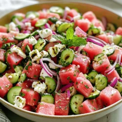 To make the Watermelon Cucumber Feta Salad, you need the following fresh ingredients: - 4 cups seedless watermelon, cubed - 1 large cucumber, peeled and diced - 1 cup crumbled feta cheese - 1/4 cup red onion, finely sliced - 2 tablespoons fresh mint leaves, chopped These ingredients offer a mix of sweet, crunchy, and creamy flavors. The watermelon adds sweetness, while the cucumber brings a crisp texture. Feta cheese adds a salty touch that balances the sweetness. You can enhance this salad with some optional ingredients: - 3 tablespoons olive oil - 2 tablespoons balsamic vinegar - Salt and black pepper to taste Adding olive oil and balsamic vinegar gives the salad a nice dressing. Salt and pepper help to bring out the flavors of each ingredient. This salad is not only tasty but also healthy. Each serving provides: - Low calories - Rich in vitamins A and C - Good hydration due to watermelon and cucumber Eating this salad can help you stay cool and refreshed. It’s great for summer gatherings or picnics. For the full recipe, check out the details above. To start, gather all your ingredients. You will need seedless watermelon, cucumber, feta cheese, red onion, mint leaves, olive oil, and balsamic vinegar. Make sure you wash and peel the cucumber. Cut it into small pieces. Next, cube the watermelon into bite-sized chunks. This makes it easy to eat. In a large mixing bowl, add the cubed watermelon and diced cucumber. Gently fold in the crumbled feta cheese and sliced red onion. Be careful not to break the feta too much. In a small bowl, whisk together the olive oil, balsamic vinegar, salt, and black pepper. Drizzle this dressing over your salad. Toss it gently to mix all the flavors. Finally, sprinkle the fresh mint leaves on top. This adds a nice touch of color and taste. You can serve this salad right away for a fresh bite. If you want more flavor, chill it in the fridge for about 30 minutes. This dish pairs well with grilled chicken or fish. You can also enjoy it as a light lunch. For a fun twist, serve it in a hollowed-out watermelon. This makes it eye-catching for parties. For the full recipe, check out the details above. To make your Watermelon Cucumber Feta Salad pop, focus on taste. Adding fresh herbs like mint boosts flavor. Mint adds a cool touch that pairs well with sweet watermelon. You can also try a squeeze of lime. Lime juice brightens the dish and adds a zesty kick. For a bolder flavor, sprinkle in some chili flakes. This gives the salad a nice contrast to the sweetness. Remember, balance is key! Pick a ripe watermelon for the best taste. Look for one that feels heavy for its size. The skin should have a dull spot, showing it ripened on the ground. For cucumber, choose one that is firm and dark green. Avoid those with soft spots or wrinkles. Freshness matters, so buy them close to when you plan to make the salad. Serve this salad fresh for the best taste. It works well as a side dish or a light lunch. For added flair, use a large, shallow bowl. This allows the colors to shine. If you want to prepare it ahead, chill it for 30 minutes. This melds the flavors nicely. Check out the Full Recipe for the complete steps to make this delightful dish! {{image_2}} You can change up the ingredients in this salad to fit your taste. Try using cantaloupe instead of watermelon. This will give a sweet twist. If you want less salt, use goat cheese instead of feta. You can also swap red onion for green onion. This change adds a milder taste. Want to make the salad heartier? Add proteins like grilled chicken or shrimp. They add flavor and make it more filling. For a vegetarian option, try adding chickpeas or black beans. These will give you a protein boost without meat. In summer, use fresh basil instead of mint. It adds a different flavor profile. In fall, consider adding diced apples for crunch. You can even toss in some roasted pumpkin seeds for extra texture. Each season brings new tastes, so feel free to play around! For the full recipe, check out the Watermelon Cucumber Feta Salad Delight section. To keep your watermelon cucumber feta salad fresh, use an airtight container. Place the salad in the fridge right after serving. Avoid leaving it at room temperature for too long. This helps keep the flavors bright and the textures crisp. If possible, store the dressing separately. This way, you can mix it in just before serving. When stored properly, this salad can last for about 2 to 3 days in the fridge. After that, the watermelon may start to lose its crunch. The feta can also become too soft. Always check for any off smells or textures before eating. If you have leftover watermelon or cucumber, try adding them to smoothies. They work great in drinks or desserts. You can also toss them into a simple stir-fry or a grain bowl. This way, nothing goes to waste, and you enjoy different meals. Yes, you can make this salad ahead of time. I recommend preparing it no more than 2 hours before serving. The salad tastes best when fresh. If you wait too long, the watermelon and cucumber may lose their crunch. You can chop the ingredients and store them separately. Mix them just before you serve to keep everything crisp. Yes, this salad is naturally gluten-free. It doesn’t use any gluten-containing ingredients. Watermelon, cucumber, feta cheese, and other ingredients are safe for those with gluten sensitivities. Always check your feta cheese packaging to ensure there are no hidden gluten ingredients. If you can’t find feta cheese, try goat cheese instead. Goat cheese has a similar creamy texture and tangy taste. You can also use crumbled tofu for a dairy-free option. It won’t taste the same, but it adds a nice texture. For a different flavor, consider using ricotta salata or cotija cheese. Each will give your salad a unique twist while keeping it fresh and tasty. For the full recipe, check out the details above! This article covered fresh ingredients for a tasty Watermelon Cucumber Feta Salad. You learned how to prep, mix, and serve it well. Tips helped you enhance flavors and choose the best produce. Variations showed how to substitute and add proteins. Finally, we discussed storing leftovers safely. Enjoy this salad on hot days. It's a fun, cool dish packed with nutrition. Try making it today!