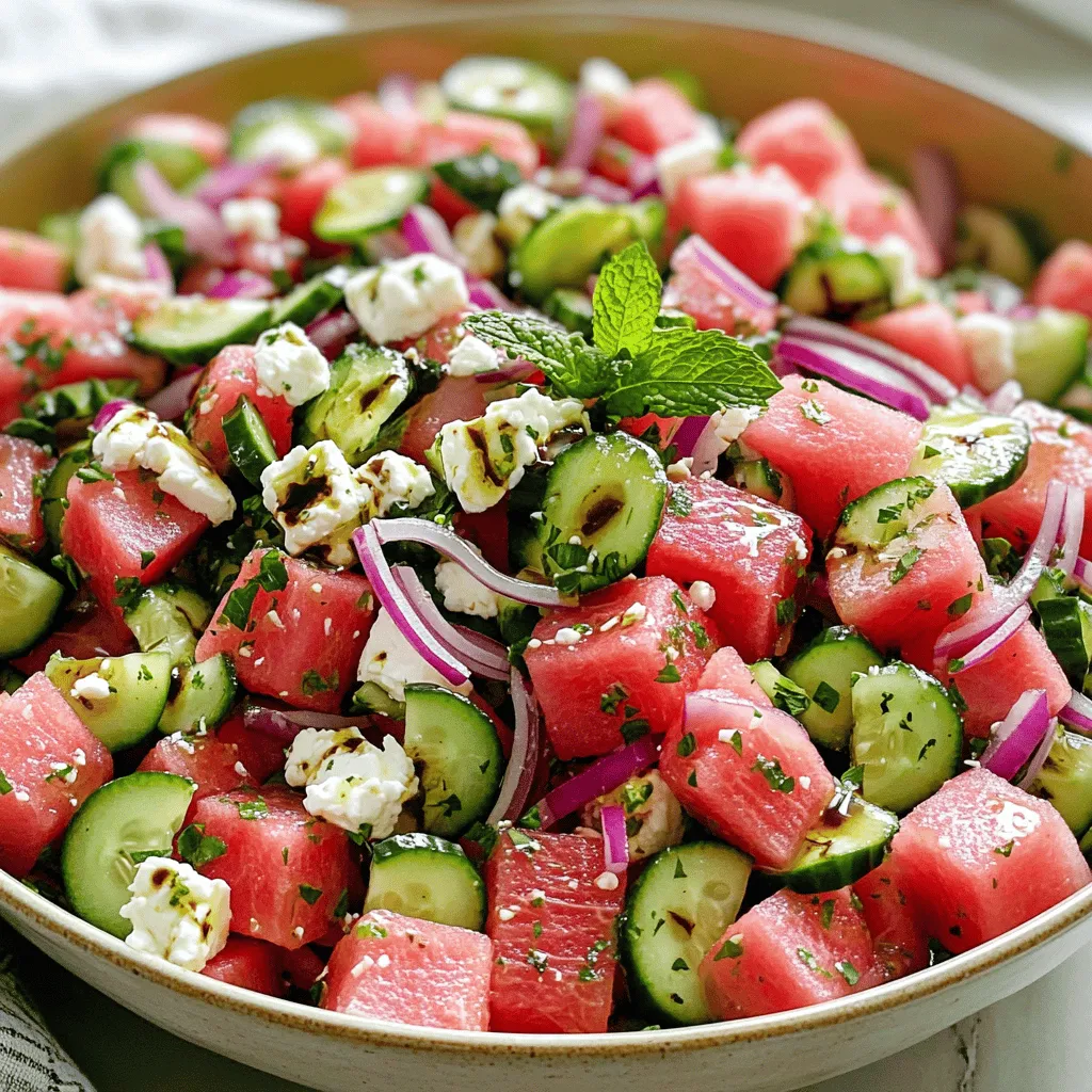 To make the Watermelon Cucumber Feta Salad, you need the following fresh ingredients: - 4 cups seedless watermelon, cubed - 1 large cucumber, peeled and diced - 1 cup crumbled feta cheese - 1/4 cup red onion, finely sliced - 2 tablespoons fresh mint leaves, chopped These ingredients offer a mix of sweet, crunchy, and creamy flavors. The watermelon adds sweetness, while the cucumber brings a crisp texture. Feta cheese adds a salty touch that balances the sweetness. You can enhance this salad with some optional ingredients: - 3 tablespoons olive oil - 2 tablespoons balsamic vinegar - Salt and black pepper to taste Adding olive oil and balsamic vinegar gives the salad a nice dressing. Salt and pepper help to bring out the flavors of each ingredient. This salad is not only tasty but also healthy. Each serving provides: - Low calories - Rich in vitamins A and C - Good hydration due to watermelon and cucumber Eating this salad can help you stay cool and refreshed. It’s great for summer gatherings or picnics. For the full recipe, check out the details above. To start, gather all your ingredients. You will need seedless watermelon, cucumber, feta cheese, red onion, mint leaves, olive oil, and balsamic vinegar. Make sure you wash and peel the cucumber. Cut it into small pieces. Next, cube the watermelon into bite-sized chunks. This makes it easy to eat. In a large mixing bowl, add the cubed watermelon and diced cucumber. Gently fold in the crumbled feta cheese and sliced red onion. Be careful not to break the feta too much. In a small bowl, whisk together the olive oil, balsamic vinegar, salt, and black pepper. Drizzle this dressing over your salad. Toss it gently to mix all the flavors. Finally, sprinkle the fresh mint leaves on top. This adds a nice touch of color and taste. You can serve this salad right away for a fresh bite. If you want more flavor, chill it in the fridge for about 30 minutes. This dish pairs well with grilled chicken or fish. You can also enjoy it as a light lunch. For a fun twist, serve it in a hollowed-out watermelon. This makes it eye-catching for parties. For the full recipe, check out the details above. To make your Watermelon Cucumber Feta Salad pop, focus on taste. Adding fresh herbs like mint boosts flavor. Mint adds a cool touch that pairs well with sweet watermelon. You can also try a squeeze of lime. Lime juice brightens the dish and adds a zesty kick. For a bolder flavor, sprinkle in some chili flakes. This gives the salad a nice contrast to the sweetness. Remember, balance is key! Pick a ripe watermelon for the best taste. Look for one that feels heavy for its size. The skin should have a dull spot, showing it ripened on the ground. For cucumber, choose one that is firm and dark green. Avoid those with soft spots or wrinkles. Freshness matters, so buy them close to when you plan to make the salad. Serve this salad fresh for the best taste. It works well as a side dish or a light lunch. For added flair, use a large, shallow bowl. This allows the colors to shine. If you want to prepare it ahead, chill it for 30 minutes. This melds the flavors nicely. Check out the Full Recipe for the complete steps to make this delightful dish! {{image_2}} You can change up the ingredients in this salad to fit your taste. Try using cantaloupe instead of watermelon. This will give a sweet twist. If you want less salt, use goat cheese instead of feta. You can also swap red onion for green onion. This change adds a milder taste. Want to make the salad heartier? Add proteins like grilled chicken or shrimp. They add flavor and make it more filling. For a vegetarian option, try adding chickpeas or black beans. These will give you a protein boost without meat. In summer, use fresh basil instead of mint. It adds a different flavor profile. In fall, consider adding diced apples for crunch. You can even toss in some roasted pumpkin seeds for extra texture. Each season brings new tastes, so feel free to play around! For the full recipe, check out the Watermelon Cucumber Feta Salad Delight section. To keep your watermelon cucumber feta salad fresh, use an airtight container. Place the salad in the fridge right after serving. Avoid leaving it at room temperature for too long. This helps keep the flavors bright and the textures crisp. If possible, store the dressing separately. This way, you can mix it in just before serving. When stored properly, this salad can last for about 2 to 3 days in the fridge. After that, the watermelon may start to lose its crunch. The feta can also become too soft. Always check for any off smells or textures before eating. If you have leftover watermelon or cucumber, try adding them to smoothies. They work great in drinks or desserts. You can also toss them into a simple stir-fry or a grain bowl. This way, nothing goes to waste, and you enjoy different meals. Yes, you can make this salad ahead of time. I recommend preparing it no more than 2 hours before serving. The salad tastes best when fresh. If you wait too long, the watermelon and cucumber may lose their crunch. You can chop the ingredients and store them separately. Mix them just before you serve to keep everything crisp. Yes, this salad is naturally gluten-free. It doesn’t use any gluten-containing ingredients. Watermelon, cucumber, feta cheese, and other ingredients are safe for those with gluten sensitivities. Always check your feta cheese packaging to ensure there are no hidden gluten ingredients. If you can’t find feta cheese, try goat cheese instead. Goat cheese has a similar creamy texture and tangy taste. You can also use crumbled tofu for a dairy-free option. It won’t taste the same, but it adds a nice texture. For a different flavor, consider using ricotta salata or cotija cheese. Each will give your salad a unique twist while keeping it fresh and tasty. For the full recipe, check out the details above! This article covered fresh ingredients for a tasty Watermelon Cucumber Feta Salad. You learned how to prep, mix, and serve it well. Tips helped you enhance flavors and choose the best produce. Variations showed how to substitute and add proteins. Finally, we discussed storing leftovers safely. Enjoy this salad on hot days. It's a fun, cool dish packed with nutrition. Try making it today!