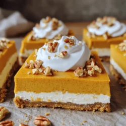 To make No Bake Pumpkin Cheesecake Bars, you need a few simple ingredients. Here’s the list: - 1 ½ cups graham cracker crumbs - ½ cup unsalted butter, melted - 2 tablespoons brown sugar - 16 oz cream cheese, softened - 1 cup powdered sugar - 1 cup canned pumpkin puree - 1 teaspoon vanilla extract - 1 teaspoon pumpkin pie spice - 1 cup whipped cream (for topping) - Crushed pecans or walnuts (for garnish) Each ingredient plays a key role in the final taste and texture. The graham cracker crumbs create a sweet, crunchy base. The melted butter helps bind the crumbs together. Brown sugar adds extra sweetness and a hint of caramel flavor. Cream cheese forms the rich and creamy filling. Powdered sugar sweetens the mix without being grainy. Canned pumpkin puree gives that classic fall flavor and color. Vanilla extract enhances the overall taste, while pumpkin pie spice adds warmth and aroma. Whipped cream on top makes each bite light and airy. Crushed nuts add a nice crunch and depth. Using these fresh, quality ingredients will make your cheesecake bars stand out. If you want the full recipe, you can check the details above. To make the crust, start by mixing the graham cracker crumbs, melted butter, and brown sugar. Use a medium bowl for this. Stir until the crumbs look like wet sand. Next, press the mixture firmly into the bottom of a 9x9-inch baking dish. Make sure it is even. After that, chill the crust in the fridge for about 10-15 minutes. This helps it set nicely. Now it's time to make the filling. In a large mixing bowl, beat the softened cream cheese with an electric mixer. Mix until it is smooth and creamy. Next, gradually add the powdered sugar. Keep mixing until it is well combined. Then, add the pumpkin puree, vanilla extract, and pumpkin pie spice. Beat until everything is fully mixed and the filling looks smooth. Once your filling is ready, pour it over the chilled crust. Use a spatula to spread it evenly. Make sure the top is nice and smooth. Now cover the dish with plastic wrap. Place it in the fridge for at least 4-6 hours to set. For the best results, let it chill overnight. When it is set, take it out and cut into squares or rectangles. Each piece should look delicious. Top with whipped cream and sprinkle crushed pecans or walnuts on top for extra crunch. Enjoy these easy and delicious No Bake Pumpkin Cheesecake Bars! For the full recipe, check out the recipe section above. To get the best crust, start with quality graham cracker crumbs. You can buy them or crush whole crackers. The key is to make sure they are fine and even. This gives your crust a nice, smooth base. Chilling the crust is also really important. After pressing the crumb mixture into the dish, let it chill for 10-15 minutes. This helps the butter set and keeps the crust firm. A firm crust ensures your cheesecake bars hold their shape when you cut them. For a smooth and creamy filling, start with softened cream cheese. Beat it well until it’s fluffy. Gradually add sugar, mixing it in slowly. This method avoids lumps in your filling. If you don’t have pumpkin pie spice, you can make your own. Use cinnamon, nutmeg, and ginger for great flavor. Just mix them together in equal parts. This will give your filling the warm, spiced taste you want. When serving your cheesecake bars, think about fun ways to make them stand out. You can cut them into fun shapes or use colorful plates. This makes a simple dessert feel special. For garnishing, add a dollop of whipped cream on top. Sprinkle crushed pecans or walnuts for a nice crunch. This not only adds texture but also makes your bars look pretty. Enjoy the gorgeous presentation just as much as the taste! For the full recipe, check out the [Full Recipe] section. {{image_2}} You can make your No Bake Pumpkin Cheesecake Bars even better with a few simple tweaks. For a fun twist, try adding chocolate or caramel swirls. Just melt your favorite chocolate or caramel sauce and swirl it into the filling. This adds a rich taste that pairs well with pumpkin. You can also mix in different spices like nutmeg or extra cinnamon. These spices deepen the flavor and bring warmth to every bite. If you want a dairy-free version, use vegan cream cheese and whipped cream. They work well and keep the texture creamy. For a gluten-free option, swap graham cracker crumbs with gluten-free crumbs or nuts. Both substitutions keep the crust tasty and crunchy. Serving your cheesecake bars is where the fun begins! Pair them with a scoop of vanilla ice cream for a cold treat. The creaminess of the ice cream balances the rich pumpkin flavor. You can also serve them with seasonal fruits like apples or pears. A drizzle of warm caramel or a berry sauce adds a nice touch. These ideas make your dessert even more special. Check the Full Recipe for more tips! To keep your No Bake Pumpkin Cheesecake Bars fresh, refrigerate them right after cutting. Use an airtight container to prevent drying out. If you have leftovers, place parchment paper between the bars. This keeps them from sticking together. Freezing the bars is an option for longer storage. Wrap each bar in plastic wrap. Then, place them in a freezer-safe bag. This method helps maintain flavor and texture. In the fridge, these bars last about 4 to 5 days. Always check for signs of spoilage. If you see any mold or smell an off odor, it’s best to discard them. If you freeze the bars, they can last up to 2 months. When you’re ready to eat, thaw them in the fridge overnight. Enjoy the deliciousness again with the same great taste! Yes, you can. These bars are perfect for preparing in advance. They need time to chill in the fridge, so I suggest making them the night before. This gives the flavors time to blend. Aim for a chilling time of at least 4-6 hours. For best results, let them set overnight. This way, you will have a tasty treat ready to serve when you need it. If you want a change, there are many options. You can use crushed cookies like Oreos for a chocolate twist. If you need a gluten-free option, almond flour or gluten-free cookies work well too. For a healthier choice, try crushed nuts or oats. Each option gives a unique taste and texture. Pick what fits your needs best. These cheesecake bars can last in the fridge for about 5-7 days. To keep them fresh, store them in an airtight container. If you want to keep them longer, you can freeze them for up to 2 months. Just remember to wrap them well. Before serving, let them thaw in the fridge. Enjoy your delicious bars at their best! This blog post covered how to make no-bake pumpkin cheesecake bars. We discussed the ingredients, from graham cracker crumbs to whipped cream. You learned step-by-step instructions for preparing the crust and filling. We also shared tips for the perfect texture and creative presentation ideas. You can enjoy these bars in many ways, with fun variations and smart storage tips. With this guide, you’ll impress friends and family. Making these delicious treats is simple and fun. Enjoy your baking adventure!