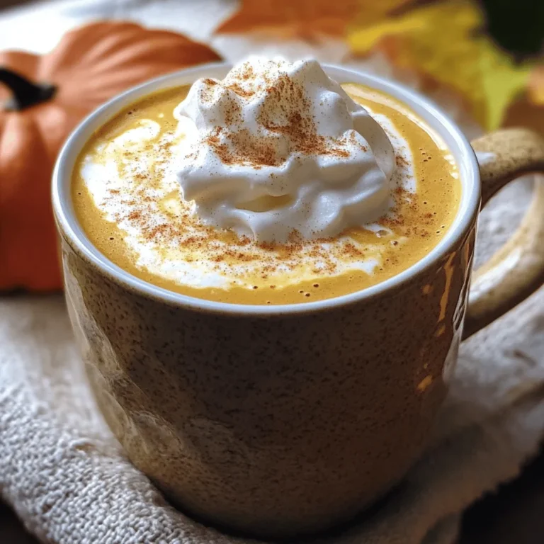 - 2 cups milk (dairy or non-dairy) - 2 tablespoons pumpkin puree - 1 tablespoon sugar - 1 teaspoon vanilla extract - 1 teaspoon pumpkin pie spice - 1 cup brewed coffee The main ingredients in this recipe create a rich and creamy drink. The milk gives it a smooth texture. You can choose dairy or non-dairy milk. Pumpkin puree adds a fresh taste. Sugar sweetens the drink, but you can adjust it to your liking. Vanilla extract brings warmth, while pumpkin pie spice adds that classic fall flavor. - Whipped cream for topping - Dash of cinnamon for garnish Adding whipped cream on top makes it feel special. A dash of cinnamon gives it a nice touch and extra flavor. These optional ingredients can enhance your drink and make it look great. - Dairy alternatives for milk - Sweetener options If you prefer non-dairy, almond or oat milk works well. These options keep the drink tasty. For sweeteners, try honey or maple syrup instead of sugar. Each option can change the taste, so feel free to experiment. Using these suggestions, you can create a drink that suits your taste. For the full recipe, be sure to check out the complete details. Start by combining the following ingredients in a small saucepan: - 2 cups milk (dairy or non-dairy) - 2 tablespoons pumpkin puree - 1 tablespoon sugar (adjust to taste) - 1 teaspoon vanilla extract - 1 teaspoon pumpkin pie spice Whisk these ingredients together. Warm them over medium heat. Keep whisking until the mixture is hot but not boiling. This helps blend all the flavors well. Now, let’s froth the pumpkin milk mixture. You can use a milk frother or a whisk. - If using a milk frother, submerge it fully into the mixture. Move it up and down quickly. - If using a whisk, whisk vigorously until the mixture is light and airy. Aim for a thick, creamy froth. This makes your latte feel rich and satisfying. While your milk mixture warms, brew your coffee or espresso. - You can use 1 cup of brewed coffee or 1 espresso shot. - If using coffee, make sure it’s strong enough to balance the sweet pumpkin mix. Measure the right quantity. This ensures every sip tastes just right. Pour the hot coffee into a large mug, then add the frothed pumpkin milk mixture on top. Stir gently to combine. Enjoy the warm, cozy flavors of your homemade drink! For the complete recipe, check the Full Recipe section. To make the best pumpkin spice latte, balance sweetness and spice. Start with one tablespoon of sugar. You can add more if you prefer it sweeter. Taste as you go. For the pumpkin puree, use two tablespoons. If you want a stronger pumpkin flavor, add an extra tablespoon. Just be careful; too much can make it too thick. If you want a creamy texture, try different milk options. Almond milk or oat milk can work well. They give a nice taste and still feel rich. If you want more creaminess, use heavy cream instead of milk. You can mix half cream and half milk for a good balance. This makes the latte feel luxurious. Choose a big, pretty mug for your latte. A clear glass mug shows off the layers. Serve it with a cookie or a slice of cake. A pumpkin muffin pairs nicely too. These treats can make your drink feel special. Remember, the right snack can enhance your latte experience. For the full recipe, check out the instructions above. Enjoy your homemade treat! {{image_2}} You can add chai spices to your pumpkin spice latte for a fun twist. Just add a pinch of cardamom, ginger, and cloves to the pumpkin milk mixture. This will give you a warm and cozy drink. If you love sweet flavors, try flavored syrups. Vanilla, caramel, or even hazelnut syrups can boost your latte's flavor. Want to enjoy this drink iced? You can easily make a cold brew version. Start by brewing your coffee using a cold brew method. This will keep it smooth and less bitter. For the milk mixture, use cold milk instead of heating it. Whisk the ingredients together and pour the cold brew over ice. Then, add the frothed pumpkin milk on top. If you prefer a vegan option, use almond or oat milk. These plant-based milks create a creamy texture. Replace regular sugar with maple syrup or a sugar-free sweetener like stevia. This keeps your drink sweet without the sugar. You can still enjoy the rich flavors while sticking to your dietary needs. To store any leftover pumpkin milk mixture, pour it into an airtight container. Seal it tight and place it in the fridge. This will keep it fresh for your next cup. For brewed coffee, store it in a separate container. Make sure to cover it well to avoid any odors from the fridge. This way, your coffee stays tasty. When you want to enjoy your pumpkin latte again, pour it into a saucepan. Heat it gently over medium-low heat. Stir often to keep it from burning. To keep the froth, use a milk frother after heating. This will restore that lovely light texture. You can safely drink your pumpkin spice latte for up to four days if stored correctly. After that, it may not taste great. Look for signs of spoilage, like a sour smell or changes in color. If you see any of these, it’s best to throw it out. Enjoy your homemade pumpkin spice latte with peace of mind! You can use pumpkin spice, but it won’t taste the same. Pumpkin puree gives a rich, creamy texture. It also adds natural sweetness and a deep pumpkin flavor. Pumpkin spice is mainly cinnamon, nutmeg, and ginger. It adds warmth but lacks the true pumpkin taste. If you try pumpkin spice, use less sugar since it’s not as sweet. You can use any milk you like. Dairy milk gives a rich, creamy flavor. Whole milk makes it extra creamy. If you want a lighter option, use skim milk. Non-dairy milk works too! Almond, oat, or soy milk are great choices. Oat milk is especially creamy and pairs well with pumpkin. Just pick what you enjoy most! Yes, you can use decaf coffee for this recipe. It still tastes just as good! If you want to cut caffeine, decaf is a smart choice. Just brew your decaf as you usually would. The pumpkin flavors shine through, regardless of caffeine content. Enjoy your drink any time of day! For the full recipe, check out the Better Than Starbucks Pumpkin Spice Latte recipe. In this post, we explored how to make a delicious pumpkin spice latte. We covered key ingredients, cooking steps, tips, and variations to enhance your drink. Remember, you can adjust the sweetness and spice to your liking. If you want a dairy-free version, there are easy swaps. Enjoy your coffee just how you like it! These simple steps will help you create the perfect cup at home. Now, go ahead and impress your friends with your new latte skills!