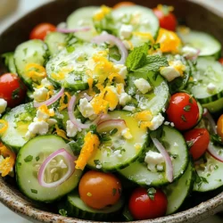 - 2 large cucumbers, thinly sliced - 1 cup cherry tomatoes, halved - 1/2 red onion, thinly sliced Cucumbers are the star of this dish. They bring a cool crunch. I like to use large cucumbers for more flavor. Cherry tomatoes add sweetness and color. Their bright red hue makes the salad pop. Red onion gives a sharp bite. Thin slicing makes it easier to eat. - Zest and juice of 1 lemon - Zest and juice of 1 orange - 1 tablespoon honey - 2 tablespoons olive oil The dressing is bright and zesty. Lemon and orange zest add freshness. Honey gives a hint of sweetness. Olive oil ties it all together with richness. Mixing these ingredients creates a tasty dressing. - 1/4 cup fresh mint leaves, chopped - 1/4 cup feta cheese, crumbled - Avocado, diced - Nuts and seeds For a twist, add fresh mint. It brings a refreshing taste. Feta cheese adds creaminess and salt. Diced avocado makes the salad more filling. Nuts and seeds give a crunchy texture. You can mix and match these add-ins for variety. Try the full recipe for a delightful meal! - Wash and slice the cucumbers - Halve the cherry tomatoes - Prepare the red onion Start by washing the cucumbers under cold water. This step cleans off any dirt and chemicals. Then, slice the cucumbers into thin rounds. Thin slices make the salad crisp and easy to eat. Next, take your cherry tomatoes and cut them in half. This helps them mix well with the cucumbers. For the red onion, slice it thinly. This way, it adds a strong flavor without being overpowering. - Whisk together citrus juices and honey - Combine with olive oil In a small bowl, whisk the lemon juice, orange juice, and honey. This mix brings a sweet and tart flavor. It brightens the salad and balances the veggies. Next, add olive oil to the citrus mix. Whisk again until everything is well combined. This dressing is key to making the salad shine. - Toss the vegetables and dressing - Add herbs and feta cheese - Let sit before serving In a large bowl, combine the cucumbers, cherry tomatoes, and red onion. Pour the dressing over the veggies. Toss gently to coat all the pieces. Now, add the chopped mint and crumbled feta cheese. Fold them in carefully to keep the feta intact. Let the salad sit for about 10 minutes. This waiting time allows the flavors to meld beautifully. For the full recipe, please refer to the earlier section. - Look for firmness and color. Choose cucumbers that feel hard and bright green. - Avoid blemished cucumbers. Check for soft spots or wrinkles, which mean they are old. - Tips for seasoning. Use salt, pepper, and a splash of vinegar to boost taste. - Using different herbs. Fresh mint, dill, or parsley can add new layers of flavor. - Best eaten fresh. Serve your salad right after making it for the best crunch. - Pairing with grilled meats. This salad goes well with chicken, beef, or fish for a full meal. For a full experience, try the Crisp Citrus Cucumber Salad recipe. {{image_2}} Cucumber salad offers many fun ways to mix things up. You can explore classic, seasonal, and dietary adaptations that make every bite exciting. One classic twist is Greek-style cucumber salad. You can add olives and crumbled feta. This adds a tangy flavor and brings in a bit of salty goodness. Another fun variation is Thai-inspired cucumber salad. Here, you can use a peanut dressing. It gives the salad a rich flavor and a creamy texture. The nutty taste pairs well with fresh cucumbers. Seasonal ingredients can change your salad game. You can add summer fruits like berries or peaches. Their sweetness balances the crispness of cucumbers. Utilizing roasted vegetables is another great idea. Roasted peppers or zucchini can add depth and warmth. This makes the salad hearty and filling. For those who need gluten-free options, you’re in luck. Cucumber salad is naturally gluten-free. Just be sure to check your dressing ingredients. If you want vegan modifications, skip the feta cheese. You can use avocado for creaminess. This swap keeps your salad tasty and plant-based. These variations keep your cucumber salad fresh and exciting. You can enjoy it as a side dish or a light meal. Check out the Full Recipe for more ideas! To keep your cucumber salad fresh, use airtight containers. Glass jars or plastic containers work well. Make sure the lids seal tightly. Store it in the fridge for the best results. It stays fresh for about 2 to 3 days. When you prep in advance, keep ingredients separate. Slice cucumbers and onions, but don’t mix them yet. This helps keep them crisp. You can prepare the dressing ahead too. Just store it in a jar. Mix it with the veggies right before serving. You should not freeze cucumber salad. Cucumbers lose their crunch when frozen. If you freeze it, thawing may make it watery. If you want to serve it later, store the dressing and veggies separately. This way, you keep the salad fresh and tasty. To make your cucumber salad crunchier, select fresh cucumbers. Look for firm ones with smooth skin. You can also slice cucumbers thinly. This helps them stay crisp. Another tip is to salt the cucumbers. Let them sit for 10 minutes. Rinse and dry them before mixing. Adding nuts or seeds boosts crunch too. Try sunflower seeds or chopped almonds for a nice texture. To keep cucumbers from getting soggy, avoid over-salting them. Salt draws out water, making them wet. Instead, sprinkle a little just before serving. You can also remove seeds from the cucumbers. This helps reduce moisture. Consider using a salad spinner to dry washed cucumbers. This way, your salad stays fresh and crisp longer. Cucumber salad lasts about 2 to 3 days in the fridge. Store it in an airtight container. Keep it away from strong-smelling foods. If you notice extra moisture, drain it off. The salad may lose its crunch after a day. For best taste, enjoy it fresh. Yes, you can add other veggies to your cucumber salad. Bell peppers add color and crunch. Carrots bring a sweet flavor. Radishes add spice and crunch too. You can mix and match based on what you like. Just remember that different veggies change the taste. Feel free to experiment and enjoy! In this post, we explored how to make a fresh cucumber salad. We covered essential ingredients like cucumbers, cherry tomatoes, and red onion. You learned how to prepare the dressing and assemble the salad for maximum flavor. We also shared tips for choosing the best cucumbers and enhancing taste. Remember, fresh salads are great with grilled meats or as stand-alone dishes. Enjoy experimenting with different flavors and textures to make this dish your own!