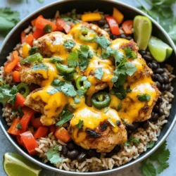- 1 lb boneless, skinless chicken thighs, cut into bite-sized pieces - 1 tablespoon olive oil - 1 teaspoon chili powder - 1 teaspoon cumin - 1 teaspoon garlic powder - 1/2 teaspoon smoked paprika - Salt and pepper to taste - 1 cup uncooked brown rice - 2 cups chicken broth - 1 can (15 oz) black beans, drained and rinsed - 1 cup corn (fresh, frozen, or canned) - 1 large bell pepper, diced (any color) - 1 cup salsa - 1 cup shredded cheese (cheddar or Mexican blend) - Fresh cilantro, chopped, for garnish - Lime wedges, for serving The One-Pan Chicken Burrito Bowl is simple and packed with flavor. You will need chicken, rice, beans, and lots of fresh veggies. Chicken thighs work best here. They are juicy and tender. You can use brown rice for fiber. This dish also needs black beans and corn for texture and taste. Spices are the key to making this dish pop. Chili powder, cumin, and garlic powder add warmth and depth. Smoked paprika gives a nice twist. Use salt and pepper to taste. For toppings, you can’t forget the cheese. I suggest shredded cheddar or a Mexican blend. Fresh cilantro brings brightness, while lime wedges add a zesty kick. One serving of this burrito bowl has about 450 calories. It packs around 30 grams of protein. You also get about 50 grams of carbohydrates and 15 grams of fat. This recipe is gluten-free if you use gluten-free broth. It’s a great option for those with dietary needs. You can enjoy a delicious meal without worries. For the full recipe, check out the detailed instructions. To start, gather your ingredients. You need chicken, spices, rice, beans, and veggies. I like to cut the chicken thighs into bite-sized pieces for easy cooking. Next, season the chicken. Use salt, pepper, chili powder, cumin, garlic powder, and smoked paprika. Mix these well to make sure each piece is coated. Now, heat a large skillet over medium heat. Pour in the olive oil and let it warm up. Once hot, add the seasoned chicken to the skillet. Cook for about 5-6 minutes, stirring often, until the chicken turns golden brown. After the chicken is browned, it’s time to add the rice and broth. Stir in one cup of uncooked brown rice and two cups of chicken broth. This will make the dish hearty and filling. Next, add the black beans, corn, diced bell pepper, and salsa. Stir everything together. Bring the mixture to a boil. This step is key to getting the rice to cook well. Once boiling, reduce the heat to low. Cover the pan tightly. Let it simmer for 25-30 minutes. This allows the rice to soak up all the tasty broth. When the rice is fully cooked, take the pan off the heat. Sprinkle the shredded cheese over the top. Cover it again for a few minutes. This helps the cheese melt nicely. After the cheese melts, fluff the burrito bowl with a fork. Garnish it with fresh cilantro for a pop of color and flavor. Serve with lime wedges on the side for an extra zing. For the full recipe, refer back to the ingredients listed above. To make the chicken juicy and tasty, season it well. I use salt, pepper, chili powder, cumin, garlic powder, and smoked paprika. Mix these spices with the chicken pieces before cooking. This helps the flavors soak in. For perfect rice, rinse it first. This removes excess starch and keeps it fluffy. Cook the rice with chicken broth instead of water. This adds more flavor to your burrito bowl. Prep your ingredients ahead of time. Cut the chicken and vegetables before you start cooking. This saves time and makes cooking smoother. Using frozen vegetables is a great hack. They are quick to use and still taste good. You can add corn or bell peppers straight from the freezer. Want to spice things up? Try adding cayenne pepper for heat. You can also use taco seasoning for a different flavor. If you like toppings, consider avocado, sour cream, or jalapeños. Adjust the spice levels based on your taste. Start with a little, and add more if you want. For the full recipe, check out the One-Pan Chicken Burrito Bowl. It is fun and easy to make! {{image_2}} You can make this dish even healthier. First, try using quinoa instead of brown rice. Quinoa packs more protein and fiber. This swap adds a nutty taste. You can also use leaner cuts of chicken. Chicken breast is a great option. If you prefer plant-based proteins, use tofu or tempeh. These choices keep the meal light and healthy. You can change the beans in your bowl. Black beans are great, but pinto or kidney beans work well too. Each bean brings a different taste and texture. You can also switch up the veggies. Try adding zucchini, spinach, or even sweet potatoes. These swaps make your bowl unique and tasty. Want a fun twist? Turn your burrito bowl into a wrap! Just fill a large tortilla with the mixture. You can also serve it as a salad. Just add greens like romaine or spinach. For a crunchy snack, use it as a topping for nachos. This way, you can enjoy the flavors in different styles. For the full recipe, check out the One-Pan Chicken Burrito Bowl recipe above. After cooking, let your One-Pan Chicken Burrito Bowl cool down. Store it in an airtight container. This helps keep the flavors fresh. Place the bowl in your fridge. It should stay good for up to four days. When you store leftovers, make sure to separate any toppings. This keeps them from getting soggy. If you want to save some for later, freezing is a great choice. Let the dish cool completely first. Then, place it in freezer-safe containers. You can also use freezer bags. Remove as much air as possible. This helps prevent freezer burn. To reheat, thaw it in the fridge overnight. Then, heat it in a pan or microwave until hot. In the fridge, leftovers can last about four days. If you freeze them, they can stay good for up to three months. Always check for signs of spoilage before eating. Look for off smells or changes in color. If it looks or smells strange, it’s best to throw it out. Following these tips will keep your meal tasty and safe! You can swap chicken for tofu or tempeh. Both are great protein sources. Use the same spices to keep the flavor strong. You can also add more beans like pinto or kidney beans. Toss in some extra veggies like zucchini or mushrooms for texture. Yes, you can use white rice, jasmine, or basmati rice. For white rice, cook it for about 15-20 minutes. Jasmine rice takes about the same time, while basmati rice cooks in about 10-12 minutes. Adjust the liquid if needed, as some rice types may require less. Consider serving tortilla chips for crunch. A side salad with fresh greens and tomatoes works well too. For a refreshing touch, add guacamole or a dollop of sour cream. You can also serve Mexican corn on the side for some sweetness. Yes, you can prep the ingredients ahead of time. Chop the veggies and store them in the fridge. You can also cook the chicken and rice mix a day before. Just reheat it on the stove or in the microwave. This way, you save time when you're ready to eat. Check the [Full Recipe](#) for more details! This article covered how to make One-Pan Chicken Burrito Bowls. We explored the main ingredients, including chicken, rice, beans, and spices. I gave you step-by-step instructions and tips for the best results. You can customize the dish in many ways, including healthier options. Remember to store leftovers properly for future meals. One-Pan Chicken Burrito Bowls provide a tasty, easy solution for busy days. Enjoy cooking and experimenting with flavors!