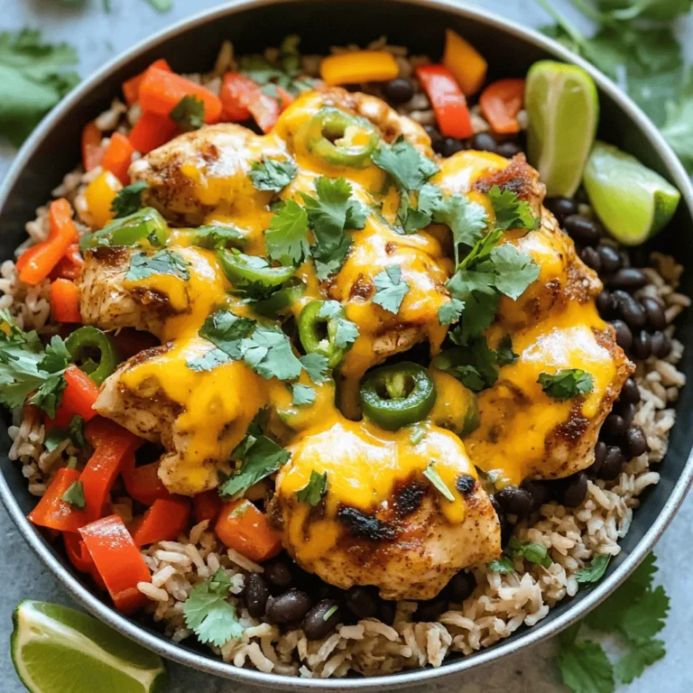 - 1 lb boneless, skinless chicken thighs, cut into bite-sized pieces - 1 tablespoon olive oil - 1 teaspoon chili powder - 1 teaspoon cumin - 1 teaspoon garlic powder - 1/2 teaspoon smoked paprika - Salt and pepper to taste - 1 cup uncooked brown rice - 2 cups chicken broth - 1 can (15 oz) black beans, drained and rinsed - 1 cup corn (fresh, frozen, or canned) - 1 large bell pepper, diced (any color) - 1 cup salsa - 1 cup shredded cheese (cheddar or Mexican blend) - Fresh cilantro, chopped, for garnish - Lime wedges, for serving The One-Pan Chicken Burrito Bowl is simple and packed with flavor. You will need chicken, rice, beans, and lots of fresh veggies. Chicken thighs work best here. They are juicy and tender. You can use brown rice for fiber. This dish also needs black beans and corn for texture and taste. Spices are the key to making this dish pop. Chili powder, cumin, and garlic powder add warmth and depth. Smoked paprika gives a nice twist. Use salt and pepper to taste. For toppings, you can’t forget the cheese. I suggest shredded cheddar or a Mexican blend. Fresh cilantro brings brightness, while lime wedges add a zesty kick. One serving of this burrito bowl has about 450 calories. It packs around 30 grams of protein. You also get about 50 grams of carbohydrates and 15 grams of fat. This recipe is gluten-free if you use gluten-free broth. It’s a great option for those with dietary needs. You can enjoy a delicious meal without worries. For the full recipe, check out the detailed instructions. To start, gather your ingredients. You need chicken, spices, rice, beans, and veggies. I like to cut the chicken thighs into bite-sized pieces for easy cooking. Next, season the chicken. Use salt, pepper, chili powder, cumin, garlic powder, and smoked paprika. Mix these well to make sure each piece is coated. Now, heat a large skillet over medium heat. Pour in the olive oil and let it warm up. Once hot, add the seasoned chicken to the skillet. Cook for about 5-6 minutes, stirring often, until the chicken turns golden brown. After the chicken is browned, it’s time to add the rice and broth. Stir in one cup of uncooked brown rice and two cups of chicken broth. This will make the dish hearty and filling. Next, add the black beans, corn, diced bell pepper, and salsa. Stir everything together. Bring the mixture to a boil. This step is key to getting the rice to cook well. Once boiling, reduce the heat to low. Cover the pan tightly. Let it simmer for 25-30 minutes. This allows the rice to soak up all the tasty broth. When the rice is fully cooked, take the pan off the heat. Sprinkle the shredded cheese over the top. Cover it again for a few minutes. This helps the cheese melt nicely. After the cheese melts, fluff the burrito bowl with a fork. Garnish it with fresh cilantro for a pop of color and flavor. Serve with lime wedges on the side for an extra zing. For the full recipe, refer back to the ingredients listed above. To make the chicken juicy and tasty, season it well. I use salt, pepper, chili powder, cumin, garlic powder, and smoked paprika. Mix these spices with the chicken pieces before cooking. This helps the flavors soak in. For perfect rice, rinse it first. This removes excess starch and keeps it fluffy. Cook the rice with chicken broth instead of water. This adds more flavor to your burrito bowl. Prep your ingredients ahead of time. Cut the chicken and vegetables before you start cooking. This saves time and makes cooking smoother. Using frozen vegetables is a great hack. They are quick to use and still taste good. You can add corn or bell peppers straight from the freezer. Want to spice things up? Try adding cayenne pepper for heat. You can also use taco seasoning for a different flavor. If you like toppings, consider avocado, sour cream, or jalapeños. Adjust the spice levels based on your taste. Start with a little, and add more if you want. For the full recipe, check out the One-Pan Chicken Burrito Bowl. It is fun and easy to make! {{image_2}} You can make this dish even healthier. First, try using quinoa instead of brown rice. Quinoa packs more protein and fiber. This swap adds a nutty taste. You can also use leaner cuts of chicken. Chicken breast is a great option. If you prefer plant-based proteins, use tofu or tempeh. These choices keep the meal light and healthy. You can change the beans in your bowl. Black beans are great, but pinto or kidney beans work well too. Each bean brings a different taste and texture. You can also switch up the veggies. Try adding zucchini, spinach, or even sweet potatoes. These swaps make your bowl unique and tasty. Want a fun twist? Turn your burrito bowl into a wrap! Just fill a large tortilla with the mixture. You can also serve it as a salad. Just add greens like romaine or spinach. For a crunchy snack, use it as a topping for nachos. This way, you can enjoy the flavors in different styles. For the full recipe, check out the One-Pan Chicken Burrito Bowl recipe above. After cooking, let your One-Pan Chicken Burrito Bowl cool down. Store it in an airtight container. This helps keep the flavors fresh. Place the bowl in your fridge. It should stay good for up to four days. When you store leftovers, make sure to separate any toppings. This keeps them from getting soggy. If you want to save some for later, freezing is a great choice. Let the dish cool completely first. Then, place it in freezer-safe containers. You can also use freezer bags. Remove as much air as possible. This helps prevent freezer burn. To reheat, thaw it in the fridge overnight. Then, heat it in a pan or microwave until hot. In the fridge, leftovers can last about four days. If you freeze them, they can stay good for up to three months. Always check for signs of spoilage before eating. Look for off smells or changes in color. If it looks or smells strange, it’s best to throw it out. Following these tips will keep your meal tasty and safe! You can swap chicken for tofu or tempeh. Both are great protein sources. Use the same spices to keep the flavor strong. You can also add more beans like pinto or kidney beans. Toss in some extra veggies like zucchini or mushrooms for texture. Yes, you can use white rice, jasmine, or basmati rice. For white rice, cook it for about 15-20 minutes. Jasmine rice takes about the same time, while basmati rice cooks in about 10-12 minutes. Adjust the liquid if needed, as some rice types may require less. Consider serving tortilla chips for crunch. A side salad with fresh greens and tomatoes works well too. For a refreshing touch, add guacamole or a dollop of sour cream. You can also serve Mexican corn on the side for some sweetness. Yes, you can prep the ingredients ahead of time. Chop the veggies and store them in the fridge. You can also cook the chicken and rice mix a day before. Just reheat it on the stove or in the microwave. This way, you save time when you're ready to eat. Check the [Full Recipe](#) for more details! This article covered how to make One-Pan Chicken Burrito Bowls. We explored the main ingredients, including chicken, rice, beans, and spices. I gave you step-by-step instructions and tips for the best results. You can customize the dish in many ways, including healthier options. Remember to store leftovers properly for future meals. One-Pan Chicken Burrito Bowls provide a tasty, easy solution for busy days. Enjoy cooking and experimenting with flavors!