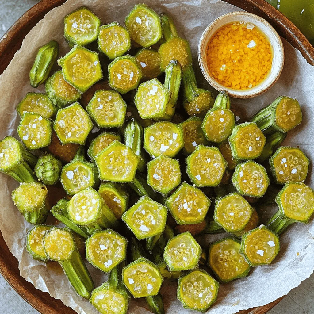 Fresh okra is the star of this dish. Look for firm, bright green pods. They should feel smooth to the touch. Choose okra that is small to medium-sized for the best taste. Larger okra can be tough and stringy. The right seasonings make this dish pop. Here’s what you need: - 1 pound fresh okra, sliced into ½ inch rounds - 1 cup buttermilk - 1 cup cornmeal - ½ cup all-purpose flour - 1 teaspoon garlic powder - 1 teaspoon onion powder - ½ teaspoon cayenne pepper (adjust to taste) - Salt and black pepper to taste Buttermilk adds tang and moisture. Cornmeal gives crunch. Garlic and onion powder boost flavor. Cayenne adds heat, but you can adjust it. Dipping sauces can elevate your fried okra. Here are a few ideas: - Spicy remoulade - Classic ranch dressing - Creamy garlic aioli Each sauce adds a unique twist. Try them all to find your favorite! For the full recipe, check out my Crispy Fried Okra Delight 🥘. To start, rinse the fresh okra under cold water. This helps clean off any dirt. After rinsing, use a paper towel to pat them dry. Removing moisture is key. If you skip this step, the batter won’t stick well. Next, slice the okra into ½ inch rounds. This size helps them fry evenly. Place the sliced okra in a large bowl. Pour in the buttermilk and mix well so all pieces are coated. Let it sit for about 15 minutes. This soaking time allows the flavors to soak in. In a second bowl, combine the cornmeal, all-purpose flour, garlic powder, onion powder, cayenne pepper, salt, and black pepper. Stir until mixed well. This mix gives your okra a flavor boost and a crispy crust. After the soaking time, take each piece of okra out of the buttermilk. Dredge them in the cornmeal mixture. Make sure they are well coated. Shake off any excess flour to avoid clumping. A good coat makes for extra crunch. Heat about 1 inch of vegetable oil in a heavy skillet over medium-high heat. To test if the oil is hot enough, drop a small pinch of the cornmeal mix in. If it bubbles and sizzles, you’re ready to fry. Carefully place the okra into the hot oil. Do not overcrowd the skillet. Fry them in batches if needed. Cook for about 3 to 4 minutes, or until they turn golden brown. This timing ensures they get crispy without burning. Once fried, use a slotted spoon to move the okra to a plate lined with paper towels. This step helps drain any extra oil. Serve the crispy fried okra hot and enjoy. If you want the full recipe, check out the details above. To get the best crunch from your okra, follow these simple tips. First, dry the okra well after washing. Moisture can make the coating soggy. Next, let the okra sit in buttermilk for about 15 minutes. This helps the coating stick better. For the coating, mix cornmeal with flour and spices. This combo gives a great crunch. Finally, fry the okra in hot oil. The oil should be around 350°F. This keeps the outside crispy and the inside tender. Many people make simple mistakes when frying okra. One mistake is overcrowding the pan. Fry in small batches to ensure even cooking. Another mistake is not heating the oil enough. If the oil is too cool, the okra will soak up oil and become greasy. Also, avoid skipping the buttermilk step. It adds flavor and helps the coating stick. Lastly, don’t forget to shake off excess coating before frying. This keeps the pieces from clumping together. The right tools can make your frying easier. A heavy skillet or a deep fryer works best for frying okra. Cast iron skillets hold heat well and give a nice crisp. Use a slotted spoon to lift out the okra. This lets the oil drain quickly. A thermometer helps you check the oil temperature. For frying, a paper towel-lined plate is perfect for draining excess oil. If you like, consider using a deep-frying basket for easy handling. For the full recipe, check out the Crispy Fried Okra Delight. {{image_2}} Want to turn up the heat? Add more cayenne pepper to the cornmeal mix. You can also mix in some chili powder for extra flavor. This spice adds a kick that will excite your taste buds. Make sure to taste the mixture before coating the okra. Adjust the spice level to match your preference. You can always add more, but it's hard to take spice away. If you need a gluten-free option, swap the all-purpose flour with a gluten-free blend. You can use rice flour or almond flour for a nice crunch. Make sure the cornmeal you choose is certified gluten-free. This way, everyone can enjoy crispy fried okra without worry. The flavors will still shine through, and you won’t miss the gluten at all. Want to make your okra even more exciting? Add thinly sliced vegetables to the mix. Bell peppers, zucchini, or even jalapeños work great. Just slice them thin so they cook fast. Dredge them in the same cornmeal mix. This gives you a colorful and tasty snack. You’ll get a variety of textures and flavors with every bite. For a full recipe, check out Crispy Fried Okra Delight 🥘. To store leftover crispy fried okra, let it cool to room temperature. Place it in an airtight container. If you have a lot, layer it with paper towels. This helps absorb moisture and keeps it crispy. Store the container in the fridge. It’s best to eat the okra within a couple of days for the best taste. When reheating, the goal is to keep that crispy texture. Avoid the microwave, as it makes fried food soggy. Instead, preheat your oven to 375°F (190°C). Spread the okra on a baking sheet. Heat it for about 10-15 minutes until hot and crispy again. You can also use an air fryer. This gives a crunchy finish, just like when it was first made. Crispy fried okra lasts about 3 to 4 days in the fridge. Make sure it’s in a sealed container. If you freeze it, it can last up to 3 months. However, freezing may change the texture. For the best flavor and crunch, eat it fresh. If you want to know how to make it, check the Full Recipe for details. The best oil for frying okra is vegetable oil. It has a high smoke point, which means it can heat up without burning. Other good choices include canola oil and peanut oil. These oils also add great flavor without overpowering the okra. Always use fresh oil for the best results. Yes, you can make crispy fried okra in an air fryer. Preheat the air fryer to 400°F. After coating the okra, place a single layer in the basket. Cook for about 10-12 minutes, shaking the basket halfway through. This method gives you a healthier version with less oil. You still get that great crunch! To reduce okra's sliminess, start by soaking it in buttermilk for about 15 minutes. This helps draw out moisture. You can also coat it in cornmeal and flour before frying. Another trick is to slice the okra and let it sit for a few minutes to dry out. These steps help ensure a crispy texture. For the full recipe, check out the Crispy Fried Okra Delight section! Crispy fried okra is a treat you can master at home. We covered key ingredients like fresh okra and essential seasonings. I shared steps to prepare, coat, and fry for the best texture. Tips on equipment and common mistakes helped improve your skills. Variations offer fun twists, and storage info ensures your leftovers stay great. Enjoy your fried okra adventures and impress your friends with delicious results!