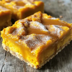 To make gooey pumpkin bars, gather these items: - 1 cup all-purpose flour - 1 cup brown sugar - 1/2 cup granulated sugar - 2 teaspoons baking powder - 1 teaspoon ground cinnamon - 1/2 teaspoon ground nutmeg - 1/4 teaspoon ground ginger - 1/2 teaspoon salt - 1 cup canned pumpkin puree - 1/2 cup vegetable oil - 2 large eggs - 1 teaspoon vanilla extract - 1/2 cup chocolate chips (optional) - 1/4 cup chopped pecans or walnuts (optional) These ingredients create a rich and flavorful treat. The chocolate chips and nuts add great texture. If you need gluten-free options, try using almond flour or coconut flour. Both work well in this recipe. For sweeteners, you can swap brown sugar with maple syrup or honey. Adjust the liquids slightly if you do. If you want a dairy-free version, use pumpkin puree from a can. It is naturally dairy-free. You can also replace eggs with flaxseed meal mixed with water for a vegan option. These substitutions let you enjoy gooey pumpkin bars in many ways. Don't hesitate to experiment with flavors and textures! To start, preheat your oven to 350°F (175°C). This step is key for even baking. Next, grease a 9x13 inch baking pan or line it with parchment paper. This will help you remove the bars later without a mess. In a large bowl, mix the dry ingredients. Combine the flour, brown sugar, granulated sugar, baking powder, cinnamon, nutmeg, ginger, and salt. Whisk until everything is well blended. In another bowl, mix the wet ingredients. Combine the pumpkin puree, vegetable oil, eggs, and vanilla extract. Stir until the mix is smooth and creamy. Now, it’s time to combine the mixes. Gradually add the wet mix to the dry mix. Stir gently until just combined. It’s okay if there are some lumps. This keeps the bars gooey. If you want to add chocolate chips or nuts, fold them in gently. This step adds texture and flavor. Spread the mixture evenly in the prepared pan. Bake the bars in your preheated oven for 25-30 minutes. To check for doneness, insert a toothpick into the center. It should come out clean, but a few moist crumbs are fine. This tells you the bars are done. Once baked, let them cool in the pan for about 10 minutes. Then, transfer them to a wire rack to cool completely. When they are cool, cut them into squares or rectangles. These bars will be rich and gooey, a true fall treat! You can find the full recipe to guide you through this process. To keep your pumpkin bars gooey, avoid overmixing. Mix the wet and dry ingredients until just combined. It’s okay if some lumps remain. Overmixing makes the bars dense and dry. For perfect baking, watch the time closely. Bake for 25-30 minutes. When a toothpick comes out clean, they’re ready. If you see moist crumbs, that’s fine. You want them soft and light. Serve your bars with a sprinkle of powdered sugar on top. A drizzle of caramel sauce makes them extra special. You can also add a sprinkle of cinnamon for flavor. Pair these bars with warm apple cider or a scoop of vanilla ice cream. The cold ice cream balances the warm bars perfectly. Make your bars look great with simple garnishes. Add a few pecans or a sprinkle of chocolate chips on top. This adds color and texture. When storing your bars, use a nice dish. A clear container shows off their rich color, making them look inviting for gatherings. {{image_2}} You can easily change the flavor of your gooey pumpkin bars. Adding spices can make them even better. For a pumpkin spice version, mix in more cinnamon, ginger, and nutmeg. Try adding a teaspoon of allspice or cloves for extra warmth. You can also add other ingredients. Chopped coconut adds a nice chewy texture. Dried cranberries give a sweet and tart flavor. If you love nuts, walnuts or pecans are great choices too. They add crunch and richness. Don’t be afraid to get creative and mix up flavors. If you want a healthier version, there are easy swaps. You can reduce the sugar by half. Try using whole grain flour instead of all-purpose flour. This makes the bars more nutritious and adds a nice nutty taste. For those who prefer vegan options, you can replace the eggs. Use flaxseed meal mixed with water to bind the ingredients. Instead of vegetable oil, try using applesauce. It keeps the bars moist and adds a hint of sweetness. These swaps keep the flavors rich while making them healthier. For the full recipe, see the beginning of the article. To keep your gooey pumpkin bars fresh, store them at room temperature. Use an airtight container for the best results. This helps maintain their soft, moist texture. Place a piece of parchment paper between layers if you stack them. This way, they won't stick together. Enjoy them within three to five days for the best taste. If you want to save some for later, freezing is a great option. Cut the bars into squares before freezing. Wrap each piece in plastic wrap, then place them in a freezer bag. This keeps them safe from freezer burn. They can last up to three months in the freezer without losing quality. To thaw, simply place them in the fridge overnight. You can also let them sit at room temperature for a couple of hours. For a special touch, warm them in the microwave for a few seconds before serving. These gooey pumpkin bars are still tasty even after freezing! Gooey pumpkin bars can stay fresh for about five days at room temperature. Store them in an airtight container to keep them moist. If you want them to last longer, you can freeze them. They will keep well for up to three months in the freezer. Just wrap them tightly in foil or plastic wrap before freezing. Thaw them overnight in the fridge when you’re ready to enjoy. Yes, you can make gooey pumpkin bars ahead of time! Bake them a day or two before you need them. Let them cool completely, then store them in an airtight container. This way, the flavors have time to blend. You can also freeze the bars. Just remember to let them cool first. This makes it easy to have a tasty treat ready when you need one. You can top gooey pumpkin bars with many delicious options! Here are some ideas: - Powdered sugar for a sweet dusting - Cream cheese frosting for a rich touch - Caramel sauce for a sweet drizzle - Chopped nuts for crunch - Whipped cream for a light finish Feel free to mix and match these toppings for extra flavor. Each one adds a fun twist to the bars, making them even more special! For the full recipe, check out the complete details above. You now have all the tools to make amazing gooey pumpkin bars. You learned about key ingredients and how to mix them perfectly. The baking steps were clear to help you achieve the right texture. Plus, we shared fun tips for serving and storing your bars. Remember, you can always adapt the recipe to fit your taste. Enjoy your baking journey and savor every delicious bite. Create your own variations and make these bars your own!