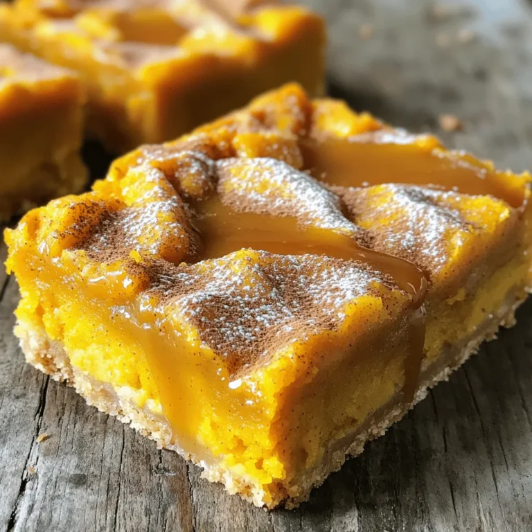 To make gooey pumpkin bars, gather these items: - 1 cup all-purpose flour - 1 cup brown sugar - 1/2 cup granulated sugar - 2 teaspoons baking powder - 1 teaspoon ground cinnamon - 1/2 teaspoon ground nutmeg - 1/4 teaspoon ground ginger - 1/2 teaspoon salt - 1 cup canned pumpkin puree - 1/2 cup vegetable oil - 2 large eggs - 1 teaspoon vanilla extract - 1/2 cup chocolate chips (optional) - 1/4 cup chopped pecans or walnuts (optional) These ingredients create a rich and flavorful treat. The chocolate chips and nuts add great texture. If you need gluten-free options, try using almond flour or coconut flour. Both work well in this recipe. For sweeteners, you can swap brown sugar with maple syrup or honey. Adjust the liquids slightly if you do. If you want a dairy-free version, use pumpkin puree from a can. It is naturally dairy-free. You can also replace eggs with flaxseed meal mixed with water for a vegan option. These substitutions let you enjoy gooey pumpkin bars in many ways. Don't hesitate to experiment with flavors and textures! To start, preheat your oven to 350°F (175°C). This step is key for even baking. Next, grease a 9x13 inch baking pan or line it with parchment paper. This will help you remove the bars later without a mess. In a large bowl, mix the dry ingredients. Combine the flour, brown sugar, granulated sugar, baking powder, cinnamon, nutmeg, ginger, and salt. Whisk until everything is well blended. In another bowl, mix the wet ingredients. Combine the pumpkin puree, vegetable oil, eggs, and vanilla extract. Stir until the mix is smooth and creamy. Now, it’s time to combine the mixes. Gradually add the wet mix to the dry mix. Stir gently until just combined. It’s okay if there are some lumps. This keeps the bars gooey. If you want to add chocolate chips or nuts, fold them in gently. This step adds texture and flavor. Spread the mixture evenly in the prepared pan. Bake the bars in your preheated oven for 25-30 minutes. To check for doneness, insert a toothpick into the center. It should come out clean, but a few moist crumbs are fine. This tells you the bars are done. Once baked, let them cool in the pan for about 10 minutes. Then, transfer them to a wire rack to cool completely. When they are cool, cut them into squares or rectangles. These bars will be rich and gooey, a true fall treat! You can find the full recipe to guide you through this process. To keep your pumpkin bars gooey, avoid overmixing. Mix the wet and dry ingredients until just combined. It’s okay if some lumps remain. Overmixing makes the bars dense and dry. For perfect baking, watch the time closely. Bake for 25-30 minutes. When a toothpick comes out clean, they’re ready. If you see moist crumbs, that’s fine. You want them soft and light. Serve your bars with a sprinkle of powdered sugar on top. A drizzle of caramel sauce makes them extra special. You can also add a sprinkle of cinnamon for flavor. Pair these bars with warm apple cider or a scoop of vanilla ice cream. The cold ice cream balances the warm bars perfectly. Make your bars look great with simple garnishes. Add a few pecans or a sprinkle of chocolate chips on top. This adds color and texture. When storing your bars, use a nice dish. A clear container shows off their rich color, making them look inviting for gatherings. {{image_2}} You can easily change the flavor of your gooey pumpkin bars. Adding spices can make them even better. For a pumpkin spice version, mix in more cinnamon, ginger, and nutmeg. Try adding a teaspoon of allspice or cloves for extra warmth. You can also add other ingredients. Chopped coconut adds a nice chewy texture. Dried cranberries give a sweet and tart flavor. If you love nuts, walnuts or pecans are great choices too. They add crunch and richness. Don’t be afraid to get creative and mix up flavors. If you want a healthier version, there are easy swaps. You can reduce the sugar by half. Try using whole grain flour instead of all-purpose flour. This makes the bars more nutritious and adds a nice nutty taste. For those who prefer vegan options, you can replace the eggs. Use flaxseed meal mixed with water to bind the ingredients. Instead of vegetable oil, try using applesauce. It keeps the bars moist and adds a hint of sweetness. These swaps keep the flavors rich while making them healthier. For the full recipe, see the beginning of the article. To keep your gooey pumpkin bars fresh, store them at room temperature. Use an airtight container for the best results. This helps maintain their soft, moist texture. Place a piece of parchment paper between layers if you stack them. This way, they won't stick together. Enjoy them within three to five days for the best taste. If you want to save some for later, freezing is a great option. Cut the bars into squares before freezing. Wrap each piece in plastic wrap, then place them in a freezer bag. This keeps them safe from freezer burn. They can last up to three months in the freezer without losing quality. To thaw, simply place them in the fridge overnight. You can also let them sit at room temperature for a couple of hours. For a special touch, warm them in the microwave for a few seconds before serving. These gooey pumpkin bars are still tasty even after freezing! Gooey pumpkin bars can stay fresh for about five days at room temperature. Store them in an airtight container to keep them moist. If you want them to last longer, you can freeze them. They will keep well for up to three months in the freezer. Just wrap them tightly in foil or plastic wrap before freezing. Thaw them overnight in the fridge when you’re ready to enjoy. Yes, you can make gooey pumpkin bars ahead of time! Bake them a day or two before you need them. Let them cool completely, then store them in an airtight container. This way, the flavors have time to blend. You can also freeze the bars. Just remember to let them cool first. This makes it easy to have a tasty treat ready when you need one. You can top gooey pumpkin bars with many delicious options! Here are some ideas: - Powdered sugar for a sweet dusting - Cream cheese frosting for a rich touch - Caramel sauce for a sweet drizzle - Chopped nuts for crunch - Whipped cream for a light finish Feel free to mix and match these toppings for extra flavor. Each one adds a fun twist to the bars, making them even more special! For the full recipe, check out the complete details above. You now have all the tools to make amazing gooey pumpkin bars. You learned about key ingredients and how to mix them perfectly. The baking steps were clear to help you achieve the right texture. Plus, we shared fun tips for serving and storing your bars. Remember, you can always adapt the recipe to fit your taste. Enjoy your baking journey and savor every delicious bite. Create your own variations and make these bars your own!