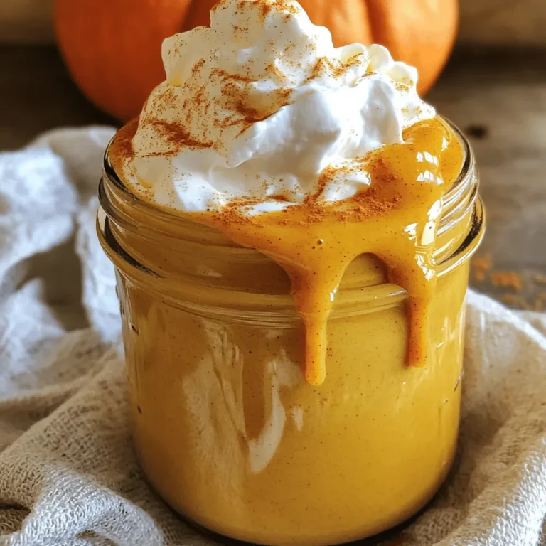 - 1 cup pumpkin puree - 1 cup coconut milk (or any milk of choice) - 1/2 cup brown sugar - 1/2 teaspoon vanilla extract - 1 teaspoon pumpkin pie spice - 1/2 teaspoon ground cinnamon - 1/4 teaspoon nutmeg - A pinch of salt - Whipped cream (for topping) - Dash of extra pumpkin pie spice (for garnish) This recipe is simple, yet full of flavor. Each ingredient plays a key role in creating that warm, cozy taste we crave. Pumpkin puree gives the sauce its rich texture and deep orange color. You can use canned or homemade puree. Coconut milk adds creaminess and a hint of tropical flavor. Feel free to swap it for your favorite milk if you prefer. Brown sugar brings sweetness and a hint of caramel. It balances the spices perfectly. Vanilla extract enhances the flavor and adds warmth. Pumpkin pie spice is a blend of warm spices. It adds that classic fall taste we all love. Ground cinnamon and nutmeg deepen the flavor. They make the sauce aromatic and inviting. Finally, a pinch of salt brings out all the flavors. It keeps the sauce from being too sweet. You can top your latte with whipped cream and a dash of extra pumpkin pie spice for that perfect finish. For the full recipe, check out the details above. Enjoy making this tasty Pumpkin Spice Latte Sauce! 1. In a medium saucepan, combine pumpkin puree and coconut milk over medium heat. Stir until the mix is warm and smooth. 2. Next, add the brown sugar, vanilla extract, pumpkin pie spice, ground cinnamon, nutmeg, and a pinch of salt. Whisk continuously for about 4-5 minutes. This helps the sugar dissolve well. 3. Once mixed, reduce heat to low. Let the sauce simmer for 5-10 minutes. This step deepens the flavors and makes it richer. 1. After simmering, remove the saucepan from heat. Allow the sauce to cool for a bit. This makes it easier to handle. 2. Transfer the sauce to an airtight container. It stays fresh in the fridge for up to a week. - Enjoy the Pumpkin Spice Latte Sauce drizzled over your favorite latte. It adds a warm, cozy feel. - Top with a generous dollop of whipped cream. Then, sprinkle a dash of pumpkin pie spice on top for a beautiful finish. - You can also use this sauce over pancakes or waffles for a fall-inspired breakfast treat. For the full recipe, check the details above! - Overheating the mixture: Heating too fast can ruin the sauce. Keep the heat medium. Stir often to prevent burning. - Not whisking enough: Whisking helps blend flavors. If you skip this step, the sauce can be lumpy. Aim for a smooth finish. - Recommendations for added spices: Try adding a pinch of allspice or cloves. These spices can add depth to the flavor. They pair well with pumpkin and cinnamon. - Adjusting sweetness: Taste the sauce as it cooks. If you want it sweeter, add a little more brown sugar. Honey or maple syrup can also work well in this recipe. - Suggested cookware: Use a medium saucepan for even heating. A non-stick pan can help prevent sticking. - Whisk or mixer options: A simple whisk works great for this sauce. If you prefer, a hand mixer can speed up the process. Just be careful not to splash! {{image_2}} If you want a dairy-free version, you can swap coconut milk for almond milk or oat milk. Both options give a nice creaminess. You can also use soy milk for a richer taste. For sweeteners, try maple syrup or agave nectar instead of brown sugar. Both add a unique flavor and lower the glycemic index. Remember to adjust the amount, as these sweeteners can be sweeter than sugar. You can add a twist to your sauce by mixing in chocolate or caramel. Just a few tablespoons of chocolate syrup can turn your latte into a mocha delight. If you crave something sweeter, drizzle caramel over the top for a rich finish. Other spice blends can elevate the flavor. You could try adding a hint of ginger or cardamom for a spicier kick. Cinnamon and nutmeg are classics, but don’t shy away from experimenting with what you have at home. The uses for pumpkin spice latte sauce are endless. You can drizzle it over pancakes, waffles, or even ice cream. Try mixing it into oatmeal or yogurt for a cozy breakfast treat. This sauce also works well in baking. Use it in muffins or cakes to add moisture and flavor. A simple drizzle on desserts can transform them into seasonal delights. Store your pumpkin spice latte sauce in an airtight container. A glass jar works best. This keeps the sauce fresh and tasty. It lasts up to one week in the fridge. Make sure to let it cool before sealing it. This prevents condensation from forming inside the container. You can freeze this sauce if you want to keep it longer. Pour the cooled sauce into ice cube trays or a freezer-safe container. Leave some space at the top. The sauce will expand when it freezes. To use frozen sauce, take it out and let it thaw in the fridge overnight. You can also microwave it for a few seconds to warm it up. Check your sauce before using it. If you see mold or a strange smell, it has gone bad. The sauce may also change color or texture. If it looks or smells off, do not eat it. Always trust your senses when it comes to food safety. Pumpkin spice latte sauce is a sweet, creamy mix. It blends pumpkin puree, coconut milk, and spices like cinnamon and nutmeg. You can use it in drinks like lattes or drizzled over desserts. This sauce adds a warm, fall flavor to any dish. Yes, you can make this sauce in advance! It stays fresh in the fridge for up to a week. Just store it in an airtight container. When ready to use, reheat it gently on the stove or in the microwave. This makes it easy for busy mornings. Absolutely! This recipe is simple and quick. You can make it in about 20 minutes. Most of the time is just letting it simmer. You don’t need any fancy tools, just a saucepan and a whisk. It’s a fun way to add a special touch to your drinks. You can find pumpkin spice latte sauce at many grocery stores. Look in the coffee or baking aisle. Some brands even sell it online. If you want to try different flavors, check local specialty shops. Homemade is often the best, but store-bought is easy too. When stored properly, this sauce can last a week in the fridge. If you freeze it, it can last for up to three months. Just remember to thaw it in the fridge before using. Look for any changes in smell or color to check for spoilage. This blog post shared how to create a yummy Pumpkin Spice Latte Sauce using simple ingredients. I covered everything from mixing the basics, like pumpkin puree and coconut milk, to adding spices for flavor. I also offered tips to avoid mistakes and ways to store your sauce. In conclusion, making this sauce is easy and fun! Enjoy it in drinks or desserts. With these tips, you can make it perfect every time.