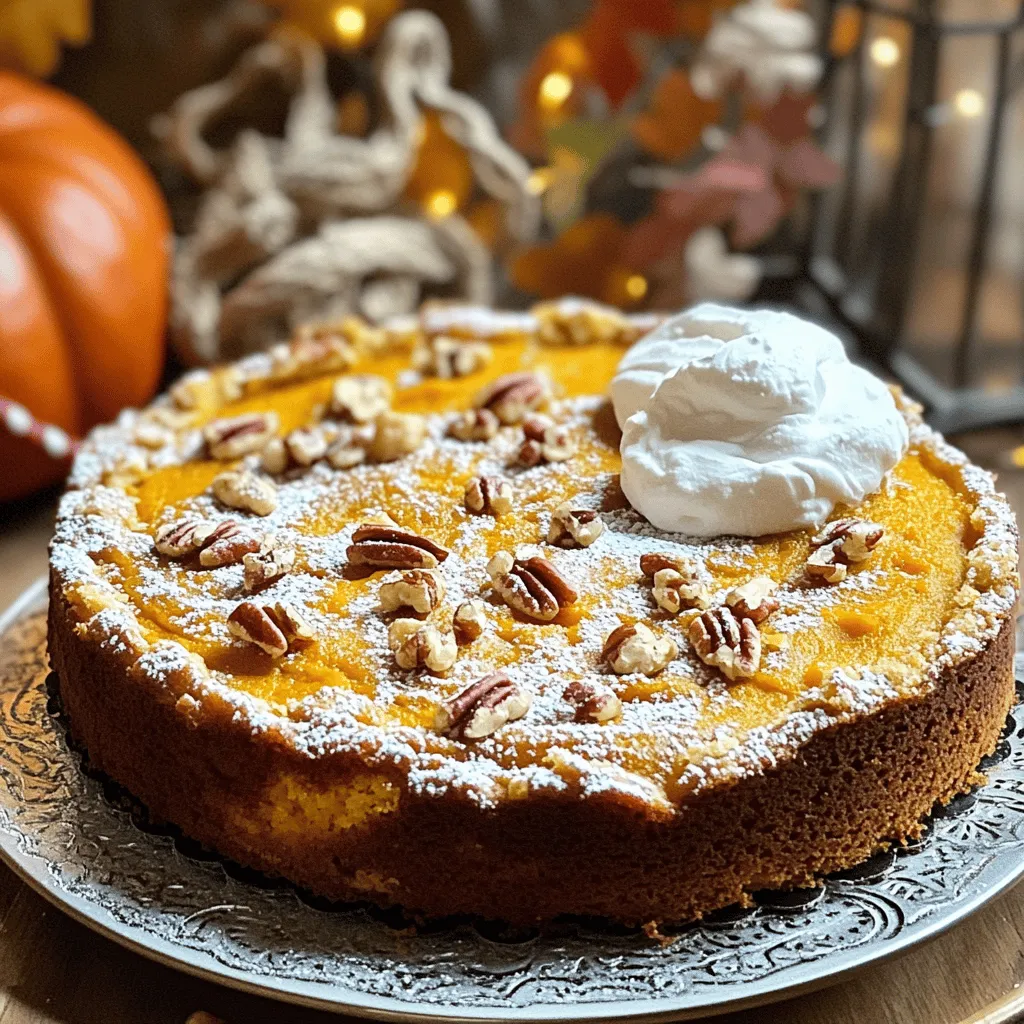 - 1 can (15 oz) pure pumpkin puree - 1 cup granulated sugar - 1 cup packed brown sugar - 1/2 cup vegetable oil - 4 large eggs - 1 teaspoon vanilla extract - 1 cup all-purpose flour - 1 teaspoon baking powder - 1 teaspoon baking soda - 2 teaspoons ground cinnamon - 1/2 teaspoon ground nutmeg - 1/4 teaspoon ground ginger - 1/4 teaspoon salt - 1 cup chopped pecans or walnuts (optional) - 1 cup whipped cream (for serving) - Powdered sugar (for dusting) In this recipe, I keep the ingredients simple yet effective. You can customize the cake by adding nuts. Chopped pecans or walnuts add a lovely crunch. Using pure pumpkin puree is key. It brings out the best flavor in your cake. Avoid pumpkin pie filling. That has added spices and sugar, which can change the taste. For the sugars, I suggest using granulated sugar and packed brown sugar. This mix gives a rich taste. Brown sugar adds moisture and a slight caramel flavor. Always choose high-quality sugar for the best results. This Vintage Pumpkin Crunch Cake is not just easy to make. It’s also a classic that brings warmth and joy. For the full recipe, check out the details above. 1. Start by preheating your oven to 350°F (175°C). This step is key for even baking. 2. Grease and flour a 9x13 inch baking dish. This helps the cake release easily later. 3. In a large bowl, combine the pumpkin puree, granulated sugar, brown sugar, vegetable oil, eggs, and vanilla extract. Mix until it’s smooth and well blended. 4. In another bowl, whisk together the flour, baking powder, baking soda, cinnamon, nutmeg, ginger, and salt. This ensures even spice distribution in the cake. 5. Gradually add the dry mix to the wet ingredients. Stir until just combined. If you like nuts, fold them in now. 1. Pour the batter into your prepared baking dish. Use a spatula to spread it evenly. 2. Bake in your preheated oven for 45-50 minutes. To check if it’s done, insert a toothpick in the center. If it comes out clean, the cake is ready. 3. After baking, let the cake cool in the pan for about 15 minutes. This helps it set well. 4. Transfer the cake to a wire rack to cool completely. Proper cooling is vital for texture and taste. For the full recipe, refer to the earlier section. Enjoy the process, and soon you’ll have a delightful Vintage Pumpkin Crunch Cake! To make your pumpkin crunch cake moist and flavorful, always use fresh ingredients. Fresh eggs and pure pumpkin puree make a big difference. I like to mix my dry ingredients well before adding them to the wet mix. This helps the spices blend in evenly. You can also try adding a splash of apple cider or orange juice. It enhances the cake’s flavor and gives it a nice twist. To boost the spice mixture, I often add a pinch of allspice or clove. These spices add depth and warmth to the pumpkin flavor. You can also adjust the cinnamon to your taste. If you love a strong spice note, add a bit more cinnamon. One common mistake is overmixing the batter. When you mix too much, the cake can become tough. Mix just until the dry ingredients are combined. It's okay if a few lumps remain. Another mistake is not cooling the cake enough. After baking, let it cool in the pan for at least 15 minutes. This helps it set and makes it easier to remove. If you cut it too soon, it may fall apart. Allow it to cool completely on a wire rack for the best texture. For the full recipe, check the section above. Happy baking! {{image_2}} You can make this Vintage Pumpkin Crunch Cake fit your needs with some easy swaps. For a gluten-free option, use almond flour or a gluten-free baking blend. Both options work well for this cake. Just make sure to check the ratios on the package. If you need a dairy-free substitute for the whipped cream, try coconut cream. Chill a can of coconut milk overnight, then scoop the solid cream off the top. Whip it until light and fluffy. This gives you a rich, creamy topping that pairs well with the pumpkin flavor. Want to add a fun twist? Mix in chocolate chips or chopped nuts, like pecans or walnuts, into the batter. This adds a nice crunch and more flavor. Just fold them in gently so they don’t sink to the bottom. You can also play with the spices. For a unique taste, try adding cardamom or allspice. You can adjust the cinnamon to your liking, too. A little more or less can totally change the cake's flavor. Experiment and find what you love! For the full recipe, check the section above. To keep your Vintage Pumpkin Crunch Cake fresh, store it in the fridge. Place slices in an airtight container or cover the entire cake with plastic wrap. This helps maintain moisture and flavor. It’s best to eat the cake within 4 to 5 days. If you want to save it longer, freezing is a great option. Wrap the cake tightly in plastic wrap, then place it in a freezer bag. This way, it can last up to three months. When you’re ready to enjoy it, let it thaw in the fridge overnight. Reheating your cake can bring back its warmth and flavor. The best way is to use the oven. Preheat your oven to 350°F (175°C). Place the cake in a baking dish and cover it with foil. Heat it for about 10 to 15 minutes, until warm. If you need a quicker method, you can use the microwave. Heat a slice for about 15 to 20 seconds. This gives you a warm piece of cake in no time. After storage, serve with whipped cream for a tasty touch. Dust with powdered sugar for a nice finish. Whether fresh or reheated, enjoy every bite of your Vintage Pumpkin Crunch Cake! Vintage Pumpkin Crunch Cake is a warm, spiced dessert. It has roots in classic American cooking. This cake blends pumpkin with sweet spices. It dates back to family gatherings and fall festivals. Many people enjoy it for Thanksgiving and Halloween. It is similar to pumpkin pie but has a cake-like texture. You may also find it like a pumpkin coffee cake. The crunchy topping often comes from nuts. This cake gives you the warmth of fall in every bite. Yes, you can make this cake ahead of time. I recommend baking it a day before you plan to serve it. This way, the flavors have time to blend. Let it cool completely before you store it. For the best quality, keep it in the fridge. It can last for about three to four days. If you want to make it even earlier, freeze it. Wrap it tightly in plastic wrap and aluminum foil. It can last for up to three months in the freezer. This recipe can be adapted for special diets. To make it vegan, replace eggs with flaxseed meal or applesauce. You can also choose a plant-based oil. For gluten-free options, use almond flour or a gluten-free blend. If you have nut allergies, skip the nuts or use seeds instead. Serve it with coconut whipped cream for a dairy-free option. This way, everyone can enjoy a slice of this delicious cake. This blog post covered everything you need for a tasty pumpkin crunch cake. We explored the best ingredients and their quality. You learned step-by-step instructions for mixing and baking. We shared tips to avoid common mistakes and creative variations to try. Also, we discussed how to store and reheat your cake properly. Enjoy crafting your cake and feel free to experiment. With these tips, you’ll make a delicious treat that everyone will love. Happy baking!