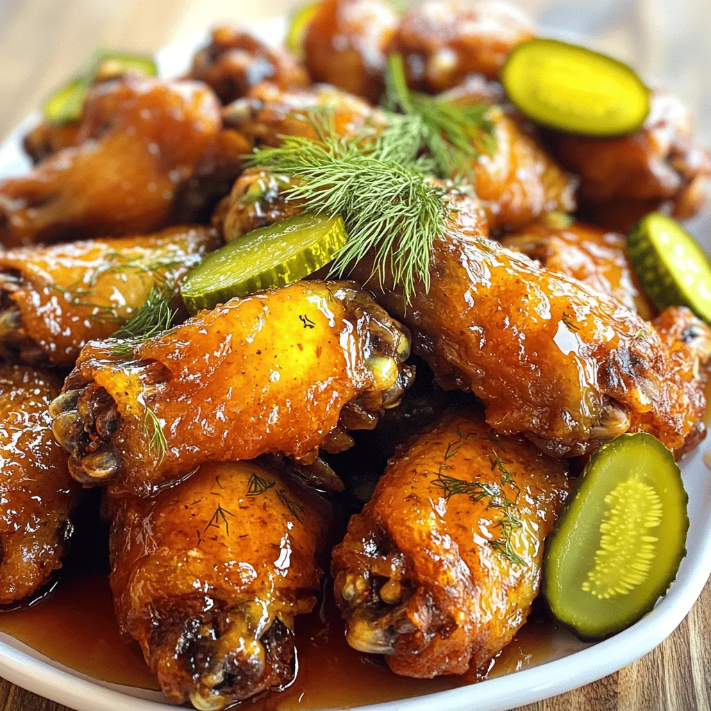 - 2 pounds chicken wings - 1 cup dill pickle juice - 1/2 cup hot honey - 1 tablespoon olive oil - 1 teaspoon garlic powder - 1 teaspoon onion powder - 1/2 teaspoon smoked paprika - Salt and pepper to taste - Fresh dill - Pickle slices The main ingredients for Pickle Juice Hot Honey Wings create a great taste. The chicken wings soak in dill pickle juice. This adds flavor and keeps the meat juicy. The hot honey gives the wings a sweet and spicy kick. For seasonings, olive oil helps the wings crisp up. Garlic and onion powder add depth to the flavor. Smoked paprika brings a warm taste. Just add salt and pepper to your liking. Garnishes like fresh dill and pickle slices make the dish pop. They add color and a burst of flavor. These wings are not just tasty; they look great too! For the full recipe, check the instructions to make these wings at home. To start, take your chicken wings and place them in a large bowl. Pour in the dill pickle juice, making sure the wings are fully covered. This juice adds a tangy kick and helps tenderize the meat. Cover the bowl and refrigerate for at least 2 hours. If you want even more flavor, let them marinate overnight. Next, preheat your oven to 400°F (200°C). While it heats, line a baking sheet with aluminum foil. This step makes clean-up easy. Place a wire rack on top of the foil. The rack helps air circulate around the wings, making them nice and crispy. After marinating, take the wings out of the fridge. Pat them dry with paper towels to remove excess juice. In a large mixing bowl, toss the wings with olive oil, garlic powder, onion powder, smoked paprika, salt, and pepper. Make sure they are well coated. Arrange the wings in a single layer on the wire rack. Bake them in the preheated oven for 40-45 minutes. Turn them halfway through to ensure even cooking. They should be golden-brown and crispy. While the wings bake, prepare the hot honey sauce. In a small saucepan, warm the hot honey over low heat. You can use store-bought hot honey or make your own by mixing honey with red chili flakes. Once the wings are done, transfer them to a large mixing bowl. Drizzle the hot honey sauce over them and toss to coat evenly. Serve the wings warm, topped with fresh dill and pickle slices for that extra burst of flavor. For the full recipe, check out the earlier section. Crispy wings are a must. Start by patting the wings dry with paper towels. This helps remove excess moisture. Moist wings steam instead of crisp. For the best results, use a wire rack. Placing the wings on a rack keeps air flowing around them. This makes them crispy all over. If you put them directly on the baking sheet, they might get soggy. Marinating is key for flavor. The longer you marinate, the better the taste. Two hours works, but overnight is best. This allows the pickle juice to soak deep into the wings. The flavors get stronger, which makes each bite even better. Plus, the acid in the pickle juice helps tenderize the meat. Do you like it spicy? You can change the heat of the hot honey. If you want less heat, use less chili. For more heat, try adding crushed red pepper flakes. You can also mix in hot sauce. This way, you can find the perfect balance for your taste buds. Enjoy experimenting with different spice levels to make it just right! {{image_2}} You can switch up the flavor of your wings in many ways. Try using different marinades. BBQ sauce gives a sweet twist, while teriyaki adds a nice umami kick. You can also mix some spices into your pickle juice for added depth. If you want a milder sauce, use regular honey instead of hot honey. This gives a sweet taste without the heat. You can even add sriracha or chili paste for more spice. Each variation brings a new and exciting flavor to your wings. If you want crispy wings, the air fryer is a great option. Set it to 400°F and cook for 25-30 minutes. This method helps the wings get crispy without much oil. For a smoky taste, try grilling your wings. Preheat your grill and cook them over medium heat. This adds a nice char and flavor that is perfect for summer cookouts. Both methods keep your wings juicy while adding unique flavors. Wings are great on their own, but side dishes make them better. Pair your wings with crispy fries or a fresh salad. Coleslaw adds a crunchy texture that pairs well with the wings. For dipping sauces, ranch and blue cheese work great. You can make a spicy dipping sauce with mayo and hot sauce for an extra kick. Each side adds something special to your meal. For the full recipe, be sure to check out the original instructions. Enjoy experimenting with these variations! To store leftover wings, let them cool first. Place them in an airtight container. This keeps them fresh and tasty. You can enjoy them for up to four days in the fridge. When you're ready to eat, reheat the wings in the oven. Set your oven to 350°F (175°C). Heat them for about 10-15 minutes. This method keeps them crispy. You can freeze cooked wings for later. Wrap them tightly in plastic wrap, then place them in a freezer bag. Cooked wings can stay fresh for about three months. If you want to freeze marinated wings, do it before cooking. Place them in a bag with the pickle juice. When ready, thaw them in the fridge overnight before cooking. Wings last about four days in the fridge. Check for signs of spoilage before eating. If they smell off or have a slimy texture, throw them away. Always trust your nose and eyes when judging food safety. Yes, you can use frozen chicken wings. First, you need to thaw them. Place the wings in the fridge overnight. If you're short on time, submerge them in cold water for about an hour. After thawing, dry the wings well. This step helps make them crispy when baked. Yes, making hot honey at home is easy. Combine 1/2 cup honey with 1 tablespoon red chili flakes in a small pot. Heat it gently on low, stirring well. Let it sit for about 10 minutes to infuse. You can adjust the spice by adding more or less chili flakes. This recipe is quick and gives you control over the heat level. To add more heat, try these tips: - Increase the amount of hot honey used. - Add extra chili flakes to the sauce. - Toss the wings in a spicy wing sauce after baking. - Use a spicy marinade before marinating in pickle juice. These steps will give you a nice kick. Pair these wings with classic sides like: - Celery sticks and carrot sticks for crunch. - A cool ranch or blue cheese dip to balance heat. - Coleslaw for a fresh, creamy side. - Potato wedges or fries for a hearty touch. For drinks, consider serving a light beer or lemonade. These choices complement the wings well. For the full recipe, check out the detailed instructions above. This recipe for pickle juice hot honey wings is simple and tasty. We covered the main ingredients, seasonings, and how to finish your wings perfectly. I shared tips for baking crispy wings and ideas for variations. Remember, you can customize flavors and sauces to match your taste. Storing leftovers correctly is key for freshness. Enjoy making these wings, and don't hesitate to experiment with your own twists!