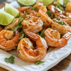 - 1 pound large shrimp, peeled and deveined - 2 tablespoons olive oil - 2 tablespoons lime juice (freshly squeezed) - 1 tablespoon chili powder - 1 teaspoon cumin - 1 teaspoon smoked paprika - 1 garlic clove, minced - 1/2 teaspoon salt - 1/4 teaspoon black pepper - Fresh cilantro, chopped (for garnish) - Lime wedges (for serving) I love using fresh shrimp for this dish. It gives the best flavor. The lime juice adds a nice tang. The chili powder and smoked paprika bring depth. These spices make your taste buds dance! - Additional spices for heat - Avocado for garnish - Corn tortillas for serving If you like heat, feel free to add more spices. Avocado adds creaminess, which balances the dish. Corn tortillas can make a lovely side. They soak up all the tasty juices. - Using lemon juice instead of lime - Alternative spices for different flavor profiles If you don't have lime juice, lemon works too. Just keep the taste bright. You can mix spices to fit your taste. Try different herbs to make it your own. For the full recipe, check out the detailed instructions. To start, prepare your marinade. In a large bowl, mix these ingredients: - 2 tablespoons olive oil - 2 tablespoons lime juice (freshly squeezed) - 1 tablespoon chili powder - 1 teaspoon cumin - 1 teaspoon smoked paprika - 1 garlic clove, minced - 1/2 teaspoon salt - 1/4 teaspoon black pepper Whisk the mixture until smooth. Next, add the shrimp. Make sure each piece is covered in the marinade. This step is key for flavor. Cover the bowl and refrigerate for 15-30 minutes. This allows the shrimp to soak up all the goodness. While the shrimp marinates, preheat your skillet or grill. Aim for medium-high heat. This ensures a nice sear on the shrimp. Once hot, add the shrimp in a single layer. Cook them for about 2-3 minutes on each side. Look for the shrimp to turn pink and opaque. This is your sign they are done. Avoid overcrowding the pan. If needed, cook in batches. After cooking, transfer the shrimp to a serving plate. Garnish with fresh cilantro for a pop of color and flavor. Pair with lime wedges for that extra zing. You can serve these shrimp with rice, quinoa, or a fresh salad. They also work well in tacos or wraps. Enjoy your flavorful meal! For the complete recipe, check the Full Recipe. To avoid overcooked shrimp, watch the cooking time closely. Shrimp cook fast, usually in 2-3 minutes per side. They turn pink and opaque when done. If you cook them longer, they will become rubbery. For even flavor distribution, coat each shrimp well with the marinade. Stir the shrimp in the bowl to make sure they all get marinated. Letting them rest in the marinade helps the flavors soak in. You can try different marinades to change the flavor. Adding mango juice or orange juice can give it a sweet twist. You can also mix in fresh herbs like basil or parsley for a fresh taste. For toppings, fresh avocado adds creaminess. You can also sprinkle crumbled feta cheese for a salty contrast. Serve the shrimp with rice or corn tortillas to complete the meal. Marinating shrimp in advance is a great time-saver. You can marinate the shrimp for up to 2 hours. Just keep them in the fridge until you're ready to cook. Storing leftovers correctly is also important. Place them in an airtight container in the fridge. They will stay good for 1-2 days. Reheat them gently to avoid overcooking again. For the complete recipe, check out the Full Recipe. {{image_2}} You can cook chili lime shrimp in many ways. Grilling and sautéing are two popular methods. - Grilled shrimp gets a smoky flavor. The grill marks add a nice touch. - Sautéed shrimp cooks quickly in a pan. This method is simple and easy to control. If you choose to grill, using skewers can make cooking easier. Skewers help keep shrimp together. They also make it simple to flip them on the grill. Just soak wooden skewers in water for 30 minutes before using. This prevents them from burning. You can change the flavor by adding different herbs and spices. Fresh cilantro works great, but you can also try: - Oregano for a savory note - Basil for a hint of sweetness - Fresh ginger for a zesty kick If you want more heat, try a spicy chili lime shrimp variation. You can mix in diced jalapeños or add a splash of hot sauce to the marinade. Adjust the amount to fit your spice level. Making this recipe gluten-free is easy. All the ingredients are naturally gluten-free. Just double-check any sauces you might add. For a low-carb version, skip the tortillas. You can serve the shrimp over a bed of fresh greens. This adds crunch and keeps the meal light. Experiment with these variations to find your favorite version of chili lime shrimp! Check out the Full Recipe for more details. To keep your chili lime shrimp fresh, store it in the fridge. Place the shrimp in an airtight container. This helps to keep the flavors intact. Use it within three days for the best taste. If you want to avoid soggy shrimp, do not add any sauce until you are ready to eat. You can freeze pre-cooked shrimp for later use. First, let the shrimp cool completely. Then, place them in a freezer-safe bag. Remove as much air as possible before sealing. When you are ready to eat, take out the shrimp and thaw them in the fridge overnight. To reheat frozen shrimp, you can use a skillet. Heat it over medium heat and add a bit of olive oil. Cook for a few minutes until warm. Avoid cooking too long, or the shrimp will become tough. Chili lime shrimp lasts about three days in the fridge. After that, it may start to spoil. Signs of spoilage include a sour smell or a slimy texture. If you notice these signs, it's best to discard the shrimp. Always trust your senses to judge the freshness of your food. For more details on the recipe, check out the Full Recipe. Chili lime shrimp pairs well with many side dishes. Here are some tasty options: - Rice: White or brown rice makes a great base. - Quinoa: Nutty quinoa adds more protein. - Salad: A fresh green salad adds crunch. - Corn tortillas: Use them for shrimp tacos. - Avocado: Sliced avocado brings creaminess. These sides will complement the flavors of the shrimp. For the best taste, marinate the shrimp for 15 to 30 minutes. This time allows the shrimp to soak up the flavors. If you marinate too long, the shrimp can become mushy. Keep an eye on the clock! Yes, you can use frozen shrimp! Here are some tips: - Thaw properly: Place shrimp in the fridge overnight or run under cold water for quick thawing. - Pat dry: Make sure to remove excess moisture before marinating. This helps the flavors stick. Frozen shrimp can be just as tasty as fresh! Chili lime shrimp has a mild heat from the chili powder. If you want more spice, try these ideas: - Add jalapeños: Fresh or pickled jalapeños will give a kick. - Use cayenne pepper: A pinch can spice things up. You can adjust the spice level to fit your taste! For the complete instructions and to make this dish, check the [Full Recipe](#). Enjoy your cooking! To wrap up, we explored the key ingredients for delicious chili lime shrimp. You learned how to marinate, cook, and serve shrimp perfectly. We also discussed storage tips and variations to make the dish fit your taste. Remember, the right balance of flavors can elevate your meal. Whether you grill or sauté, shrimp can be a tasty treat. Enjoy your cooking adventures with this vibrant dish!