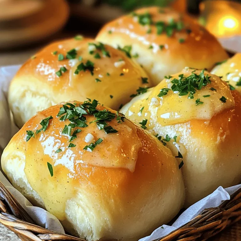To make garlic butter bread rolls, you need simple ingredients. Here’s what you’ll need: - 3 cups all-purpose flour - 1 packet (2¼ teaspoons) instant yeast - 1 teaspoon sugar - 1 teaspoon salt - 1 cup warm water (about 110°F) - ¼ cup unsalted butter, melted - 4 cloves garlic, minced - 2 tablespoons fresh parsley, chopped - 1 tablespoon additional melted butter for brushing - Optional: pinch of chili flakes for added spice Each ingredient plays an important role. The flour gives structure. The yeast helps the rolls rise. Sugar feeds the yeast for a good rise. Salt enhances flavor and strengthens the dough. Warm water activates the yeast. Butter adds richness and flavor. Garlic brings in that delicious aroma. Parsley adds freshness, while chili flakes can spice things up. The options are endless! For the full recipe, follow the steps to create these delightful rolls. Enjoy the process and the tasty results! - Combine warm water, sugar, and yeast - Let rest until frothy Start by mixing warm water, sugar, and yeast in a large bowl. The water should feel warm to the touch, not hot. This step wakes up the yeast. Let the mixture sit for about 5 to 10 minutes. You want it to become frothy. This froth shows that the yeast is active and ready. - Add melted butter and salt - Gradually stir in flour Once your yeast is frothy, add melted butter and salt. Stir these in well. Next, gradually add the flour. I like to use a wooden spoon for this. Mix until a sticky dough forms. Don’t worry if it looks rough at first; it will come together. - Knead dough until smooth - Place in greased bowl and let rise Now, turn the dough onto a floured surface. Knead it for about 8 to 10 minutes. You want the dough to be smooth and elastic. Once ready, place the dough in a greased bowl. Cover it with a kitchen towel and let it rise in a warm spot. Give it about an hour to double in size. - Sauté garlic in butter - Mix in parsley and optional chili flakes While the dough rises, let’s make the garlic butter. Melt some butter in a small pan over low heat. Add minced garlic and sauté for about one minute. The smell is amazing! After that, stir in chopped parsley and optional chili flakes if you like some heat. - Punch down dough and divide - Shape into balls and brush with garlic butter Once your dough has risen, punch it down gently. This releases the air. Divide the dough into 12 equal pieces. Shape each piece into a ball. Place them in a greased baking dish. Brush the tops with that tasty garlic butter mix. - Let rolls rise again - Bake until golden brown Cover the dish with a towel again. Let the rolls rise for another 30 to 40 minutes. Preheat your oven to 375°F (190°C). Once the rolls have puffed up, bake for 20 to 25 minutes. You want them to turn golden brown. Enjoy your warm garlic butter bread rolls, and don’t forget to check the Full Recipe for more details! To make your rolls soft and fluffy, kneading is key. Knead the dough for about 8-10 minutes. This helps develop gluten, which gives the rolls their nice texture. You want the dough to feel smooth and elastic. If it feels sticky, sprinkle a bit more flour. For the best rise, find a warm spot in your kitchen. An oven set to warm (but turned off) works well. Cover the dough with a towel to keep it cozy. Let it rise until it doubles in size, about one hour. You can boost flavor by adding herbs and spices. Try mixing in rosemary or thyme for a savory twist. For a kick, a pinch of chili flakes adds nice heat. Cheese lovers can sprinkle shredded mozzarella or parmesan on top. This gives a golden crust and a cheesy interior. These rolls pair great with soups and salads. They add warmth and comfort to meals. Serve them with a bowl of tomato soup or a fresh green salad for a perfect match. For a beautiful display, place the rolls in a rustic bread basket. You can garnish with fresh parsley on top. This adds color and makes your dish pop! {{image_2}} You can elevate your garlic butter rolls with fresh herbs. Try mixing in rosemary, thyme, or oregano. These herbs add a fresh taste and make your rolls unique. You can also combine different herbs for a more complex flavor. A blend of parsley and basil works well too. Just chop them finely and add them to the dough or garlic butter. If you want a sweet version, you can mix in some cinnamon or sugar. Adding a teaspoon of cinnamon to the dough gives a warm, cozy flavor. You might also sprinkle sugar on top before baking for a sweet crust. Try topping the rolls with a glaze made from powdered sugar and milk after baking. This adds a fun twist to your rolls. For a gluten-free version, swap all-purpose flour with a gluten-free flour blend. Look for blends that contain xanthan gum, as this helps with texture. You may need to adjust the amount of warm water depending on the blend you choose. Start with three-quarters of a cup and add more as needed. Be sure to check your baking time since gluten-free rolls may bake faster. For the full recipe, check the main article section. After you make your garlic butter bread rolls, you want to keep them fresh. Store leftovers in an airtight container. This keeps moisture in and prevents them from going stale. If you have a large batch, use a larger container or divide them into smaller ones. - Use a container with a tight seal. - Keep them at room temperature for up to 2 days. - If you want to keep them longer, store them in the fridge. They can last up to a week in the fridge. Freezing garlic butter bread rolls is a smart way to save them for later. Allow the rolls to cool completely before freezing. This helps prevent ice crystals from forming. Wrap each roll tightly in plastic wrap and then in aluminum foil. This keeps out air and moisture. - To freeze rolls: - Cool completely. - Wrap each roll in plastic wrap. - Place wrapped rolls in a freezer-safe bag. When you want to enjoy your rolls, thaw them at room temperature for a few hours. You can also warm them in the oven. Preheat the oven to 350°F (175°C) and bake them for about 10 minutes. This will make them soft and warm again. For the full recipe, check the ingredients and steps above. Yes, you can use regular yeast. The main difference is in how you use it. Regular yeast needs more time to rise. You must first dissolve it in warm water with sugar. Instant yeast mixes right into the dry ingredients. It saves time. Look for a few key signs. The dough should double in size. It should feel soft and puffy. You can gently poke it with your finger. If the indentation stays, it’s ready. If it springs back, let it rise a bit longer. These rolls pair well with many dishes. Try serving them with soups, like tomato or chicken noodle. They also go great with salads. You can enjoy them with pasta or alongside grilled meats. They make a perfect side for any meal. These rolls stay fresh for about 2 days at room temperature. Store them in an airtight container. For longer storage, freeze them. They last up to 3 months in the freezer. To enjoy, just thaw and warm them in the oven. You’ve learned how to make delicious garlic butter rolls from scratch. We covered the ingredients and each step, from prepping the yeast to baking the rolls. I shared tips to ensure perfect texture and flavor. Lastly, we explored variations and storage methods to keep your rolls fresh. Now, you can impress your family and friends with this tasty treat. Enjoy baking and sharing your garlic butter rolls!