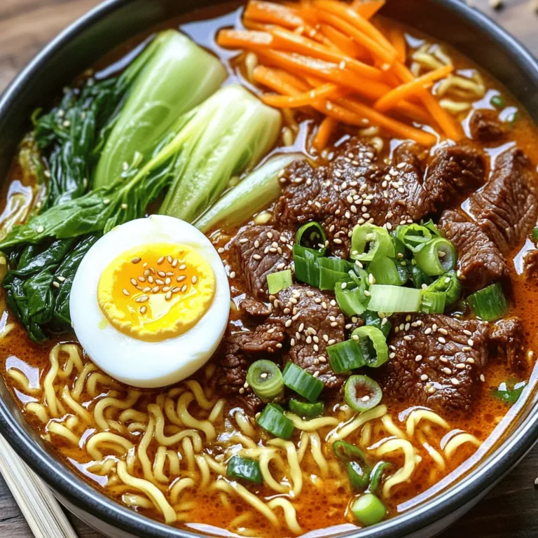 - 200g ramen noodles - 200g beef sirloin, thinly sliced - 2 tablespoons gochujang (Korean chili paste) - 3 cups beef broth - 1 tablespoon sesame oil - 1 tablespoon brown sugar - 1 cup bok choy or spinach - 1 medium carrot, julienned - 1 soft-boiled egg (optional) When preparing your Spicy Korean Beef Ramen, start with the right ingredients. The ramen noodles form the base. Use fresh ones for the best texture. Thinly sliced beef sirloin adds rich flavor and protein. Gochujang gives the dish its signature heat and depth. For the broth, beef broth creates a hearty base. Sesame oil adds nuttiness. Brown sugar balances the spice with sweetness. Fresh vegetables like bok choy or spinach add color and nutrition. Carrots provide crunch and natural sweetness. A soft-boiled egg on top makes it feel special. Gather these ingredients, and you’re ready to create a flavorful meal. Each element plays a part in making this dish truly delightful. To start, get a bowl and add your thinly sliced beef. Then, mix in 2 tablespoons of gochujang, 1 tablespoon of soy sauce, 2 minced garlic cloves, and 1 inch of grated ginger. This spicy blend adds great flavor. Let the beef sit for at least 15 minutes. This helps the meat soak up all those tasty flavors. In a large pot over medium heat, mix 3 cups of beef broth, 1 tablespoon of sesame oil, 1 tablespoon of brown sugar, and the white parts of 2 chopped green onions. Stir well and let it simmer gently. This broth will be the heart of your ramen, so make sure it’s flavorful. Next, heat a small amount of oil in a separate pan over high heat. Add the marinated beef and stir-fry it until it turns brown and is cooked through. This should take about 3 to 4 minutes. Remove the beef from heat when done. In the pot with your broth, add 200g of ramen noodles. Cook them according to the package instructions, usually about 4 to 5 minutes. In the last minute of cooking the noodles, toss in 1 cup of bok choy (or spinach) and 1 julienned carrot. This step adds color and nutrition to your ramen. Allow the vegetables to wilt into the hot broth for that perfect touch. Now, it’s time to serve! Divide the cooked noodles and vegetables into bowls. Pour the hot broth over everything. Top each bowl with the cooked beef. You can also add a soft-boiled egg, chopped green onion tops, and a sprinkle of sesame seeds. This makes your dish look and taste amazing! To make the broth just right, you can adjust the spiciness with gochujang. If you want it hotter, add a bit more gochujang. For a milder taste, use less. Taste as you go. This way, you can find the perfect balance for your palate. Getting the ramen noodles just right is key. Follow the package instructions closely. Usually, it takes about 4-5 minutes. Stir gently to keep them from sticking together. Once cooked, drain them quickly to avoid mushiness. Garnish adds beauty and flavor. Top your ramen with a soft-boiled egg for richness. The egg can be halved for a nice presentation. Sprinkle chopped green onions and sesame seeds on top for color and crunch. Serve in deep bowls to catch all the broth and allow for easy slurping. A drizzle of sesame oil adds shine and flavor too! {{image_2}} You can change the beef in this recipe. Chicken, pork, or tofu work well. Just cut them into thin strips. For chicken, use breast or thigh meat. For pork, choose tender cuts like loin or belly. Tofu gives a nice plant-based option. Press it to remove extra water for the best texture. Want more heat? Add extra gochujang. If you prefer less spice, reduce the amount. You can also add some sugar to balance the heat. Try adding a splash of lime juice for a bright flavor. Always taste as you go to find your perfect level. Feel free to mix in your favorite veggies. Seasonal options include zucchini, bell peppers, or mushrooms. Add them in the last minute of cooking. This keeps them crisp and colorful. You can also use frozen veggies if fresh ones aren't available. They work great too! After enjoying your Spicy Korean Beef Ramen, you may have some leftovers. Store them in an airtight container. Place the beef, noodles, and broth together. Keep the veggies separate to stay fresh. Refrigerate for up to three days. When you want to eat, reheat in a pot. You can add a splash of broth to make it hot and tasty again. Want to save some for later? You can freeze this ramen! First, let it cool down completely. Then, put the noodles and broth in a freezer-safe container. It’s best to freeze the beef and veggies separately. This helps keep their taste and texture. When you’re ready to eat, thaw everything in the fridge overnight. Reheat gently on the stove, adding a little water if needed. Once you cook the ramen, the freshness of ingredients matters. The broth lasts about three days in the fridge. The beef is best eaten within three days too. Cooked veggies can last about two days. Always check for signs of spoilage before eating. If it looks bad or smells off, toss it out. Keeping track of these time frames will help you enjoy your ramen safely. For this Spicy Korean Beef Ramen, I recommend fresh or dried ramen noodles. Fresh noodles cook fast and taste great. Dried noodles are also fine, just follow the package instructions. Make sure they are egg noodles for a richer flavor. You can also try instant ramen, but the taste may not be as good. Yes, you can prepare some parts ahead of time. Marinate the beef a few hours before cooking. You can also cook the broth and store it in the fridge. Just reheat it when you are ready to eat. Cook the noodles fresh when serving for the best texture. The spiciness comes from gochujang, which gives a nice kick. If you like it less spicy, use less gochujang. You can also add sugar to balance the heat. If you want it spicier, add more gochujang or some chili flakes. Adjust it to fit your taste. If you don’t have gochujang, you can use sriracha or chili paste. Mix these with a little sugar to mimic the sweet and spicy flavor of gochujang. It won’t taste the same, but it will still be delicious. In this post, we explored how to make Spicy Korean Beef Ramen from scratch. We covered the key ingredients, from beef and ramen to flavorful broth and fresh vegetables. I shared step-by-step instructions to ensure your meal turns out delicious. You can adjust spice levels to fit your taste and use different proteins or veggies for variety. Finally, I provided tips on storing leftovers and answered common questions. Enjoy creating your own tasty ramen, tailored just for you!