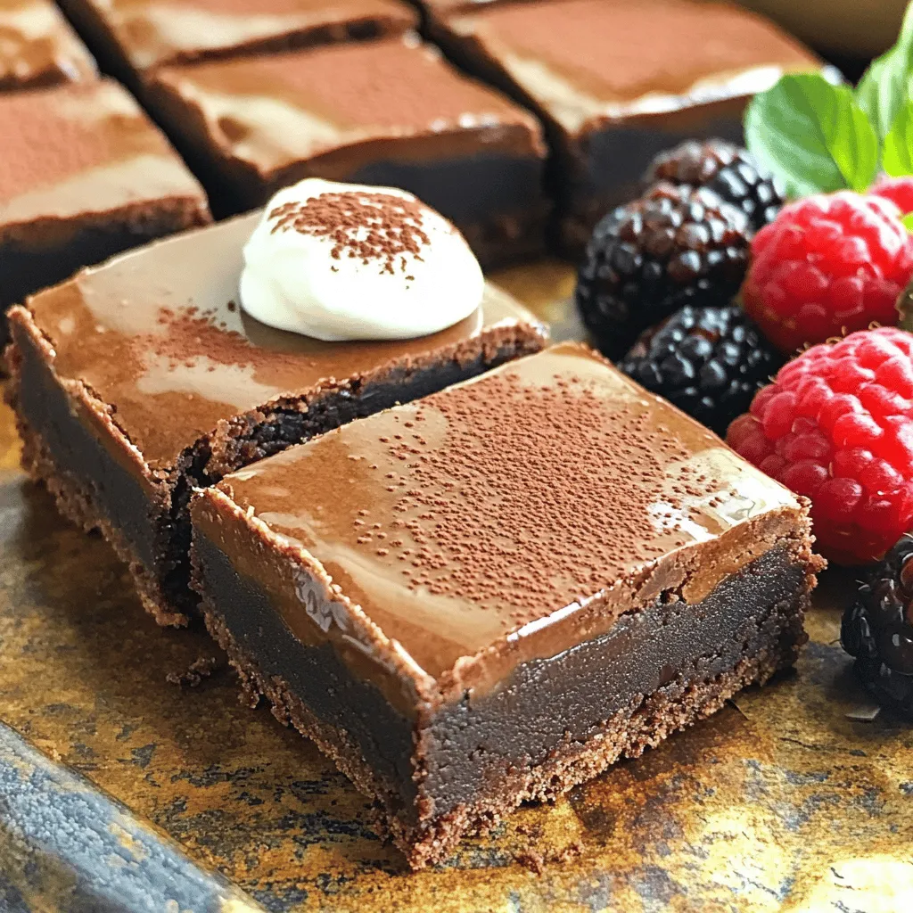 - Greek yogurt types and substitutions: You can use plain Greek yogurt, either non-fat or regular. If you don't have Greek yogurt, you could try regular yogurt or even silken tofu for a dairy-free option. Both will change the taste and texture slightly but still work well. - Sugar options: granulated vs brown: I use a mix of granulated sugar and brown sugar for these brownies. Granulated sugar adds sweetness, while brown sugar gives a rich, caramel flavor. You can swap brown sugar for coconut sugar if you're looking for a more natural sweetener. - Importance of dark chocolate chips: Dark chocolate chips are optional, but they add extra fudginess. I recommend using chips with at least 60% cocoa for a deep chocolate flavor. If you prefer, you can skip the chips or use milk chocolate for a sweeter taste. Start by getting your baking pan ready. You can choose to grease it or use parchment paper. Greasing helps, but parchment paper makes it easy to lift out the brownies. I often prefer parchment paper since it avoids sticking and makes cleanup easier. In a large bowl, mix the Greek yogurt, melted coconut oil, granulated sugar, brown sugar, eggs, and vanilla extract. Use a whisk to combine everything smoothly. Whisking well ensures your batter has no lumps. This step is key for a creamy texture in your brownies. Now comes the dry ingredients. Sift the cocoa powder and salt into the bowl. Sifting is important because it removes lumps and makes the cocoa mix well. This will help create a smooth batter. If you skip this, your brownies may end up with bits of cocoa that don't dissolve. Pour the brownie batter into your pan and spread it evenly. Bake in your preheated oven for about 20 to 25 minutes. To check if they are done, insert a toothpick in the center. If it comes out with a few moist crumbs, your brownies are ready. Remember, they should not be wet. Enjoy the aroma as they bake! Greek yogurt plays a big role in making these brownies fudgy. It adds moisture and creaminess. This keeps the brownies soft, even after baking. Greek yogurt also gives a slight tang, balancing the sweetness. You can use plain, non-fat or regular yogurt for this recipe. The choice here won't change the fudgy texture. Just make sure to mix it well with the other wet ingredients for the best result. Overmixing can ruin your brownies. When you mix too much, you add air to the batter. This makes brownies cake-like instead of fudgy. It also can lead to a tougher texture. When you add flour, mix until just combined. A few lumps are okay! This will keep your brownies rich and dense. Remember, the goal is to keep that fudgy texture intact. Presentation makes a big difference! Serve your brownies warm for the best taste. A dollop of yogurt on top adds a nice touch. You can also sprinkle cocoa powder for a fancy look. Fresh berries on the side add color and flavor. They brighten up the plate and give a fresh taste. This makes the dessert feel special, even on a casual day. Enjoy your delicious creation! {{image_2}} You can make your fudgy Greek yogurt brownies even better by adding flavors. Nuts are a great choice. Chopped walnuts or pecans add a nice crunch. You can also fold in spices like cinnamon or espresso powder. These spices bring out the chocolate flavor. Try adding a pinch of sea salt on top for a sweet-salty mix. If you need gluten-free brownies, you can swap out the flour. Use almond flour or coconut flour instead. These options keep the brownies moist and tasty. Just remember, different flours may change the texture a bit. You may need to adjust the baking time too, so keep an eye on them as they bake. To make these brownies dairy-free or vegan, use plant-based yogurt. Coconut yogurt works well and keeps the brownies rich. You can also use flax eggs instead of regular eggs. Just mix one tablespoon of ground flaxseed with three tablespoons of water. Let it sit for a few minutes until it thickens. This mix helps bind the ingredients together. To keep your fudgy Greek yogurt brownies fresh, use airtight containers. These containers prevent air from drying out your brownies. You can store them at room temperature for a short time. If you live in a warm area, refrigeration is wise. But remember, cold can change the texture. Keeping them in an airtight container is key for preserving that soft, fudgy goodness. You can freeze your brownies for future treats. To do this, let them cool completely first. Then, wrap them tightly in plastic wrap. After that, place the wrapped brownies in a freezer-safe bag or container. This prevents freezer burn. When you’re ready to enjoy them, thaw in the fridge overnight or leave them on the counter for a few hours. They taste just as fresh! These fudgy brownies can last quite a while. At room temperature, they stay good for about 3 to 4 days. If you store them in the fridge, you can enjoy them for up to a week. When frozen, they can last for about 3 months. Just remember, the longer they sit, the more they may lose their rich flavor and texture. Enjoy them fresh for the best experience! Yes, you can use flavored Greek yogurt. However, it changes the flavor of your brownies. Flavored yogurt adds sweetness and a hint of fruit. This can be fun, but it might not match the chocolate taste as well. Stick to plain yogurt for a rich brownie. If you want a twist, try vanilla-flavored yogurt, but keep an eye on the sugar. To check if your brownies are done, use a toothpick. Insert it into the center of the brownies. If it comes out with a few moist crumbs, they’re ready. If you see wet batter, they need more time in the oven. Remember, underbaking keeps them fudgy. Keep an eye on the clock too, as they bake for 20-25 minutes. If you don’t have coconut oil, you can use other oils. Vegetable oil and canola oil work well. These oils keep your brownies moist and fudgy. You can also use melted butter for a richer flavor. Just remember to measure the same amount. Each oil can slightly change the taste, but the brownies will still be delicious. You learned how to make delicious brownies using Greek yogurt and dark chocolate. I shared tips like choosing the right sugar and achieving the best texture. Remember, overmixing can ruin your brownies, so mix gently. You can customize with nuts or gluten-free flour for many options. Store your brownies in airtight containers to keep them fresh. Enjoy your baking journey and experiment with different flavors for unique treats. Stick to these steps for perfect brownies every time!