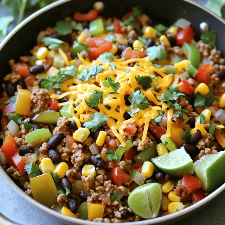 - 1 lb ground turkey - 1 medium onion, diced - 2 cloves garlic, minced - 1 bell pepper (red or green), diced - 1 can (15 oz) black beans, rinsed and drained - 1 can (14.5 oz) diced tomatoes with green chilies - 1 tablespoon taco seasoning - 1 teaspoon cumin - 1 tablespoon olive oil - Salt and pepper to taste - 1 cup corn (fresh or frozen) - 1 cup shredded cheddar cheese - Fresh cilantro, chopped (for garnish) - Lime wedges (for serving) Ground turkey is the star here. It’s lean and cooks fast. You can swap it for ground chicken if you like. Use a mix of veggies for color and crunch. Onion and garlic add a great flavor base. Bell pepper gives sweetness. Black beans add protein and fiber. Diced tomatoes with green chilies bring a little heat. Spice it with taco seasoning and cumin. Olive oil helps cook everything nicely. Use salt and pepper for balance. Corn adds sweetness and texture. Finally, cheddar cheese melts on top for creaminess. Fresh cilantro and lime wedges make it pop. - Large skillet - Spatula - Measuring cups and spoons A large skillet is key. It holds all the ingredients and lets them cook evenly. A spatula helps you mix and break up the meat. Measuring cups and spoons ensure you get the right amounts. - Serve with rice or tortillas for a filling meal. - Top with avocado or sour cream for extra flavor. - Add jalapeños for heat if you like spicy food. - Fresh lettuce or tomato can add crunch. This dish is flexible. You can change the sides and toppings to fit your taste. Try different tortillas or even lettuce wraps for a low-carb option. 1. Preparing the vegetables Start by dicing one medium onion and two cloves of garlic. Chop your bell pepper, either red or green. These fresh flavors add so much to the dish. 2. Cooking the ground turkey In a large skillet, heat one tablespoon of olive oil over medium heat. When hot, add the diced onion. Sauté for about 3-4 minutes until it’s soft and clear. Then, stir in the minced garlic and bell pepper. Cook for another 2-3 minutes until the peppers start to soften. Next, add one pound of ground turkey. Break it apart with a spatula as it cooks. Brown it for about 5-7 minutes. Season with salt, pepper, one tablespoon of taco seasoning, and one teaspoon of cumin. Mix these well into the turkey. 1. Combining ingredients in the skillet Now, it's time to add more flavor. Stir in one can of black beans, drained and rinsed, one can of diced tomatoes with green chilies (juices included), and one cup of corn. Combine everything well and let it cook for an additional 5 minutes to heat through. 2. Melting the cheese Reduce the heat to low. Sprinkle one cup of shredded cheddar cheese on top of the skillet mixture. Cover it with a lid and let it sit for 2-3 minutes. This will melt the cheese perfectly. 1. Garnishing and serving Once the cheese is melted, it’s time to serve! Garnish your taco skillet with fresh chopped cilantro. This adds a bright flavor and makes the dish look great. 2. Tips for serving warm Serve the skillet hot with lime wedges on the side. Squeezing lime over the dish gives it a fresh, zesty kick. Enjoy your meal right away for the best taste! - To make sure the ground turkey is fully cooked, use a meat thermometer. It should reach 165°F. This ensures safety and great taste. - Adjust the seasoning to taste. If you like more heat, add more taco seasoning or cumin. Taste as you go. This way, you can find your perfect flavor balance. - Get creative with serving! Try using taco shells, tortillas, or lettuce wraps. You can turn this skillet meal into fun, handheld tacos. - For sides, fresh salsa, guacamole, or a simple salad work well. These add freshness and crunch to your meal. - Use spices like smoked paprika or chili powder for a deeper flavor. Fresh herbs like cilantro or parsley can brighten the dish. - If you have picky eaters, try adding corn or diced carrots. These add sweetness and color without being too bold. {{image_2}} You can change the ground turkey to make your dish unique. Ground chicken works well. It has a similar taste and cooks the same way. If you want a vegetarian option, use lentils or crumbled tofu. These options add protein and flavor without meat. Feel free to swap out beans and veggies. Try kidney beans or pinto beans for a different taste. You could also add zucchini or corn for more color. For cheese, use Monterey Jack or pepper jack. These cheeses melt nicely and add a new flavor. To kick up the heat, add jalapeños or hot sauce. This gives your skillet a spicy twist. You can also explore international flavors. Try adding curry powder for an Indian touch or taco sauce for a zesty kick. Each variation helps you customize your skillet to match your mood! To keep your Ground Turkey Taco Skillet fresh, store leftovers in airtight containers. Cool the dish first, then cover it tightly. Place it in the fridge. It will stay good for about three to four days. If you want to keep it longer, you can freeze it. For freezing, use freezer-safe bags or containers. Make sure to remove as much air as possible. Label the bags with the date. Frozen leftovers are best used within three months. When you're ready to enjoy leftovers, reheating is key. You can use the microwave or the stovetop. For the microwave, place a portion in a bowl. Cover it with a paper towel to keep moisture in. Heat for one to two minutes, stirring halfway through. If you prefer the stovetop, warm it in a skillet over medium heat. Stir often until it’s hot. This helps keep the meat and veggies from drying out. The Ground Turkey Taco Skillet stays good in the fridge for about three to four days. If you freeze it, the shelf life extends to about three months. Always check for signs of spoilage before eating. Look for changes in color or texture. If it smells off, it’s best to toss it. You can pair this dish with many sides. Here are some popular options: - Rice: White or brown rice adds a nice base. - Tortillas: Soft or crunchy tortillas make great vessels. - Salad: A fresh green salad complements the flavors well. - Guacamole: Creamy guacamole adds richness and flavor. - Salsa: Fresh salsa brings extra zest and texture. These sides enhance the meal and create a fun taco night experience. To add more heat, you have a few easy options: - Jalapeños: Chop fresh jalapeños and mix them in. - Hot Sauce: Drizzle your favorite hot sauce before serving. - Red Pepper Flakes: Sprinkle red pepper flakes into the skillet while cooking. - Spicy Taco Seasoning: Use a spicy blend for extra kick. These ingredients add flavor and heat, making each bite exciting. Yes, you can prepare this meal ahead of time! Here’s how: - Meal Prep: Cook the turkey mixture and let it cool. Store it in an airtight container. - Refrigeration: It stays fresh in the fridge for 3-4 days. - Freezing: You can freeze it for up to three months. Just thaw it in the fridge before reheating. This makes it easy to have a quick meal ready when you need it. In this blog post, we explored the Ground Turkey Taco Skillet. We covered ingredients, tools, and step-by-step cooking instructions. You learned tips for flavor and serving, plus ways to customize the dish. This recipe is simple, healthy, and versatile, making it perfect for any meal. I hope you feel confident trying it out. Enjoy creating new flavors with your own twist!