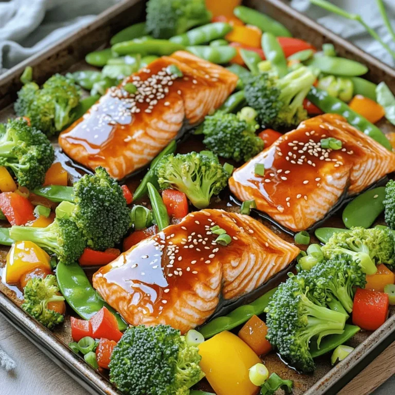 - 4 salmon fillets - 1/4 cup honey - 1/4 cup low sodium soy sauce - 2 tablespoons rice vinegar - 2 teaspoons sesame oil - 3 cloves garlic, minced - 2 cups broccoli florets - 1 bell pepper, sliced - 1 cup snap peas - 1 tablespoon olive oil To make the Honey Soy Salmon Sheet Pan Dinner, start with these simple and fresh ingredients. The salmon fillets are the star of this dish. Their rich flavor pairs perfectly with the sweet honey and salty soy sauce. The marinade adds depth. It uses rice vinegar for a tangy kick. The sesame oil brings a nutty note, while minced garlic enhances the overall taste. For the vegetables, you have colorful options. Broccoli florets are a great source of nutrients. Bell peppers add crunch and sweetness. Snap peas offer a nice snap and bright green color to the dish. Using these ingredients creates a balanced meal. You will enjoy the sweet, savory, and fresh flavors. Plus, it all cooks on one sheet pan for easy cleanup. - Preheat your oven to 400°F (200°C) and line a large sheet pan with parchment paper. This makes cleanup easy. - In a small bowl, mix together 1/4 cup honey, 1/4 cup low sodium soy sauce, 2 tablespoons rice vinegar, and 2 teaspoons sesame oil. Add 3 minced garlic cloves and 1 inch of grated ginger. Whisk until combined. This mixture is your marinade. - Place 4 salmon fillets on one side of the sheet pan. - Pour half of the marinade over the salmon. Make sure each fillet gets coated. Let the salmon marinate for at least 15 minutes, so it absorbs those great flavors. - In another bowl, toss 2 cups of broccoli florets, 1 sliced bell pepper, and 1 cup of snap peas with 1 tablespoon of olive oil, salt, and pepper. Make sure the veggies are well coated. - Arrange the vegetable mix on the other side of the sheet pan with the salmon. Drizzle the remaining marinade over the veggies for extra flavor. - Bake the salmon and vegetables in the preheated oven for about 15-20 minutes. Check for doneness. The salmon should flake easily with a fork, and the veggies should be tender-crisp. - Once done, remove the pan from the oven and let it cool for a couple of minutes before serving. - Adjust cooking time based on salmon thickness. Thicker fillets need more time. Aim for 15-20 minutes at 400°F (200°C). - Use parchment paper for easy cleanup. It keeps the pan clean and saves time. - Add citrus or fresh herbs for extra flavor. Lemon or lime juice brightens the dish. Try basil or cilantro for a fresh twist. - For perfectly flaky salmon, check for doneness. When the fish flakes easily with a fork, it's ready. Don't overcook to keep it tender. - Garnish with sesame seeds and chopped green onions. It adds color and crunch to your dish. - For a rustic look, serve directly from the sheet pan. You can also plate the salmon and veggies nicely. A lemon wedge on the side gives a fresh touch. {{image_2}} You can switch out proteins in this recipe. Try chicken or tofu instead of salmon. Both options work well with the honey soy flavor. For veggies, mix it up! Use carrots, zucchini, or asparagus. Feel free to get creative with your favorite vegetables. Want a twist on the marinade? Use maple syrup or agave instead of honey. These sweeteners give a nice taste. You can also try different sauces. Teriyaki or hoisin sauce can add a fun kick. Just remember to balance the flavors to keep it tasty. If you need gluten-free options, look for gluten-free soy sauce. This keeps the dish safe for those with gluten issues. To make it lighter, reduce the amount of honey or use less oil. You can also add more veggies for a low-calorie meal. These small changes keep the flavor but lower the calories. To keep your Honey Soy Salmon fresh, refrigerate leftovers right away. Place the salmon and veggies in an airtight container. This keeps them safe from germs and helps them stay tasty. You can store the leftovers for up to three days in the fridge. If you want to freeze the salmon, wrap each piece in plastic wrap. Then, put the wrapped salmon in a freezer bag. This way, it stays fresh for up to three months. To thaw, move it to the fridge overnight before you reheat. To reheat your salmon without drying it out, use the oven. Set the oven to 300°F (150°C). Place the salmon on a baking sheet and cover it with foil. Bake for about 10-15 minutes. This keeps it moist and flaky. For the vegetables, you can use a skillet. Heat a little olive oil over medium heat. Add the veggies and stir for a few minutes until warm. This method helps keep them crisp and tasty. How long to cook salmon on a sheet pan? I usually cook salmon for about 15 to 20 minutes. The time depends on your oven and the thickness of the fillets. The salmon is done when it flakes easily with a fork. Can I use frozen salmon for this recipe? Yes, you can use frozen salmon. Just make sure to thaw it first. This helps the marinade soak in better and ensures even cooking. Can I make this dish ahead of time? You can prep the salmon and veggies ahead. Marinate the salmon and chop the veggies. Store them separately in the fridge. When ready to cook, just arrange everything on the sheet pan and bake. What can I serve with honey soy salmon? This dish pairs well with rice or quinoa. You can also serve a fresh salad or some crusty bread on the side. These options add different textures and flavors to your meal. What are the health benefits of salmon? Salmon is rich in omega-3 fatty acids. These fats are great for heart health. It also provides protein, vitamins, and minerals. Eating salmon can boost your mood and brain function too. How many calories does this dish have per serving? Each serving of honey soy salmon has about 350 calories. This includes the salmon and vegetables. It’s a healthy option that keeps you full without too many calories. This blog post guides you through making a simple and tasty honey soy salmon dish. You learned about the key ingredients, marinade tips, and how to prepare and bake everything. I shared tricks for enhancing flavors and offered ways to adapt the recipe for different diets. Enjoy cooking and experimenting with variations! Homemade meals like this are easy and fulfilling. They bring good nutrition and flavor to your table.