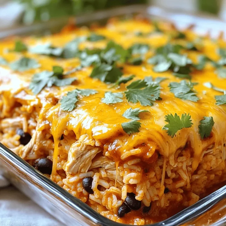 - 2 cups cooked rice - 2 cups cooked and shredded chicken - 1 can (15 oz) black beans, drained and rinsed - 1 can (15 oz) corn, drained - 1 can (10 oz) red enchilada sauce - 1 cup diced tomatoes - 1 cup shredded cheese - 1 small onion, finely chopped - 2 cloves garlic, minced - 1 tablespoon olive oil - 1 teaspoon ground cumin - 1 teaspoon chili powder - Salt and pepper to taste - Fresh cilantro for garnish You can use either white or brown rice for this dish. Brown rice adds fiber and a nutty taste. For cheese, I like using cheddar for its meltiness. A Mexican blend gives a fun twist. Both options work well! - Preheat the oven to 350°F (175°C). - Gather all your ingredients. Make sure everything is ready to go. - In a large skillet, heat 1 tablespoon of olive oil over medium heat. - Add the finely chopped onion and sauté for about 5 minutes. Cook until it is soft and clear. - Toss in 2 cloves of minced garlic, 1 teaspoon of ground cumin, and 1 teaspoon of chili powder. Stir them for 1 minute until you smell the spices. - In a big bowl, mix together 2 cups of cooked rice, 2 cups of shredded chicken, 1 can of black beans, 1 can of corn, and 1 cup of diced tomatoes. - Pour in half of the red enchilada sauce and mix everything well. - Transfer this mixture to a greased 9x13 inch baking dish. Spread it evenly across the bottom. - Drizzle the remaining enchilada sauce over the top of the rice mixture. - Sprinkle 1 cup of shredded cheese evenly over the top layer. - Cover the dish with aluminum foil and bake for 20 minutes. - After 20 minutes, take off the foil and bake for another 10-15 minutes. Look for bubbly and golden cheese. - Let the casserole cool for 5 minutes before serving. - If you like, add fresh cilantro on top for a nice finish. Enjoy your meal! To keep your casserole moist, cover it with foil while baking. This traps steam and helps cook the dish evenly. After 20 minutes, remove the foil. This will allow the cheese to get golden brown without drying out the rest of the casserole. For even cooking, mix the ingredients well before baking. This helps spread flavors and ensures every bite is tasty. Use a spatula to layer the rice mixture evenly in the dish. You can elevate your casserole with different spices. Try adding smoked paprika for a rich flavor. A squeeze of lime juice can add a fresh zing. If you want a spicier version, add sliced jalapeños or a dash of cayenne pepper. This will kick up the heat and make each bite exciting. Pair this casserole with a fresh salad or crispy tortilla chips. A light salad balances the richness of the dish. Chips add a nice crunch and fun texture. Serve the casserole warm, around 160°F (70°C). This is the best temperature to enjoy the gooey cheese and warm flavors. {{image_2}} For a tasty vegetarian version, you can swap the chicken for other ingredients. Use 2 cups of cooked lentils or chickpeas instead. You can also add more veggies to boost nutrition. Try bell peppers, zucchini, or spinach. These veggies add color and flavor to your dish. You can easily replace chicken with beef or turkey. Ground beef or turkey works best. If you choose beef, cook it until brown before mixing it with other ingredients. This helps keep the flavors rich. Adjust the cooking time to about 25 minutes to ensure the meat is fully cooked. Toppings can change the whole feel of the dish. Try different types of cheese like Monterey Jack or pepper jack for a kick. You can also add sour cream, sliced jalapeños, or diced avocado on top. Fresh cilantro or green onions make great garnishes too! To store leftovers, let the casserole cool first. Then, place it in an airtight container. This keeps it fresh and tasty. You can store it in your fridge for about 3 to 4 days. Make sure to label the container with the date, so you know when you made it. You can freeze this casserole too! First, cool it completely. Then, wrap it tightly in plastic wrap or foil. After that, place it in a freezer-safe bag. It can last up to 2 to 3 months in the freezer. When you're ready to eat it, thaw it in the fridge overnight. To reheat without drying out, use the oven. Preheat it to 350°F (175°C). Cover the dish with foil to keep the moisture in. Heat for about 20-25 minutes. You can also use a microwave. Just add a splash of water, cover it, and warm it up in short bursts. Check often to prevent drying. To add heat, you can include jalapeños or serrano peppers. Fresh or pickled options work well. You could also mix in extra chili powder or cayenne pepper to the rice. For a unique twist, try adding hot salsa instead of regular enchilada sauce. This will give your casserole a nice kick. Yes, you can prepare this dish ahead. Cook the rice and shred the chicken in advance. Mix all the other ingredients and store them in the fridge. When you're ready to bake, just layer everything in the dish and add the cheese. This way, you can save time on busy days. Pair this casserole with a fresh salad for a light side. Cornbread also complements the flavors well. You can serve tortilla chips with salsa for a crunchy bite. For a creamy touch, guacamole or sour cream are great options. To make a Chicken Enchilada Rice Casserole, gather your main ingredients and follow our steps. You’ll sauté onions and garlic, combine everything, and bake. Don’t forget to try our tips for perfect cooking and flavor boosts. Meal variations and tasty side options make this dish flexible and fun. Finally, remember to store leftovers properly for later enjoyment. This recipe offers a delicious, easy meal for any occasion. Dive in, get creative, and enjoy this comforting dish!