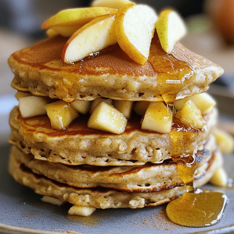 To make Healthy Oatmeal Apple Pancakes, gather these items: - 1 cup rolled oats - 1 cup unsweetened applesauce - 1 large egg - 1/2 cup milk (or almond milk for a dairy-free option) - 1 teaspoon baking powder - 1 teaspoon cinnamon - 1/2 teaspoon vanilla extract - 1/4 teaspoon salt - 1 medium apple, peeled and diced (preferably Fuji or Honeycrisp) - Olive oil or coconut oil for cooking These ingredients work together to create a delicious and nutritious breakfast. The oats provide fiber, while applesauce adds moisture and sweetness. Each serving of these pancakes is packed with benefits. They are low in added sugar and high in fiber. This makes them a great choice for a filling breakfast. Each pancake contains about 120 calories, 3 grams of protein, and 4 grams of fiber. This helps keep you full longer and supports digestion. You can easily swap ingredients to fit your taste or dietary needs: - Use whole wheat flour if you prefer not to blend oats. - Try different milk options like oat milk or soy milk. - If you want vegan pancakes, replace the egg with a flax egg (1 tablespoon ground flaxseed mixed with 2.5 tablespoons water). - Swap cinnamon for nutmeg or pumpkin spice for a different flavor profile. These substitutions maintain the flavor and nutrition while allowing you to customize the recipe. To start, you need to make oat flour. Take 1 cup of rolled oats. Place the oats in a blender or food processor. Pulse them until they look like a fine powder. This oat flour is the base of your pancakes. It adds a wholesome texture and flavor. Now, grab a large mixing bowl. In this bowl, add the oat flour, 1 teaspoon of baking powder, 1 teaspoon of cinnamon, and 1/4 teaspoon of salt. Whisk these dry ingredients together well. Mixing them evenly helps the pancakes rise and taste great. Next, you need another bowl. In this bowl, mix 1 cup of unsweetened applesauce, 1 large egg, 1/2 cup of milk (or almond milk), and 1/2 teaspoon of vanilla extract. Stir until everything is smooth. This mixture adds moisture and sweetness to your pancakes. Now, heat a non-stick skillet over medium heat. Lightly grease it with olive or coconut oil. Pour about 1/4 cup of the batter onto the skillet for each pancake. Cook for 3-4 minutes until you see bubbles on the surface. When the edges look set, flip the pancakes. Cook for another 2-3 minutes until golden brown. Repeat this until all the batter is gone, adding more oil if needed. Enjoy your tasty pancakes! To make the best oatmeal apple pancakes, aim for a fluffy texture. Use rolled oats and blend them into a fine flour. This gives your pancakes a light feel. Don’t overmix the batter; mix just until combined. This helps keep them soft. Heat your skillet to medium. If it’s too hot, pancakes could burn. Use a non-stick skillet or griddle. Lightly grease it with oil before pouring the batter. Pour about 1/4 cup of batter for each pancake. Watch for bubbles; they show when it’s time to flip. Serve your pancakes stacked high. Drizzle a little honey or maple syrup on top. Add extra apple slices for flair. A sprinkle of cinnamon enhances the flavor. You can also serve them with yogurt for added creaminess. Enjoy your delicious, healthy breakfast! {{image_2}} To make these pancakes gluten-free, use certified gluten-free oats. Blend them until they become a fine flour. This simple swap keeps your pancakes fluffy and safe for those with gluten sensitivities. You can also check that your baking powder is gluten-free. For a dairy-free version, replace regular milk with almond milk or oat milk. Both options work well and keep the pancakes moist. You can also use a plant-based yogurt in place of the applesauce for added creaminess. To elevate the taste, consider adding some fun flavors. Chopped nuts like walnuts or pecans add crunch. You can also mix in a dash of nutmeg or a sprinkle of pumpkin spice for warmth. Dried fruits like raisins or cranberries can bring sweetness and chewiness. These simple additions can transform your pancakes into a new favorite! To store leftover pancakes, let them cool down first. Place them in an airtight container. You can stack them, but separate each layer with parchment paper. This keeps them fresh. Store the container in the fridge. They can last up to 3 days. For freezing, cool the pancakes completely. Then, layer them with parchment paper in a freezer-safe bag. Squeeze out the air before sealing. This helps prevent freezer burn. You can freeze them for up to 2 months. Just label the bag with the date. To reheat, simply place a pancake on a microwave-safe plate. Heat it in the microwave for 20-30 seconds. If you want a crispier texture, use a skillet over medium heat. Just cook for about 1-2 minutes on each side. Enjoy your pancakes warm! Yes, you can make these pancakes ahead of time. Simply cook them as directed. Let them cool completely. Then, stack them with parchment paper between each pancake. Place them in an airtight container. Keep the container in the fridge for up to three days. You can also freeze them for longer storage. Just thaw them overnight in the fridge when you’re ready to eat. Reheat them in a toaster or microwave for a quick breakfast. The best type of apple for these pancakes is a sweet variety. I recommend using Fuji or Honeycrisp apples. They add a nice sweetness and great texture to the pancakes. You can also use Gala or Golden Delicious apples if you prefer. These apples hold their shape well and provide a juicy bite. To lower the calories in your pancakes, consider these tips. Use unsweetened applesauce instead of sugar. This keeps them sweet without added calories. You can also replace the milk with unsweetened almond milk. Using a smaller egg or egg substitute can cut more calories too. Finally, use less oil for cooking or skip it entirely with a non-stick skillet. Yes, you can use quick oats instead of rolled oats. Quick oats will give you a different texture, but they work well. They may make the pancakes a bit softer. If you want a chewier texture, stick with rolled oats. You can blend quick oats if you want a finer flour-like consistency. Just remember to adjust the cooking time if the batter seems thinner. In this article, we explored how to make delicious pancakes from oat flour. We covered all the essential ingredients, gave cooking steps, and shared tips for perfect texture. You learned about variations for gluten-free and dairy-free diets and how to store your leftovers effectively. Pancakes can be fun and easy to make at home. With these details, you now have all you need to create tasty meals. Enjoy your cooking and get creative with flavors!