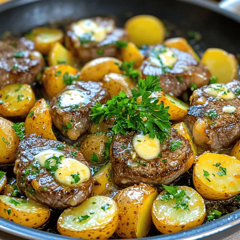 - 1 lb sirloin steak, cut into bite-sized cubes - 1 lb baby potatoes, halved - 4 tablespoons unsalted butter - 4 cloves garlic, minced - 1 teaspoon dried thyme - 1 teaspoon dried rosemary - Salt and pepper to taste - Fresh parsley, chopped (for garnish) - 1 tablespoon olive oil The main ingredients of this dish are simple yet full of flavor. Sirloin steak gives a rich taste and tender texture. I love using baby potatoes because they cook quickly and have a lovely bite. Unsalted butter and garlic add a savory depth that makes the dish shine. For seasoning, dried thyme and rosemary bring a warm, earthy note. Salt and pepper help enhance all the flavors. Fresh parsley adds a pop of color and a fresh finish. I always use olive oil in my cooking. It has a nice flavor and helps sear the steak perfectly. These ingredients come together to create a warm and inviting meal. Start by placing the halved baby potatoes in a pot. Fill the pot with salted water. Bring the water to a boil. Cook the potatoes for about 10 minutes until they are fork-tender. When done, drain the potatoes and set them aside. Next, take your sirloin steak and cut it into bite-sized cubes. Season the steak with salt and pepper. In a large skillet, heat olive oil over medium-high heat. Once hot, add the steak cubes to the skillet. Sear them for about 3-4 minutes. Make sure they brown on all sides. After browning, remove the steak from the skillet and set aside. In the same skillet, add the cooked potatoes. Sauté the potatoes for about 5 minutes. You want them to start crisping up and turn golden brown. This adds flavor and texture to your dish. Now, reduce the heat to medium-low. Push the potatoes to one side of the skillet. Add the unsalted butter to the empty space. Once the butter melts, add the minced garlic, dried thyme, and dried rosemary. Stir these ingredients together for about one minute. This will make your kitchen smell amazing! Return the seared steak bites to the skillet. Mix them well with the potatoes and garlic butter sauce. Cook everything together for an additional 2-3 minutes. This step helps to heat the steak through. Adjust the seasoning with more salt and pepper if needed. Finally, remove the skillet from the heat. Garnish your dish with fresh chopped parsley. Serve the garlic butter steak bites and potatoes immediately. Enjoy the rich, buttery goodness with every bite! For this dish, I recommend using sirloin steak. It has great flavor and is tender when cooked right. If you cannot find sirloin, try flank steak or ribeye. Both options work well and add a rich taste. Garlic is key to the butter sauce's taste. I use four cloves in my recipe, but you can adjust this. If you love garlic, add more! For a milder flavor, use two cloves. Just remember to chop it finely for even cooking. Perfectly cooked potatoes should be soft but not mushy. Boil the halved baby potatoes for about 10 minutes. You want a fork to slide in easily but not fall apart. After boiling, drain them and let them sit for a minute to dry. This helps them crisp up in the skillet. {{image_2}} You can boost your dish with colorful veggies. Try adding bell peppers, zucchini, or green beans. These add flavor and nutrients. Cut the veggies into bite-sized pieces. Sauté them with the potatoes for about 3-5 minutes. This keeps the veggies crisp and bright. You can also add baby carrots or broccoli florets for variety. Feel free to mix and match based on what you have. If you want to switch it up, use chicken or shrimp instead of steak. For chicken, cut boneless thighs or breasts into bite-sized pieces. Cook them in the same way as the steak. For shrimp, use large, peeled shrimp. Sauté them for about 2-3 minutes until they turn pink. Adjust the cooking time based on the protein you choose. Both options are tasty and keep the dish exciting. Want to add some heat? Try adding red pepper flakes to the garlic butter sauce. Start with a pinch and taste. You can always add more if you like it spicy. Mix the flakes with the garlic and herbs for a kick. This simple change brings a whole new flavor to your meal. You can also experiment with chili powder or paprika for different spice levels. To store your garlic butter steak bites and potatoes in the fridge, let them cool first. Place them in an airtight container. This keeps them fresh and prevents odors from other foods. These leftovers last for about three to four days. Always label the container with the date. This helps you keep track of freshness. If you want to save your dish for later, freezing is a great option. First, let the steak bites and potatoes cool completely. Then, place them in a freezer-safe container or a heavy-duty freezer bag. Remove as much air as possible to avoid freezer burn. They can last up to three months in the freezer. To retain the best flavor, try to freeze them without the sauce. When you're ready to enjoy your dish again, reheating is simple. For the best results, use a skillet over medium heat. Add a splash of water or broth to keep it moist. Stir occasionally until heated through. If you're in a hurry, you can use the microwave. Place the food in a microwave-safe dish and cover it. Heat in short bursts, stirring in between, until hot. Always check the temperature to ensure it's safe to eat. The best steak for garlic butter steak bites is sirloin. It is tender, flavorful, and cooks quickly. Other good options include ribeye or tenderloin, but they can be pricier. Sirloin gives you great taste without breaking the bank. Yes, you can use other types of potatoes. Yukon gold or red potatoes work well too. They have a creamy texture and hold their shape during cooking. Just ensure they are small or cut into similar sizes for even cooking. Leftovers can last up to three days in the fridge. Store them in an airtight container to keep them fresh. If you want to enjoy them later, make sure to check for any off smells or changes in texture before eating. You can make parts of this recipe ahead of time. Cook the potatoes and steak bites, then store them separately in the fridge. When you are ready to eat, just reheat and mix with the garlic butter sauce. You can serve garlic butter steak bites and potatoes with a fresh salad or steamed vegetables. A side of roasted asparagus or green beans adds color and nutrients. You could also pair it with crusty bread to soak up the garlic butter sauce. You learned how to make garlic butter steak bites with baby potatoes. We covered all key steps. Start with fresh sirloin, potatoes, and simple herbs. Use olive oil and garlic for flavor. Remember to adjust cooking times for perfect texture. Experiment with different proteins or spices to suit your taste. Store leftovers well and enjoy each bite later. This dish is simple and delicious, perfect for any meal. Now, gather your ingredients and start cooking!