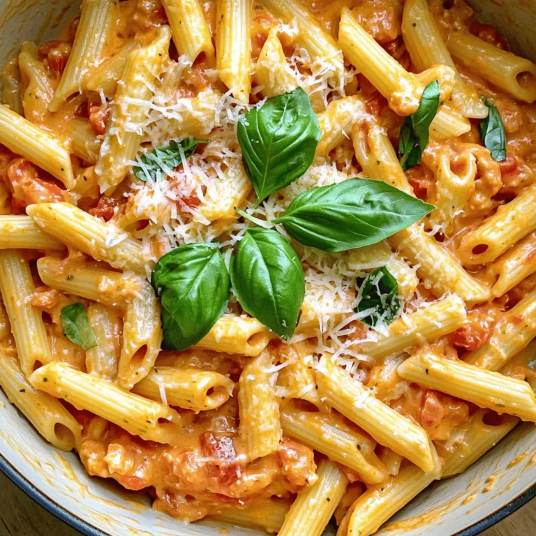 - Pasta Options: You can use 12 oz of penne or fettuccine. Both work well. Penne adds a nice bite, while fettuccine is great for creamy sauces. - Key Flavor Contributors: Use 4 cloves of minced garlic and 28 oz of canned crushed tomatoes. Garlic adds depth, while tomatoes give a rich base. - Creamy Base: For creaminess, include 1 cup of heavy cream and ½ cup of grated Parmesan cheese. The cream makes it smooth, and cheese adds flavor. - Importance of Dried Oregano and Sugar: Add 1 teaspoon of dried oregano for earthy notes. A teaspoon of sugar balances the acidity from tomatoes. - Salt and Pepper: Adjust these to taste. Start with a pinch and add more as needed. - Fresh Basil Leaves for Garnish: Top your dish with fresh basil leaves. They add color and a burst of flavor. To make the perfect creamy tomato garlic pasta, start by boiling water in a large pot. Salting the water is key. It helps flavor the pasta from the inside out. Use about 1 tablespoon of salt for every 4 quarts of water. Once it's boiling, add your pasta. I suggest penne or fettuccine. Cook the pasta according to the package instructions. For a great texture, aim for al dente. This means the pasta should be firm to the bite. Usually, it takes about 8 to 10 minutes. When done, drain the pasta but save ½ cup of the water. Next, let's sauté the garlic. In a large saucepan, heat 2 tablespoons of olive oil over medium heat. Add 4 cloves of minced garlic. Be careful here! Garlic burns quickly and can taste bitter. Sauté the garlic for about 1 minute until you smell its nice aroma. When the garlic is fragrant, it’s time to add the crushed tomatoes. Pour in 28 ounces of canned crushed tomatoes. Stir everything well and let it simmer for about 5 minutes. This step builds a rich flavor base. Now, let’s combine everything. Lower the heat and add 1 cup of heavy cream to the tomato mixture. Stir until it's fully mixed in. Look for a nice, creamy texture. If it seems too thick, you can always add a little reserved pasta water to adjust it. Next, season your sauce. Add 1 teaspoon of dried oregano, 1 teaspoon of sugar, salt, and pepper to taste. Let it simmer for another 5 to 7 minutes. This thickens the sauce and enhances the flavor. Finally, add the cooked pasta to the sauce. Toss well to coat every piece. For presentation, serve the pasta in large bowls. Top with ½ cup of grated Parmesan cheese and a few fresh basil leaves. Drizzle with extra olive oil and sprinkle some black pepper for a great finish. Enjoy your creamy tomato garlic pasta! To adjust the thickness of your sauce, you can use pasta water. Reserve half a cup when cooking pasta. If it's too thick, add a bit of this water to loosen it. If it’s too thin, let it simmer longer to reduce. For alternative herbs and seasonings, try fresh basil or thyme. These can add a fresh twist. A pinch of red pepper flakes can also give your dish a nice kick. If you need dairy-free options, try coconut cream or cashew cream. These can replace heavy cream while keeping it creamy. You can also use nutritional yeast for a cheesy flavor without dairy. For gluten-free pasta choices, look for options made from rice, quinoa, or chickpeas. They work well and keep the dish tasty. For aesthetic appeal, serve your creamy tomato garlic pasta in large bowls. Drizzle with olive oil and sprinkle black pepper on top. This adds a nice visual touch. To garnish, add fresh basil leaves on top. You can also sprinkle extra Parmesan cheese. This will make your dish look even more inviting! {{image_2}} You can easily add some veggies to your creamy tomato garlic pasta. Spinach works well for its mild flavor. Just toss it in during the last few minutes of cooking. Mushrooms also add a nice texture. Sauté them with garlic for extra flavor. If you're looking to boost protein, try adding chickpeas. They soak up the sauce and add heartiness. Grilled chicken is another great option. It gives a nice, smoky flavor that pairs well with the creamy sauce. Want some heat? Add red pepper flakes to your dish. Just a pinch can make the dish sing. If you enjoy a touch of acidity, splash in some white wine. It brightens the flavor and adds depth to the sauce. You can take your creamy tomato garlic pasta on a global adventure. For an Italian twist, mix in some pesto. It brings fresh herbs and a rich taste. For a fun Mexican flair, consider adding spices like cumin and chili powder. You might also top it with avocado or cilantro for freshness. These variations keep the dish exciting and tailored to your taste. To keep your creamy tomato garlic pasta fresh, store it in an airtight container. Refrigerate it right away. This helps slow down spoilage. It will last for about 3 to 4 days in the fridge. Make sure to cool it before sealing the container. When it’s time to enjoy your leftovers, you can reheat them easily. Use the microwave for quick warming. Heat in short bursts, stirring often. This helps keep the creaminess intact. The stovetop is another great option. Just add a splash of water or cream, and warm over low heat. Stir gently until hot. Yes, you can freeze creamy pasta! For best results, cool it first. Place it in a freezer-safe container. It can last up to 2 months in the freezer. To thaw, move it to the fridge overnight. Reheat it gently on the stovetop. Add a bit of cream or pasta water to restore its texture. Making this dish is quick and easy. The prep time is about 10 minutes. Cooking the pasta and sauce takes around 15 minutes. In total, you can have this meal ready in just 25 minutes. Yes, you can use fresh tomatoes. Fresh tomatoes add a bright flavor. However, they need more time to cook down. You should use about 2-3 cups of chopped fresh tomatoes. Remove the skin for a smoother sauce. This pasta pairs well with many sides. A simple green salad with lemon dressing is great. Garlic bread adds a nice crunch. For drinks, try a light white wine, like Pinot Grigio. It complements the creaminess well. Creamy Tomato Garlic Pasta is easy to make and full of flavor. You learned about key ingredients like pasta choices and the creamy base. I shared step-by-step instructions and helpful tips. Vegan and gluten-free options can fit into this dish, too. Try different variations to keep it exciting. Store and reheat leftovers without losing taste. Experiment with fresh ingredients and spices to make the dish your own. Enjoy your cooking journey and taste the delicious results!