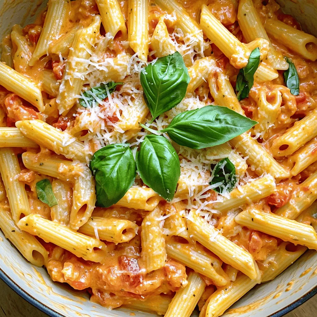 - Pasta Options: You can use 12 oz of penne or fettuccine. Both work well. Penne adds a nice bite, while fettuccine is great for creamy sauces. - Key Flavor Contributors: Use 4 cloves of minced garlic and 28 oz of canned crushed tomatoes. Garlic adds depth, while tomatoes give a rich base. - Creamy Base: For creaminess, include 1 cup of heavy cream and ½ cup of grated Parmesan cheese. The cream makes it smooth, and cheese adds flavor. - Importance of Dried Oregano and Sugar: Add 1 teaspoon of dried oregano for earthy notes. A teaspoon of sugar balances the acidity from tomatoes. - Salt and Pepper: Adjust these to taste. Start with a pinch and add more as needed. - Fresh Basil Leaves for Garnish: Top your dish with fresh basil leaves. They add color and a burst of flavor. To make the perfect creamy tomato garlic pasta, start by boiling water in a large pot. Salting the water is key. It helps flavor the pasta from the inside out. Use about 1 tablespoon of salt for every 4 quarts of water. Once it's boiling, add your pasta. I suggest penne or fettuccine. Cook the pasta according to the package instructions. For a great texture, aim for al dente. This means the pasta should be firm to the bite. Usually, it takes about 8 to 10 minutes. When done, drain the pasta but save ½ cup of the water. Next, let's sauté the garlic. In a large saucepan, heat 2 tablespoons of olive oil over medium heat. Add 4 cloves of minced garlic. Be careful here! Garlic burns quickly and can taste bitter. Sauté the garlic for about 1 minute until you smell its nice aroma. When the garlic is fragrant, it’s time to add the crushed tomatoes. Pour in 28 ounces of canned crushed tomatoes. Stir everything well and let it simmer for about 5 minutes. This step builds a rich flavor base. Now, let’s combine everything. Lower the heat and add 1 cup of heavy cream to the tomato mixture. Stir until it's fully mixed in. Look for a nice, creamy texture. If it seems too thick, you can always add a little reserved pasta water to adjust it. Next, season your sauce. Add 1 teaspoon of dried oregano, 1 teaspoon of sugar, salt, and pepper to taste. Let it simmer for another 5 to 7 minutes. This thickens the sauce and enhances the flavor. Finally, add the cooked pasta to the sauce. Toss well to coat every piece. For presentation, serve the pasta in large bowls. Top with ½ cup of grated Parmesan cheese and a few fresh basil leaves. Drizzle with extra olive oil and sprinkle some black pepper for a great finish. Enjoy your creamy tomato garlic pasta! To adjust the thickness of your sauce, you can use pasta water. Reserve half a cup when cooking pasta. If it's too thick, add a bit of this water to loosen it. If it’s too thin, let it simmer longer to reduce. For alternative herbs and seasonings, try fresh basil or thyme. These can add a fresh twist. A pinch of red pepper flakes can also give your dish a nice kick. If you need dairy-free options, try coconut cream or cashew cream. These can replace heavy cream while keeping it creamy. You can also use nutritional yeast for a cheesy flavor without dairy. For gluten-free pasta choices, look for options made from rice, quinoa, or chickpeas. They work well and keep the dish tasty. For aesthetic appeal, serve your creamy tomato garlic pasta in large bowls. Drizzle with olive oil and sprinkle black pepper on top. This adds a nice visual touch. To garnish, add fresh basil leaves on top. You can also sprinkle extra Parmesan cheese. This will make your dish look even more inviting! {{image_2}} You can easily add some veggies to your creamy tomato garlic pasta. Spinach works well for its mild flavor. Just toss it in during the last few minutes of cooking. Mushrooms also add a nice texture. Sauté them with garlic for extra flavor. If you're looking to boost protein, try adding chickpeas. They soak up the sauce and add heartiness. Grilled chicken is another great option. It gives a nice, smoky flavor that pairs well with the creamy sauce. Want some heat? Add red pepper flakes to your dish. Just a pinch can make the dish sing. If you enjoy a touch of acidity, splash in some white wine. It brightens the flavor and adds depth to the sauce. You can take your creamy tomato garlic pasta on a global adventure. For an Italian twist, mix in some pesto. It brings fresh herbs and a rich taste. For a fun Mexican flair, consider adding spices like cumin and chili powder. You might also top it with avocado or cilantro for freshness. These variations keep the dish exciting and tailored to your taste. To keep your creamy tomato garlic pasta fresh, store it in an airtight container. Refrigerate it right away. This helps slow down spoilage. It will last for about 3 to 4 days in the fridge. Make sure to cool it before sealing the container. When it’s time to enjoy your leftovers, you can reheat them easily. Use the microwave for quick warming. Heat in short bursts, stirring often. This helps keep the creaminess intact. The stovetop is another great option. Just add a splash of water or cream, and warm over low heat. Stir gently until hot. Yes, you can freeze creamy pasta! For best results, cool it first. Place it in a freezer-safe container. It can last up to 2 months in the freezer. To thaw, move it to the fridge overnight. Reheat it gently on the stovetop. Add a bit of cream or pasta water to restore its texture. Making this dish is quick and easy. The prep time is about 10 minutes. Cooking the pasta and sauce takes around 15 minutes. In total, you can have this meal ready in just 25 minutes. Yes, you can use fresh tomatoes. Fresh tomatoes add a bright flavor. However, they need more time to cook down. You should use about 2-3 cups of chopped fresh tomatoes. Remove the skin for a smoother sauce. This pasta pairs well with many sides. A simple green salad with lemon dressing is great. Garlic bread adds a nice crunch. For drinks, try a light white wine, like Pinot Grigio. It complements the creaminess well. Creamy Tomato Garlic Pasta is easy to make and full of flavor. You learned about key ingredients like pasta choices and the creamy base. I shared step-by-step instructions and helpful tips. Vegan and gluten-free options can fit into this dish, too. Try different variations to keep it exciting. Store and reheat leftovers without losing taste. Experiment with fresh ingredients and spices to make the dish your own. Enjoy your cooking journey and taste the delicious results!