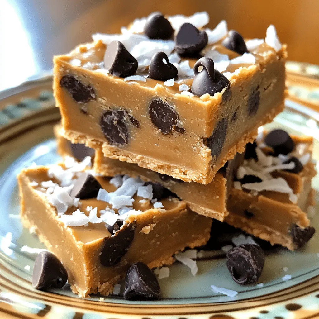 To make these tasty bars, you need a few key ingredients. Here’s what you will need: - 1 cup natural peanut butter (creamy or chunky) - 1/2 cup honey or maple syrup - 1 1/2 cups rolled oats - 1/2 cup chocolate chips (dark or milk) - 1/2 cup unsweetened shredded coconut - 1/4 cup flaxseeds (optional for added nutrition) - 1 teaspoon vanilla extract - Pinch of salt These ingredients combine to create a sweet and nutty flavor. The peanut butter and sweetener help bind everything together. The oats give the bars a hearty texture. You can choose between dark or milk chocolate chips to suit your taste. You can customize your bars with some fun add-ins. Consider these options: - Chopped nuts for crunch - Dried fruit for sweetness - Protein powder for an extra boost - Nut butters like almond or cashew These additions can enrich the flavor and add more nutrition. For example, adding chopped nuts gives a nice crunch. Dried fruit can add a chewy texture. If you have dietary needs, you can swap some ingredients. Here are some ideas: - Use almond butter or sunflower seed butter instead of peanut butter for nut-free bars. - Maple syrup is a great vegan option instead of honey. - Gluten-free oats can replace regular oats for gluten-free bars. These substitutions allow everyone to enjoy the bars. Always read labels to ensure products meet your dietary needs. To make these no-bake peanut butter bars, start with a large bowl. Add 1 cup of natural peanut butter. This can be creamy or chunky, based on your taste. Next, pour in 1/2 cup of honey or maple syrup. Mix these two until they are smooth and creamy. Then, add 1 teaspoon of vanilla extract and a pinch of salt. Stir it well to combine everything. Now, take 1 1/2 cups of rolled oats and slowly add them to the mix. If you like, you can also add 1/2 cup of unsweetened shredded coconut and 1/4 cup of flaxseeds for extra nutrition. Stir until everything is well mixed. Finally, gently fold in 1/2 cup of chocolate chips to ensure they spread evenly. For the best texture, pack the mixture tightly into your baking dish. Use an 8x8-inch dish and line it with parchment paper. Leave some paper hanging over the edges for easy removal later. Press the mixture down firmly with a spatula or your hands. This helps the bars hold their shape when cut. If you want a softer bar, don’t pack it too tightly. For a firmer bar, make sure to press it down hard. Refrigerate the bars for at least 2 hours. This chilling time helps them set properly. After pressing the mixture into the dish, cover it with plastic wrap or foil. This keeps it fresh while it chills. You can place the dish in the fridge for at least 2 hours. Once set, use the parchment paper overhang to lift the bars out. Cut them into squares or rectangles. For best results, store any leftover bars in an airtight container in the fridge. These bars make great snacks and desserts! Enjoy every bite. To keep your no-bake peanut butter bars fresh, store them in the fridge. Place them in an airtight container. They will stay good for up to a week. You can also freeze them for later. Wrap each bar in plastic wrap. Then, place them in a freezer bag. They’ll last up to three months in the freezer. Serve your bars cold or at room temperature. Add toppings for extra flair. A sprinkle of sea salt can enhance the sweet flavor. You might also drizzle melted chocolate on top. For a tropical twist, add slices of banana before serving. Pair these bars with a glass of milk or a cup of tea for a delightful treat. One mistake is not packing the mixture tightly in the dish. If it’s loose, your bars may crumble. Another error is skipping the chilling time. Don’t rush this step; it helps the bars set properly. Also, be careful not to overmix the chocolate chips. You want them distributed but not crushed. {{image_2}} You can change the flavor of your bars easily. Try adding cocoa powder for a rich chocolate taste. Just mix in 1/4 cup of unsweetened cocoa with the peanut butter and honey. For a vanilla twist, use vanilla-flavored protein powder instead of plain protein powder. You can also swap half the peanut butter for almond butter for a nutty twist. If you need nut-free bars, use sunflower seed butter. It has a similar taste and texture. For a sugar-free option, replace honey with sugar-free maple syrup or a sugar substitute. You can also add mashed ripe bananas for sweetness without sugar. This will keep your bars delicious and healthy. Toppings can make your bars even better. Try adding extra chocolate chips or nuts on top before chilling. You can also sprinkle sea salt for a sweet and salty mix. Drizzle melted dark chocolate over the bars after cutting them. It adds a nice touch and more flavor. Don't forget to add fresh fruit, like sliced bananas or strawberries, for a pop of color and taste! To keep your no-bake peanut butter bars fresh, refrigerate them right after making. Place the bars in an airtight container. This helps prevent moisture and keeps them tasty. You can also use plastic wrap over a plate to cover the bars. Do not leave them out at room temperature for too long. The bars can get soft and lose their shape. If you want to save your bars for later, freezing is a great choice. Cut the bars into squares before freezing. Wrap each square in plastic wrap. Then, place them in a freezer-safe bag or container. This way, you can grab a piece when you want a snack. The bars can stay fresh in the freezer for up to three months. Just remember to let them thaw for a few minutes before enjoying. To make your bars last, avoid cutting them into pieces until you are ready to eat. The whole block stays fresh longer. You can also add a layer of parchment paper between bars if you stack them. This keeps them from sticking together. Always check for any signs of spoilage before you eat them. If they smell off or look strange, it's best to toss them. No-Bake Peanut Butter Bars can last about one week in the fridge. Store them in an airtight container. If you want them to last longer, you can freeze them. When frozen, they can last for up to three months. Just remember to wrap them well before freezing. Yes, you can use natural sweeteners like maple syrup or agave nectar. These sweeteners work well in the recipe and keep the bars sticky. If you want a lower glycemic option, try using coconut nectar. Adjust the amount to taste since some sweeteners are sweeter than honey. If you need alternatives to peanut butter, try almond butter or cashew butter. These nut butters offer a similar texture and flavor. For a nut-free option, sunflower seed butter is a great choice. It has a rich taste and works well in the recipe. To sum up, this article covered how to make no-bake peanut butter bars. We explored key ingredients, optional add-ins, and substitutions for diets. I laid out easy steps for preparation, texture tips, and proper storage. You now have fun variations and storage info to keep bars fresh. In closing, no-bake peanut butter bars are simple and delicious. Enjoy creating your own tasty versions!