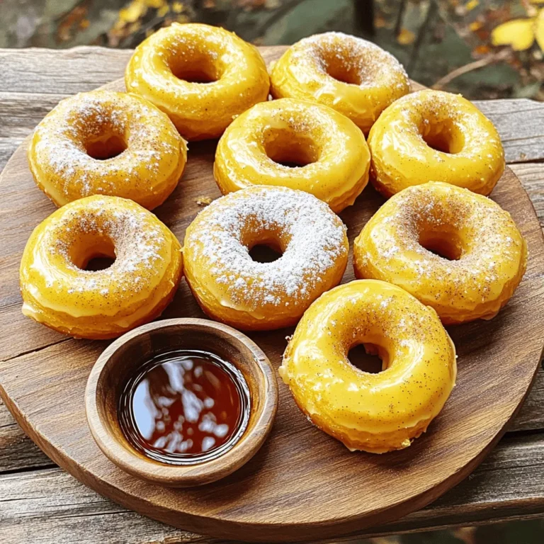 - 1 cup all-purpose flour - 1/2 cup pumpkin puree - 1/4 cup granulated sugar - 1/4 cup brown sugar, packed - 1 teaspoon baking powder - 1/2 teaspoon baking soda - 1 teaspoon pumpkin pie spice - 1/4 teaspoon salt - 1/2 teaspoon vanilla extract - 1/4 cup milk (dairy or non-dairy) - 1 large egg - 2 tablespoons melted butter or coconut oil To make perfect pumpkin spice baked donuts, you need fresh ingredients. The flour gives the donuts structure. Pumpkin puree adds moisture and flavor. Granulated and brown sugar sweeten the treat. Baking powder and baking soda help them rise. Pumpkin pie spice brings warmth and fall flavors. Salt enhances all the tastes. Vanilla extract adds a nice touch. Milk keeps the batter smooth and creamy. The egg binds everything together. Finally, melted butter or coconut oil adds rich flavor. - Powdered sugar - Cinnamon-sugar mixture - Maple syrup These toppings can make your donuts even more special. Dusting with powdered sugar gives a sweet finish. A cinnamon-sugar mix adds a warm, cozy flavor. Maple syrup is perfect for dipping and brings a nice sweetness. Choose one or mix and match! - Preheat your oven to 350°F (175°C). - Grease the donut pan with non-stick spray or oil. Start by preparing your oven. Set it to 350°F (175°C). This heat is perfect for baking the donuts. While the oven heats, grab your donut pan. Coat it with non-stick spray or oil. This step helps the donuts pop out easily after baking. - Whisk together all-purpose flour, sugars, baking powder, baking soda, pumpkin pie spice, and salt. Next, move to dry ingredients. In a large bowl, add 1 cup of all-purpose flour. Pour in 1/4 cup of granulated sugar and 1/4 cup of brown sugar. Add 1 teaspoon of baking powder and 1/2 teaspoon of baking soda. Sprinkle in 1 teaspoon of pumpkin pie spice plus 1/4 teaspoon of salt. Use a whisk to mix well. This ensures even flavor throughout the donuts. - Combine pumpkin puree, milk, vanilla extract, egg, and melted butter (or coconut oil). Now, let’s move to the wet mix. In another bowl, combine 1/2 cup of pumpkin puree. Add 1/4 cup of milk, 1/2 teaspoon of vanilla extract, and 1 large egg. Pour in 2 tablespoons of melted butter or coconut oil. Mix until smooth and creamy. This mixture adds moisture and flavor to your donuts. - Combine wet and dry ingredients without overmixing. - Transfer batter to a piping bag and fill the donut pan. It’s time to combine! Pour the wet mixture into the dry ingredients. Blend gently until just mixed. Some lumps are okay; don’t overmix. Now, grab a piping bag or a zip-top bag with one corner cut off. Fill the donut pan about 2/3 full with your batter. This ensures enough room for rising. - Bake for 10-12 minutes. - Check doneness with a toothpick. Place the pan in your preheated oven. Bake for 10 to 12 minutes. Use a toothpick to test if they are done. Insert it in the center of a donut. If it comes out clean, they’re ready! - Let cool in the pan for 5 minutes before transferring to a wire rack. Once baked, let the donuts cool in the pan for 5 minutes. This step keeps them soft. After that, carefully transfer them to a wire rack. Allow them to cool completely. Now they are ready for serving! - Ensure ingredients are at room temperature. This helps the batter mix well. - Do not overmix the batter. A few lumps are okay. Overmixing can make donuts tough. - For a great look, dust the cooled donuts with powdered sugar. - You can also dip them in a cinnamon-sugar mix for added flavor. - Serve on a rustic wooden platter. Add a side of maple syrup for dipping. - Pair these donuts with hot coffee or spiced cider for the perfect fall treat. - Adjust sweetness to taste. You can add more sugar if you prefer sweeter donuts. - Add nuts or chocolate chips to the batter. Walnuts or pecans add a nice crunch. - Chocolate chips can make the donuts extra special and fun for kids. {{image_2}} You can make pumpkin spice baked donuts even more fun. Here are some ideas: - Adding chocolate chips: Mix in 1/2 cup of chocolate chips for a sweet addition. The chocolate pairs well with pumpkin spice. - Incorporating nuts: Walnuts or pecans add crunch. Chop them up and fold in 1/4 cup to 1/2 cup. This gives texture and flavor. - Making them gluten-free: Substitute the all-purpose flour with a gluten-free blend. Look for one that works well in baking. Toppings can change the whole feel of your donuts. Consider these options: - Glazes: A maple or chocolate glaze makes a sweet finish. Just melt your choice of glaze and dip the cooled donuts. - Sprinkling with different spices: Try cinnamon, nutmeg, or even a dash of cayenne for a kick. A sprinkle can add a nice touch of flavor. Want to make your donuts a bit healthier? Here are some swaps: - Using applesauce in place of oil: Replace the melted butter or coconut oil with 1/4 cup of unsweetened applesauce. This lowers fat and adds moisture. - Substituting coconut sugar for granulated sugar: Coconut sugar gives a lower glycemic index. Use it in equal parts for a healthier sweetness. You can store your pumpkin spice baked donuts at room temperature for one day. If you want them to last longer, place them in the fridge. Make sure to use an airtight container. This helps keep them fresh and moist. Avoid leaving them uncovered, as they will dry out quickly. To freeze your baked donuts, let them cool completely first. Then, wrap each donut in plastic wrap. Place the wrapped donuts in a freezer-safe bag or container. They can stay frozen for up to three months. When you're ready to eat, remove the donuts from the freezer and thaw them in the fridge overnight. This keeps their taste and texture intact. The best way to reheat your donuts is in the oven. Preheat the oven to 350°F (175°C). Place the donuts on a baking sheet and warm them for about five minutes. This method helps keep them soft. You can also use the microwave for a quick option. Heat them for about 10-15 seconds. Just be careful not to overheat, as that can make them dry. Enjoy your warm, tasty treats! To make pumpkin spice baked donuts, start by preheating your oven to 350°F. Grease your donut pan with non-stick spray or oil. In a bowl, whisk together flour, granulated sugar, brown sugar, baking powder, baking soda, pumpkin pie spice, and salt. In another bowl, mix pumpkin puree, milk, vanilla, egg, and melted butter. Combine both mixtures but do not overmix. Transfer the batter to a piping bag, fill the pan, and bake for 10-12 minutes. Check with a toothpick for doneness. Cool for five minutes before transferring to a rack. Yes, you can use fresh pumpkin. First, cook the pumpkin by roasting or steaming it until tender. After cooling, blend it until smooth to make puree. This will give your donuts a fresh taste. Fresh pumpkin may have more moisture, so adjust flour if needed. Look for a light golden color on the donuts. Insert a toothpick into the center; it should come out clean. If it has batter on it, bake for another minute or two. Timing may vary, so start checking at 10 minutes. Yes, you can easily make these donuts vegan. Replace the egg with a flax egg or applesauce. Use almond milk or any plant-based milk instead of dairy milk. Substitute melted coconut oil for butter. These swaps maintain great flavor and texture. These donuts stay fresh for about three days at room temperature. Store them in an airtight container to keep them moist. You can also refrigerate them for up to a week, but they may lose some softness. In this article, I shared how to make tasty pumpkin spice baked donuts. You learned about the ingredients, precise steps for baking, and tips for customizing your treats. Remember to store them properly to keep them fresh longer. Don’t hesitate to experiment with flavors and toppings for your own unique twist. Enjoy baking these easy, delicious donuts with family and friends!