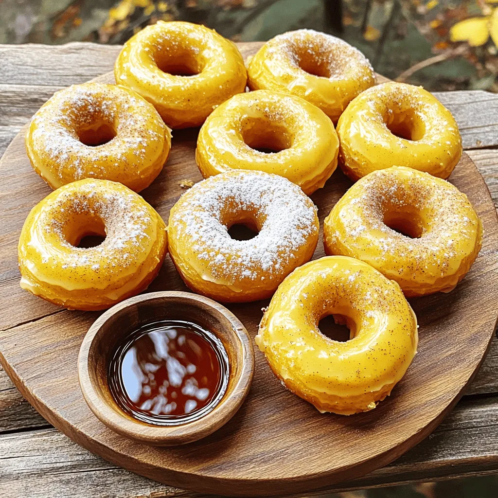- 1 cup all-purpose flour - 1/2 cup pumpkin puree - 1/4 cup granulated sugar - 1/4 cup brown sugar, packed - 1 teaspoon baking powder - 1/2 teaspoon baking soda - 1 teaspoon pumpkin pie spice - 1/4 teaspoon salt - 1/2 teaspoon vanilla extract - 1/4 cup milk (dairy or non-dairy) - 1 large egg - 2 tablespoons melted butter or coconut oil To make perfect pumpkin spice baked donuts, you need fresh ingredients. The flour gives the donuts structure. Pumpkin puree adds moisture and flavor. Granulated and brown sugar sweeten the treat. Baking powder and baking soda help them rise. Pumpkin pie spice brings warmth and fall flavors. Salt enhances all the tastes. Vanilla extract adds a nice touch. Milk keeps the batter smooth and creamy. The egg binds everything together. Finally, melted butter or coconut oil adds rich flavor. - Powdered sugar - Cinnamon-sugar mixture - Maple syrup These toppings can make your donuts even more special. Dusting with powdered sugar gives a sweet finish. A cinnamon-sugar mix adds a warm, cozy flavor. Maple syrup is perfect for dipping and brings a nice sweetness. Choose one or mix and match! - Preheat your oven to 350°F (175°C). - Grease the donut pan with non-stick spray or oil. Start by preparing your oven. Set it to 350°F (175°C). This heat is perfect for baking the donuts. While the oven heats, grab your donut pan. Coat it with non-stick spray or oil. This step helps the donuts pop out easily after baking. - Whisk together all-purpose flour, sugars, baking powder, baking soda, pumpkin pie spice, and salt. Next, move to dry ingredients. In a large bowl, add 1 cup of all-purpose flour. Pour in 1/4 cup of granulated sugar and 1/4 cup of brown sugar. Add 1 teaspoon of baking powder and 1/2 teaspoon of baking soda. Sprinkle in 1 teaspoon of pumpkin pie spice plus 1/4 teaspoon of salt. Use a whisk to mix well. This ensures even flavor throughout the donuts. - Combine pumpkin puree, milk, vanilla extract, egg, and melted butter (or coconut oil). Now, let’s move to the wet mix. In another bowl, combine 1/2 cup of pumpkin puree. Add 1/4 cup of milk, 1/2 teaspoon of vanilla extract, and 1 large egg. Pour in 2 tablespoons of melted butter or coconut oil. Mix until smooth and creamy. This mixture adds moisture and flavor to your donuts. - Combine wet and dry ingredients without overmixing. - Transfer batter to a piping bag and fill the donut pan. It’s time to combine! Pour the wet mixture into the dry ingredients. Blend gently until just mixed. Some lumps are okay; don’t overmix. Now, grab a piping bag or a zip-top bag with one corner cut off. Fill the donut pan about 2/3 full with your batter. This ensures enough room for rising. - Bake for 10-12 minutes. - Check doneness with a toothpick. Place the pan in your preheated oven. Bake for 10 to 12 minutes. Use a toothpick to test if they are done. Insert it in the center of a donut. If it comes out clean, they’re ready! - Let cool in the pan for 5 minutes before transferring to a wire rack. Once baked, let the donuts cool in the pan for 5 minutes. This step keeps them soft. After that, carefully transfer them to a wire rack. Allow them to cool completely. Now they are ready for serving! - Ensure ingredients are at room temperature. This helps the batter mix well. - Do not overmix the batter. A few lumps are okay. Overmixing can make donuts tough. - For a great look, dust the cooled donuts with powdered sugar. - You can also dip them in a cinnamon-sugar mix for added flavor. - Serve on a rustic wooden platter. Add a side of maple syrup for dipping. - Pair these donuts with hot coffee or spiced cider for the perfect fall treat. - Adjust sweetness to taste. You can add more sugar if you prefer sweeter donuts. - Add nuts or chocolate chips to the batter. Walnuts or pecans add a nice crunch. - Chocolate chips can make the donuts extra special and fun for kids. {{image_2}} You can make pumpkin spice baked donuts even more fun. Here are some ideas: - Adding chocolate chips: Mix in 1/2 cup of chocolate chips for a sweet addition. The chocolate pairs well with pumpkin spice. - Incorporating nuts: Walnuts or pecans add crunch. Chop them up and fold in 1/4 cup to 1/2 cup. This gives texture and flavor. - Making them gluten-free: Substitute the all-purpose flour with a gluten-free blend. Look for one that works well in baking. Toppings can change the whole feel of your donuts. Consider these options: - Glazes: A maple or chocolate glaze makes a sweet finish. Just melt your choice of glaze and dip the cooled donuts. - Sprinkling with different spices: Try cinnamon, nutmeg, or even a dash of cayenne for a kick. A sprinkle can add a nice touch of flavor. Want to make your donuts a bit healthier? Here are some swaps: - Using applesauce in place of oil: Replace the melted butter or coconut oil with 1/4 cup of unsweetened applesauce. This lowers fat and adds moisture. - Substituting coconut sugar for granulated sugar: Coconut sugar gives a lower glycemic index. Use it in equal parts for a healthier sweetness. You can store your pumpkin spice baked donuts at room temperature for one day. If you want them to last longer, place them in the fridge. Make sure to use an airtight container. This helps keep them fresh and moist. Avoid leaving them uncovered, as they will dry out quickly. To freeze your baked donuts, let them cool completely first. Then, wrap each donut in plastic wrap. Place the wrapped donuts in a freezer-safe bag or container. They can stay frozen for up to three months. When you're ready to eat, remove the donuts from the freezer and thaw them in the fridge overnight. This keeps their taste and texture intact. The best way to reheat your donuts is in the oven. Preheat the oven to 350°F (175°C). Place the donuts on a baking sheet and warm them for about five minutes. This method helps keep them soft. You can also use the microwave for a quick option. Heat them for about 10-15 seconds. Just be careful not to overheat, as that can make them dry. Enjoy your warm, tasty treats! To make pumpkin spice baked donuts, start by preheating your oven to 350°F. Grease your donut pan with non-stick spray or oil. In a bowl, whisk together flour, granulated sugar, brown sugar, baking powder, baking soda, pumpkin pie spice, and salt. In another bowl, mix pumpkin puree, milk, vanilla, egg, and melted butter. Combine both mixtures but do not overmix. Transfer the batter to a piping bag, fill the pan, and bake for 10-12 minutes. Check with a toothpick for doneness. Cool for five minutes before transferring to a rack. Yes, you can use fresh pumpkin. First, cook the pumpkin by roasting or steaming it until tender. After cooling, blend it until smooth to make puree. This will give your donuts a fresh taste. Fresh pumpkin may have more moisture, so adjust flour if needed. Look for a light golden color on the donuts. Insert a toothpick into the center; it should come out clean. If it has batter on it, bake for another minute or two. Timing may vary, so start checking at 10 minutes. Yes, you can easily make these donuts vegan. Replace the egg with a flax egg or applesauce. Use almond milk or any plant-based milk instead of dairy milk. Substitute melted coconut oil for butter. These swaps maintain great flavor and texture. These donuts stay fresh for about three days at room temperature. Store them in an airtight container to keep them moist. You can also refrigerate them for up to a week, but they may lose some softness. In this article, I shared how to make tasty pumpkin spice baked donuts. You learned about the ingredients, precise steps for baking, and tips for customizing your treats. Remember to store them properly to keep them fresh longer. Don’t hesitate to experiment with flavors and toppings for your own unique twist. Enjoy baking these easy, delicious donuts with family and friends!