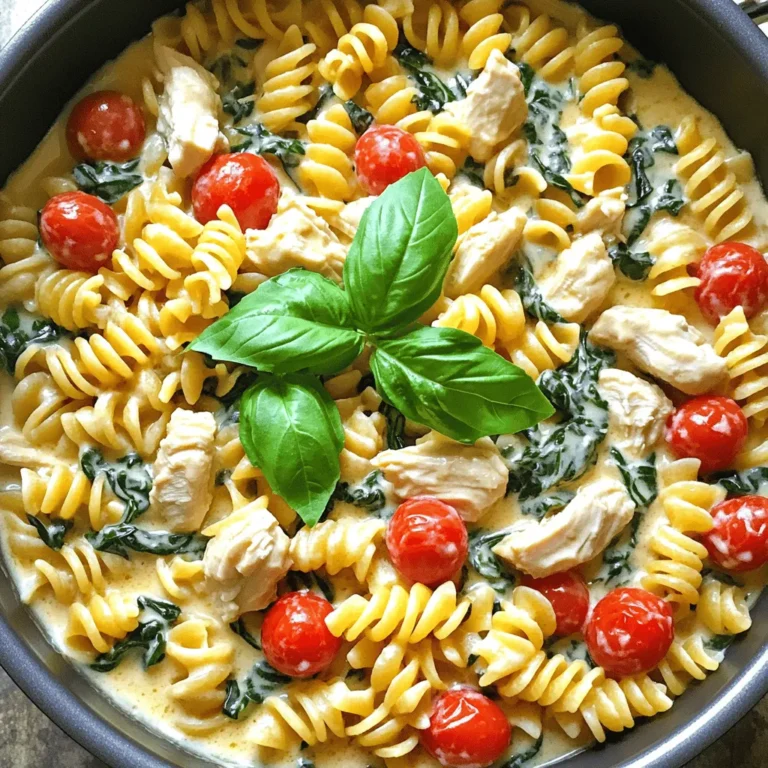 - 2 boneless, skinless chicken breasts, diced - 8 ounces rotini pasta - 1 cup cherry tomatoes, halved - 2 cups baby spinach - 2 tablespoons olive oil - 1 teaspoon Italian seasoning - 1 cup heavy cream - 1 cup chicken broth - ½ cup grated Parmesan cheese - Salt and pepper to taste - 3 cloves garlic, minced - Fresh basil leaves for garnish - Additional cheese In this dish, chicken is the star. I love using boneless, skinless chicken breasts. They cook quickly and stay juicy. The rotini pasta is perfect. It holds the creamy sauce well. Cherry tomatoes add a sweet burst of flavor. Spinach brings a nice green touch. For pantry staples, olive oil is essential. It helps to brown the chicken and adds flavor. Italian seasoning brings warmth and depth. Heavy cream makes the sauce rich and creamy. Chicken broth adds more flavor, while Parmesan cheese gives it a salty kick. You can add fresh basil for a lovely aroma and taste. Extra cheese can make it even richer. Choosing these ingredients will elevate your meal. They work together to create a creamy, delicious dish. - Dicing chicken: Start by cutting the chicken into small, bite-sized pieces. This helps cook it evenly. Aim for uniform size to ensure it cooks well. - Mincing garlic: Next, take your garlic cloves and chop them finely. This releases their strong flavor into the dish. Add just three cloves for a nice punch. - Halving cherry tomatoes: Grab the cherry tomatoes and cut them in half. This allows them to burst with flavor as they cook. Their sweetness adds depth to the sauce. - Browning the chicken: In a large pot, heat two tablespoons of olive oil over medium heat. Add the diced chicken, sprinkle with salt, pepper, and Italian seasoning. Cook until the chicken is golden brown, about 5–7 minutes. - Adding garlic and tomatoes: Toss in the minced garlic and cook for 1–2 minutes. Then stir in the halved cherry tomatoes and let them soften for about 2–3 minutes. - Mixing in pasta and cream: Pour in 1 cup of chicken broth and bring it to a simmer. Add 8 ounces of rotini pasta and 1 cup of heavy cream. Stir everything well, cover the pot, and cook for 10–12 minutes. Stir occasionally until the pasta is al dente. - Incorporating spinach and cheese: Once the pasta is done, lower the heat. Stir in 2 cups of baby spinach and ½ cup of grated Parmesan cheese. Mix until the spinach wilts and the cheese melts. - Adjusting seasoning: Taste your dish and add more salt and pepper if needed. This is key for balancing flavors. - Serving the dish: Serve hot and garnish with fresh basil leaves. The basil adds a fresh touch that brightens each bite. Enjoy your creamy Tuscan chicken pasta! To ensure your chicken is cooked through, cut it into small pieces. This helps it cook faster and evenly. Cook the chicken until it is golden brown, about 5-7 minutes. Always check that the inside is no longer pink. Avoid overcooked pasta by checking it a minute early. Pasta should be al dente, which means it should have a little bite. Stir it occasionally as it cooks to prevent sticking. Using fresh herbs makes a big difference. I love adding chopped basil or parsley right before serving. It brightens the dish and adds a fresh taste. For extra kick, sprinkle in some red pepper flakes or add a pinch of smoked paprika. These spices bring out the flavor of the chicken and the creamy sauce. Meal prep can save you time. You can dice the chicken, mince the garlic, and chop the tomatoes a day ahead. Store them in the fridge until you are ready to cook. Utilizing pre-chopped ingredients can also make cooking faster. Look for pre-diced chicken or pre-washed spinach. These small changes can cut your prep time in half. {{image_2}} You can easily swap chicken for other proteins. Shrimp adds a nice touch. It cooks quickly and absorbs flavors well. Sausage is another great choice. It brings rich flavor and a bit of spice. For a vegetarian option, use tofu. Tofu soaks up the creamy sauce well. Just press it first to remove excess moisture. Feel free to choose different pasta shapes. Fusilli, penne, or farfalle all work great. Each shape catches the sauce differently. If you need a gluten-free option, try gluten-free pasta. Many brands offer tasty alternatives that cook nicely without losing texture. Experiment with different cream styles for the sauce. You can use half-and-half or Greek yogurt for a lighter version. For more flavor, try adding a splash of white wine. Another idea is to use vegetable broth instead of chicken broth. It gives the dish a unique taste while keeping it light. To keep your One-Pot Creamy Tuscan Chicken Pasta fresh, use airtight containers. Glass containers work well, but plastic ones are fine too. Ensure the lid seals tightly. Store the leftovers in the fridge. They last about 3-4 days. For reheating, the best methods are on the stove or in the microwave. If using the stove, heat over low to medium heat. Stir often to prevent sticking. If using a microwave, heat in short bursts. This helps avoid overheating. To keep the creaminess, add a splash of chicken broth or cream as you reheat. You can freeze creamy pasta, but it may change texture. To freeze, let it cool completely first. Then, scoop it into freezer-safe bags or containers. Remove as much air as possible. When ready to eat, thaw it in the fridge overnight. Reheat gently on the stove, adding extra cream if needed. Can I make this recipe ahead of time? Yes, you can make this dish ahead of time. Cook it fully, then cool it. Store it in the fridge for up to three days. When ready to eat, simply reheat it on the stove. Add a splash of broth if it seems dry. What can I substitute for heavy cream? If you need a substitute for heavy cream, try using half-and-half or coconut milk. Both options will keep the sauce creamy. For a lighter version, use Greek yogurt or sour cream, but add them slowly to avoid curdling. What to serve with Tuscan chicken pasta? This pasta pairs well with a fresh green salad or garlic bread. A side of roasted vegetables also complements the flavors. For extra flavor, sprinkle some extra Parmesan cheese on top before serving. How to pair this dish with wine? A white wine works best with this dish. Look for a light Pinot Grigio or a crisp Sauvignon Blanc. These wines will enhance the creamy sauce without overpowering it. Is this recipe gluten-free? No, this recipe is not gluten-free because of the rotini pasta. However, you can easily use gluten-free pasta. Just make sure to cook it according to package instructions. Can I make it dairy-free? Yes, you can make this dish dairy-free. Use coconut cream instead of heavy cream and skip the Parmesan. This will give you a creamy texture without any dairy. This blog post covered essential ingredients and easy steps to make a delicious Tuscan chicken pasta. We explored how to prep, cook, and make adjustments for tasty results. I shared tips to enhance flavor and save time. You can even try different proteins and pasta shapes for variety. In the end, this dish is not just about taste but also about flexibility. Enjoy preparing it your way, and make it your family favorite!