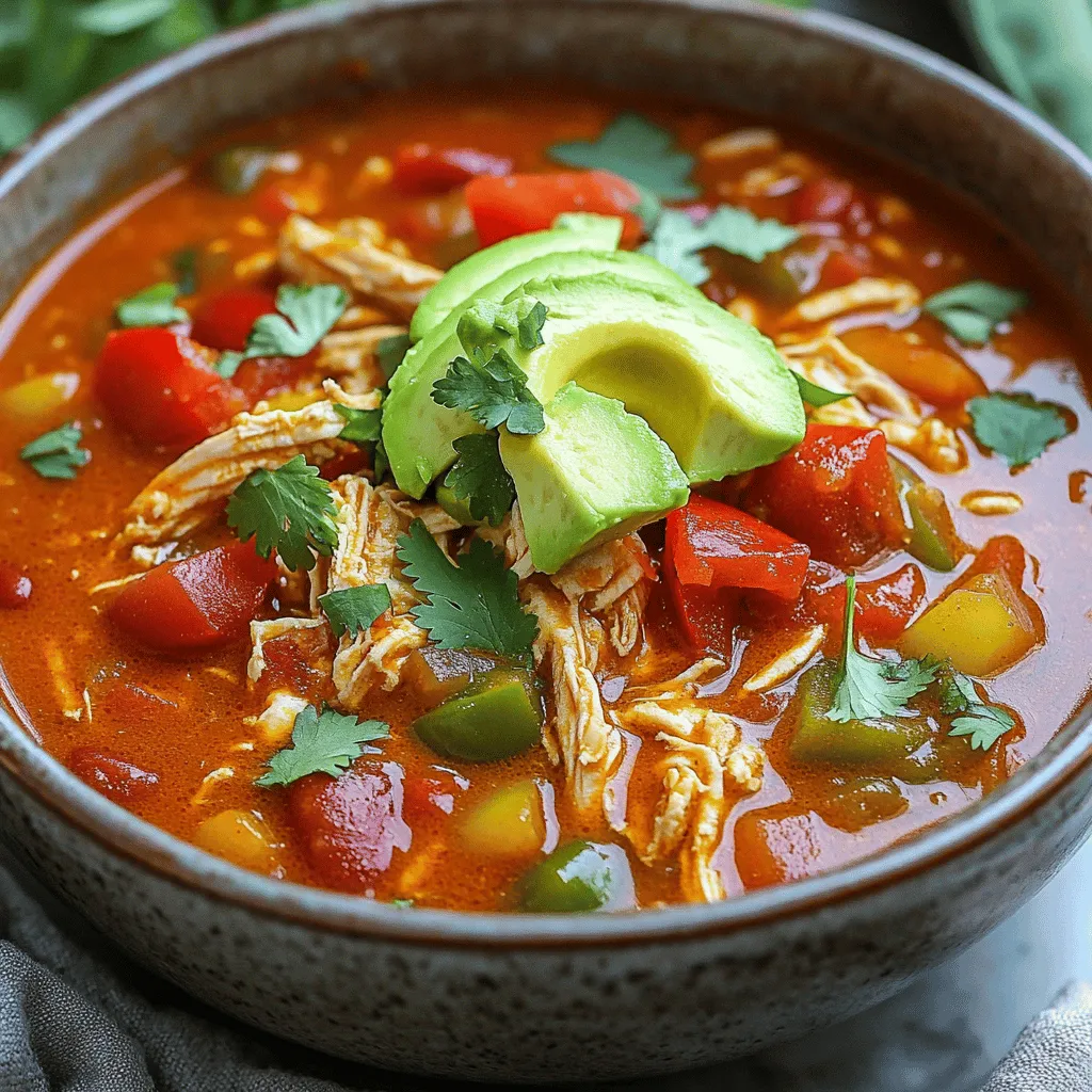 - 2 pounds boneless, skinless chicken thighs - 2 cans diced tomatoes (no added sugar) - 1 can coconut milk - 1 medium onion, diced - 3 cloves garlic, minced - 1 red bell pepper, diced - 1 green bell pepper, diced - Chili powder - Cumin - Smoked paprika - Onion powder - Garlic powder - Salt and pepper to taste - Black beans (for variations) - Fresh cilantro for garnish - Avocado slices for topping Gather all these ingredients to make a delicious Whole30 slow cooker chicken chili. The chicken thighs give a rich flavor and stay tender while cooking. The diced tomatoes add a nice acidity, and the coconut milk makes it creamy. You can also add different veggies or beans to fit your taste. The spices enhance the chili's warmth and depth. If you like fresh flavors, use cilantro and avocado as toppings. These add color and a fresh taste. This chili is not just tasty; it’s also healthy. Each ingredient plays a role in making every bite satisfying. Enjoy the process of cooking this meal, knowing it's packed with nutrients and flavor! Start by layering the vegetables in your slow cooker. Add the diced onion, minced garlic, and both red and green bell peppers. This mix adds great flavor and texture. Next, place the boneless chicken thighs right on top of the veggies. This helps the chicken soak in all those tasty juices while cooking. Now it’s time to pour in the liquids. Add two cans of diced tomatoes and one can of coconut milk. These add creaminess and a hint of sweetness. After that, season the mix. Use chili powder, cumin, smoked paprika, onion powder, garlic powder, salt, and pepper. Stir gently to blend everything, but avoid disturbing the chicken too much. Cover the slow cooker and set it to cook. If you choose low, let it cook for 6 to 8 hours. If you prefer high, it will take about 3 to 4 hours. About 30 minutes before serving, shred the chicken right in the slow cooker using two forks. This makes it easy to mix the chicken back into the chili. Before serving, taste the chili. Adjust the seasoning if needed. This is a good time to add a bit more salt or spices, if you like. Serve hot, and don’t forget to garnish! Top it with fresh cilantro and avocado slices for extra flavor. Enjoy your meal! To enhance the spices in your chili, use fresh spices. Ground spices lose flavor over time. Store them in a cool, dark place. Toast spices in a dry pan for a minute to boost their taste. This simple step makes a big difference. Achieving the right consistency is key. If your chili is too thick, add some chicken broth or water. If it’s too thin, let it cook longer with the lid off. This allows some liquid to evaporate, thickening the chili. For quicker preparation, chop your veggies the night before. Store them in the fridge. You can also use pre-diced onions and bell peppers from the grocery store. This saves time and makes cooking easier. If you want to speed things up, try using a pressure cooker. It cooks food faster than a slow cooker. Just adjust the cooking time according to your device’s instructions. Making this chili ahead of time is a great idea. It tastes even better after a day in the fridge. The flavors blend well overnight. Just reheat it on the stove or in the microwave. Freezing the chili is easy! Let it cool, then pack it in airtight containers. It can last up to three months in the freezer. When ready to eat, thaw it in the fridge overnight. Reheat it on the stove or microwave until hot. Enjoy your easy, tasty meal! {{image_2}} You can swap the chicken for tofu or tempeh to make this chili plant-based. Tofu adds a soft texture, while tempeh gives a nutty flavor. Cut the tofu into small cubes and press it to remove extra water. For tempeh, you can crumble it or leave it in chunks. Feel free to add more veggies too. Zucchini, carrots, or corn can bring in extra taste and color. Just chop them up and toss them into the slow cooker with the other ingredients. If you love heat, consider adding jalapeños or crushed red pepper flakes. Just chop up the jalapeños and mix them in. Start with one pepper and add more if you like it spicier. With crushed red pepper, a little goes a long way. Start with half a teaspoon and taste. You can always add more if you want more spice. To keep it Whole30 compliant, skip the black beans. They are healthy but not allowed on Whole30. You can also check any sauces or toppings you use. Make sure they have no added sugars or non-compliant ingredients. For toppings, consider using fresh herbs like parsley or green onions instead of avocado. These add flavor without breaking the rules. To keep your Whole30 slow cooker chicken chili fresh, follow these steps: - Refrigeration: Place the chili in an airtight container. It stays good for up to 4 days. - Best Practices: Let the chili cool before sealing. This helps prevent moisture build-up. To preserve taste and texture, avoid leaving it out of the fridge for more than two hours after cooking. If you plan to eat leftovers, take just what you need. This way, the rest stays fresh longer. Freezing is a great way to save your chili for later: - Freezing Correctly: Use freezer-safe bags or containers. Leave some space for expansion. It freezes well for up to 3 months. - Thawing and Reheating: To thaw, place it in the fridge overnight. You can also use the microwave. Heat it on low until it’s warm. Stir well to make sure it heats evenly. This chili holds its flavor well when frozen. It’s perfect for busy days when you need a quick meal. Enjoy the taste of home-cooked chili any day! Is this recipe Whole30 compliant? Yes, this recipe is Whole30 compliant. It uses chicken, vegetables, and spices that fit the Whole30 rules. Just skip the black beans if you want strict compliance. Can I use other types of chicken? You can use chicken breasts if you prefer. However, thighs keep the chili moist and add rich flavor. Choose what you enjoy most! How long does the chili last in the fridge? The chili lasts about 4-5 days in the fridge. Just store it in an airtight container to keep it fresh. Can I cook this recipe on the stovetop? Yes, you can cook this chili on the stovetop. Cook it on low heat for about 1.5 to 2 hours. Shred the chicken before serving. What can I use instead of coconut milk? You can use almond milk or cashew cream as a substitute. These options will change the flavor but still keep it creamy. How to modify for different dietary restrictions? For gluten-free diets, this recipe is naturally gluten-free. If you need it dairy-free, stick to the coconut milk. Always check labels to ensure other ingredients are compliant. This blog post highlights a simple and tasty chili recipe. You learned about essential ingredients, step-by-step cooking instructions, and tips for perfecting flavors. I also shared variations for different diets and helpful storage info. You can adapt this recipe to suit your taste and needs. Cooking should be fun and enjoyable. I hope these ideas inspire you to try making this chili soon!