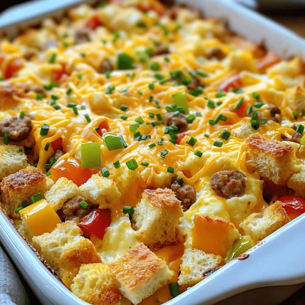 For a tasty make-ahead breakfast casserole, you need the basics. Here are the key ingredients: - 6 large eggs - 2 cups milk (whole or 2%) - 2 cups cubed day-old bread (sourdough or whole grain) - 1 cup shredded cheddar cheese - 1 cup cooked breakfast sausage, crumbled - 1 bell pepper, diced (any color) - 1 small onion, diced - 1 teaspoon garlic powder - 1 teaspoon dried oregano - Salt and pepper to taste Eggs and milk create a rich base. They provide flavor and help bind the other ingredients. The bread adds texture and helps soak up the egg mixture. Cheese brings creaminess and a savory touch. Breakfast sausage adds a hearty protein punch. Fresh vegetables like bell peppers and onions add color and crunch. You can easily change your casserole to fit your taste. Here are some optional ingredients: - Alternative proteins: bacon or ham - Vegetable variations: spinach or mushrooms - Dairy-free and gluten-free options: almond milk and gluten-free bread Using bacon or ham gives you a smoky flavor. You can mix in spinach or mushrooms for extra nutrition. If you prefer dairy-free or gluten-free, swap out the milk and bread. This flexibility makes the recipe fun and personal. Try different combinations to find your favorite! To start, you need to whisk the eggs and milk together. Grab a large mixing bowl. Add in the six large eggs and two cups of milk. Whisk them until they blend well. This mixture is the base of your casserole. Next, season it with garlic powder, dried oregano, salt, and pepper. This adds great flavor. After that, take your day-old bread. Cube two cups of it into small pieces. Add this bread to your egg mixture. Then, fold in one cup of crumbled breakfast sausage and diced vegetables. Use one bell pepper and one small onion, both diced. Make sure all the bread soaks up the egg mixture well. Now it’s time to assemble. First, grease a 9x13 inch baking dish with cooking spray or butter. This helps prevent sticking. Pour your mixture into the dish. Spread it out evenly. Sprinkle one cup of shredded cheddar cheese on top. This will melt beautifully as it bakes. Cover the dish with aluminum foil. Place it in the fridge for at least two hours, or overnight. This allows the flavors to blend well. When you’re ready to bake, preheat your oven to 350°F (175°C). Take the casserole out of the fridge. Let it sit at room temperature for about 15 minutes. This helps it bake evenly. Bake it covered for 30 minutes. Then, uncover and bake for another 15 to 20 minutes. You want the top to be golden brown and the center to be set. Once it’s done baking, remove it from the oven. Let it cool for a few minutes. This step is important. Cooling helps the casserole hold its shape when you slice it. For the final touch, garnish with fresh chives or parsley. This makes it look great for serving. Enjoy your warm, tasty breakfast casserole! To get the best flavor and texture, refrigerate the casserole overnight. This gives the bread time to soak up the egg mixture. If you can, let it chill for at least six hours. When baking, cover the dish with foil for the first part. This helps cook the inside well without burning the top. Adding spices can really boost the taste. Use garlic powder and dried oregano to add depth. Feel free to add a pinch of paprika or even some hot sauce for a kick. Choosing the right bread is key too. Day-old sourdough or whole grain bread gives the best texture. It holds up well without getting mushy. A soggy casserole can ruin breakfast. To prevent this, use stale bread. Make sure to mix the ingredients well and avoid too much milk. If your casserole cooks unevenly, check your oven's temperature. An oven thermometer can help ensure even cooking. Letting the casserole sit for a few minutes before slicing also helps it firm up. {{image_2}} To make a tasty meat-free version, swap the breakfast sausage for some beans or tofu. These options give great protein without meat. You can also use mushrooms for a savory touch. Adding extra veggies brings flavor and color. Try spinach, zucchini, or tomatoes. Diced sweet potatoes can add sweetness and fiber. Mix and match veggies based on what you have at home! For a low-carb option, use cauliflower bread or almond flour bread instead of regular bread. These alternatives cut carbs while still tasting great. To boost protein, use more eggs and cheese. Adding cooked bacon or ham can also help. You can even mix in some cottage cheese for creaminess without too many carbs. Incorporating seasonal vegetables makes your casserole fresh and fun. In the spring, use asparagus or fresh peas. In the fall, try butternut squash or sweet potatoes. These veggies bring unique flavors and colors to the dish. For holiday-themed casseroles, consider adding cranberries or sage. This combo works well for Thanksgiving. You can also use pumpkin for a cozy fall flavor. These small changes can make your breakfast casserole perfect for any occasion! To keep your breakfast casserole fresh, store it properly. First, let it cool down after baking. Once cool, cut it into squares. Place the squares in an airtight container. If you want to freeze it, wrap each square in plastic wrap and then put it in a freezer-safe bag. This keeps the casserole tasty and safe. For the best texture, reheat the casserole in the oven. Preheat your oven to 350°F (175°C). Place the casserole in an oven-safe dish. Cover with foil to prevent it from drying out. Heat for about 20 minutes or until it's warm throughout. If you need a quick serving, use the microwave. Place a square on a microwave-safe plate. Heat for 1-2 minutes, checking to ensure it heats evenly. Be careful, as it can get hot! You can keep the breakfast casserole in the fridge for 3-4 days. If you freeze it, it can last up to 2-3 months. Always check for signs of spoilage. If you see mold or it smells off, toss it out. Trust your senses; safety comes first! Yes, you can make breakfast casserole the night before. This helps the flavors blend well. To do this, prepare the casserole as per the recipe. After mixing all the ingredients, cover it and place it in the fridge. Let it chill for at least two hours or overnight. This way, you can bake it in the morning when you are ready to eat. The best bread for breakfast casseroles is day-old bread. I love using sourdough or whole grain. These types soak up the egg mixture well and add great flavor. Fresh bread can become too soggy. If you have leftover bread, use it. It makes a big difference in taste and texture. Yes, you can use egg substitutes in this recipe. Some good options include silken tofu or a flaxseed mix. For each egg, mix one tablespoon of ground flaxseed with two and a half tablespoons of water. Let it sit until it thickens. This works well in most casseroles, though the taste may change slightly. To sum it up, we covered the essentials for a make-ahead breakfast casserole. We looked at key ingredients like eggs, milk, and your choice of protein and veggies. I shared step-by-step instructions from prepping to serving. You can customize it to fit your taste and needs. Remember to store leftovers properly for fresh meals later. This dish is not only easy to make but also fun to adjust. Enjoy creating a breakfast casserole that fits your family’s tastes!