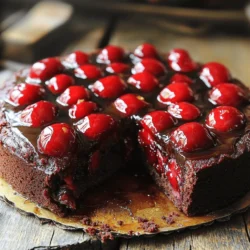 To make the Chocolate Cherry Upside-Down Cake, gather these items: - 1 cup fresh or frozen cherries, pitted - 1/2 cup unsweetened cocoa powder - 1 cup granulated sugar, divided - 1/2 cup unsalted butter, softened - 2 large eggs - 1 teaspoon vanilla extract - 1 cup all-purpose flour - 1 teaspoon baking powder - 1/2 teaspoon baking soda - 1/4 teaspoon salt - 1/2 cup buttermilk (or homemade buttermilk with milk and lemon juice) - 1/4 teaspoon almond extract (optional) - 1 tablespoon brown sugar If you don’t have an ingredient, don’t worry! Here are some easy swaps: - For butter, use coconut oil or margarine. - If you lack buttermilk, mix milk with a splash of lemon juice. - Use dark cocoa powder instead of unsweetened cocoa for a richer taste. - You can replace granulated sugar with brown sugar for more depth. Fresh cherries can enhance your cake. Here’s how to pick the best ones: - Look for firm cherries with shiny skin. - Avoid any with soft spots or wrinkles. - Check for a deep, vibrant color; darker usually means sweeter. - Smell the cherries; they should have a sweet aroma. - If using frozen cherries, ensure they are pitted and unsweetened for the best flavor. Start by preheating your oven to 350°F (175°C). Take a 9-inch round cake pan and grease it well. I like using butter for this step. Next, sprinkle 1 tablespoon of brown sugar evenly across the bottom. This will create a sweet layer once the cake is flipped. In a large mixing bowl, cream together 1/2 cup of softened butter and 3/4 cup of granulated sugar. Mix until it becomes light and fluffy. This step is key for a soft cake! Now, beat in 2 large eggs, one at a time. Add in 1 teaspoon of vanilla extract. If you want a hint of almond flavor, add 1/4 teaspoon of almond extract. Mix until all is well combined. In another bowl, sift together 1 cup of all-purpose flour, 1/2 cup of cocoa powder, 1 teaspoon of baking powder, 1/2 teaspoon of baking soda, and 1/4 teaspoon of salt. This will help the cake rise nicely. Gradually add this dry mixture to the wet mixture. Alternate with 1/2 cup of buttermilk. Start and end with the dry mix. Gently stir until just combined. Avoid overmixing to keep the cake light. Carefully pour the chocolate batter over the cherries in the pan. Spread it evenly. Bake for about 30-35 minutes. Use a toothpick to check if it’s done. If it comes out clean, it’s ready! Once baked, let the cake cool in the pan for about 10 minutes. Run a knife around the edges to loosen it. Invert it onto a serving plate. Gently lift the pan to reveal the cherries on top. Enjoy! To keep your cake light, mix gently. After adding flour, stir only until it's blended. Overmixing makes the cake tough. Use a spatula for the last mix to avoid lumps. This way, you keep that soft texture we love. For a fluffy cake, cream the butter and sugar well. Mix them until they are light and pale. This step adds air to the mix. When you add eggs, beat them in one at a time. Each egg should blend in fully before adding the next. This process helps trap more air, making the cake rise nicely. For the cherry layer, use fresh or frozen cherries. If using frozen, thaw them and drain excess juice. This keeps your cake from getting soggy. Arrange the cherries evenly in the pan with brown sugar. This will create a sweet and sticky topping once the cake is inverted. Enjoy that burst of flavor when you take a slice! {{image_2}} You can switch out cherries for other fruits. Try peaches or pineapple. They add sweet and juicy flavors. Apples can also work, giving a nice crunch. Just remember to slice them thin. Use fruits that pair well with chocolate. To make this cake gluten-free, swap all-purpose flour for a gluten-free blend. Look for one that includes xanthan gum. For a dairy-free option, replace buttermilk with almond milk and add a splash of lemon juice. Use coconut oil instead of butter for a rich taste. Spices can enhance the flavor of your cake. Try adding a pinch of cinnamon or nutmeg for warmth. You can also use flavored extracts like orange or peppermint. These small changes can create a whole new experience. Mix in some finely chopped nuts for extra texture. To keep your Chocolate Cherry Upside-Down Cake fresh, wrap it tightly. Use plastic wrap or aluminum foil. You can also place the cake in an airtight container. This will help retain its moisture and flavor. Store the cake at room temperature for up to two days. If you want to keep it longer, refrigeration is a good option. Just remember, cold can change the cake's texture. Freezing is a great way to save your cake for a special treat later. First, let the cake cool completely. Then, slice it into pieces for easy access. Wrap each piece in plastic wrap, and then place them in a freezer bag. This keeps them from getting freezer burn. You can freeze the cake for up to three months. When you are ready to eat, simply let it thaw in the fridge overnight. The Chocolate Cherry Upside-Down Cake lasts up to two days at room temperature. In the fridge, it can stay fresh for about a week. If frozen, the cake remains good for three months. Always check for any signs of spoilage, like unusual smells or mold. Enjoying your cake at its best ensures a delightful taste in every bite! You can add a rich ganache on top. To make ganache, heat heavy cream and pour it over chocolate. Stir until smooth and pour it over the cooled cake. You can also add more cherries for a fruitier taste. Chopped nuts or chocolate chips in the batter can add extra texture and flavor. Yes, you can use milk chocolate or white chocolate. Each type will change the cake's flavor. If you use milk chocolate, cut the sugar a bit since it's sweeter. Dark chocolate adds a nice depth. Experiment and find what you love best! Serve the cake warm with whipped cream or ice cream. Fresh mint leaves can add a nice touch. You can also drizzle chocolate sauce over slices for extra richness. Pair it with coffee or tea for a delightful afternoon treat. To reheat, place a slice in the microwave for about 10-15 seconds. This warms it up nicely without drying it out. You can also use an oven at 350°F (175°C) for 5-10 minutes. Just cover it with foil to keep it moist. You can make your own buttermilk! Mix 1/2 cup of milk with 1 teaspoon of lemon juice or vinegar. Let it sit for 5-10 minutes before using. This will give you a great substitute. If you don’t have milk, yogurt can work too. Just thin it with a little water. This blog post covered everything you need to make a delicious Chocolate Cherry Upside-Down Cake. We reviewed the ingredients, including substitutions and fresh cherry tips. The step-by-step guide walks you through preparation, mixing, and baking. I shared tips to keep the cake fluffy and variations for enhancing flavor. Finally, we talked about storage and answered common questions. Enjoy baking and personalizing this cake. Your creation will impress everyone!