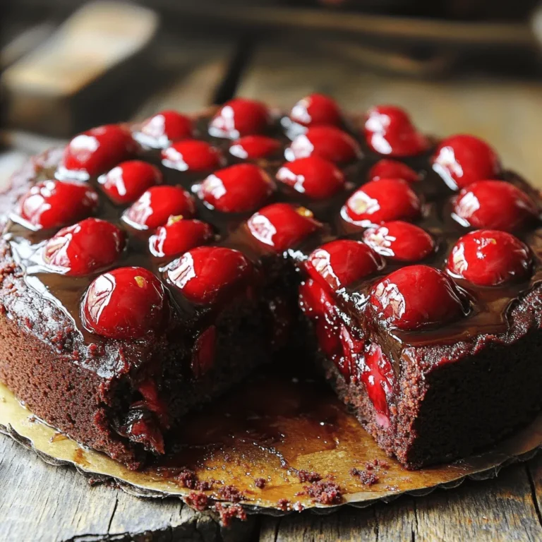 To make the Chocolate Cherry Upside-Down Cake, gather these items: - 1 cup fresh or frozen cherries, pitted - 1/2 cup unsweetened cocoa powder - 1 cup granulated sugar, divided - 1/2 cup unsalted butter, softened - 2 large eggs - 1 teaspoon vanilla extract - 1 cup all-purpose flour - 1 teaspoon baking powder - 1/2 teaspoon baking soda - 1/4 teaspoon salt - 1/2 cup buttermilk (or homemade buttermilk with milk and lemon juice) - 1/4 teaspoon almond extract (optional) - 1 tablespoon brown sugar If you don’t have an ingredient, don’t worry! Here are some easy swaps: - For butter, use coconut oil or margarine. - If you lack buttermilk, mix milk with a splash of lemon juice. - Use dark cocoa powder instead of unsweetened cocoa for a richer taste. - You can replace granulated sugar with brown sugar for more depth. Fresh cherries can enhance your cake. Here’s how to pick the best ones: - Look for firm cherries with shiny skin. - Avoid any with soft spots or wrinkles. - Check for a deep, vibrant color; darker usually means sweeter. - Smell the cherries; they should have a sweet aroma. - If using frozen cherries, ensure they are pitted and unsweetened for the best flavor. Start by preheating your oven to 350°F (175°C). Take a 9-inch round cake pan and grease it well. I like using butter for this step. Next, sprinkle 1 tablespoon of brown sugar evenly across the bottom. This will create a sweet layer once the cake is flipped. In a large mixing bowl, cream together 1/2 cup of softened butter and 3/4 cup of granulated sugar. Mix until it becomes light and fluffy. This step is key for a soft cake! Now, beat in 2 large eggs, one at a time. Add in 1 teaspoon of vanilla extract. If you want a hint of almond flavor, add 1/4 teaspoon of almond extract. Mix until all is well combined. In another bowl, sift together 1 cup of all-purpose flour, 1/2 cup of cocoa powder, 1 teaspoon of baking powder, 1/2 teaspoon of baking soda, and 1/4 teaspoon of salt. This will help the cake rise nicely. Gradually add this dry mixture to the wet mixture. Alternate with 1/2 cup of buttermilk. Start and end with the dry mix. Gently stir until just combined. Avoid overmixing to keep the cake light. Carefully pour the chocolate batter over the cherries in the pan. Spread it evenly. Bake for about 30-35 minutes. Use a toothpick to check if it’s done. If it comes out clean, it’s ready! Once baked, let the cake cool in the pan for about 10 minutes. Run a knife around the edges to loosen it. Invert it onto a serving plate. Gently lift the pan to reveal the cherries on top. Enjoy! To keep your cake light, mix gently. After adding flour, stir only until it's blended. Overmixing makes the cake tough. Use a spatula for the last mix to avoid lumps. This way, you keep that soft texture we love. For a fluffy cake, cream the butter and sugar well. Mix them until they are light and pale. This step adds air to the mix. When you add eggs, beat them in one at a time. Each egg should blend in fully before adding the next. This process helps trap more air, making the cake rise nicely. For the cherry layer, use fresh or frozen cherries. If using frozen, thaw them and drain excess juice. This keeps your cake from getting soggy. Arrange the cherries evenly in the pan with brown sugar. This will create a sweet and sticky topping once the cake is inverted. Enjoy that burst of flavor when you take a slice! {{image_2}} You can switch out cherries for other fruits. Try peaches or pineapple. They add sweet and juicy flavors. Apples can also work, giving a nice crunch. Just remember to slice them thin. Use fruits that pair well with chocolate. To make this cake gluten-free, swap all-purpose flour for a gluten-free blend. Look for one that includes xanthan gum. For a dairy-free option, replace buttermilk with almond milk and add a splash of lemon juice. Use coconut oil instead of butter for a rich taste. Spices can enhance the flavor of your cake. Try adding a pinch of cinnamon or nutmeg for warmth. You can also use flavored extracts like orange or peppermint. These small changes can create a whole new experience. Mix in some finely chopped nuts for extra texture. To keep your Chocolate Cherry Upside-Down Cake fresh, wrap it tightly. Use plastic wrap or aluminum foil. You can also place the cake in an airtight container. This will help retain its moisture and flavor. Store the cake at room temperature for up to two days. If you want to keep it longer, refrigeration is a good option. Just remember, cold can change the cake's texture. Freezing is a great way to save your cake for a special treat later. First, let the cake cool completely. Then, slice it into pieces for easy access. Wrap each piece in plastic wrap, and then place them in a freezer bag. This keeps them from getting freezer burn. You can freeze the cake for up to three months. When you are ready to eat, simply let it thaw in the fridge overnight. The Chocolate Cherry Upside-Down Cake lasts up to two days at room temperature. In the fridge, it can stay fresh for about a week. If frozen, the cake remains good for three months. Always check for any signs of spoilage, like unusual smells or mold. Enjoying your cake at its best ensures a delightful taste in every bite! You can add a rich ganache on top. To make ganache, heat heavy cream and pour it over chocolate. Stir until smooth and pour it over the cooled cake. You can also add more cherries for a fruitier taste. Chopped nuts or chocolate chips in the batter can add extra texture and flavor. Yes, you can use milk chocolate or white chocolate. Each type will change the cake's flavor. If you use milk chocolate, cut the sugar a bit since it's sweeter. Dark chocolate adds a nice depth. Experiment and find what you love best! Serve the cake warm with whipped cream or ice cream. Fresh mint leaves can add a nice touch. You can also drizzle chocolate sauce over slices for extra richness. Pair it with coffee or tea for a delightful afternoon treat. To reheat, place a slice in the microwave for about 10-15 seconds. This warms it up nicely without drying it out. You can also use an oven at 350°F (175°C) for 5-10 minutes. Just cover it with foil to keep it moist. You can make your own buttermilk! Mix 1/2 cup of milk with 1 teaspoon of lemon juice or vinegar. Let it sit for 5-10 minutes before using. This will give you a great substitute. If you don’t have milk, yogurt can work too. Just thin it with a little water. This blog post covered everything you need to make a delicious Chocolate Cherry Upside-Down Cake. We reviewed the ingredients, including substitutions and fresh cherry tips. The step-by-step guide walks you through preparation, mixing, and baking. I shared tips to keep the cake fluffy and variations for enhancing flavor. Finally, we talked about storage and answered common questions. Enjoy baking and personalizing this cake. Your creation will impress everyone!
