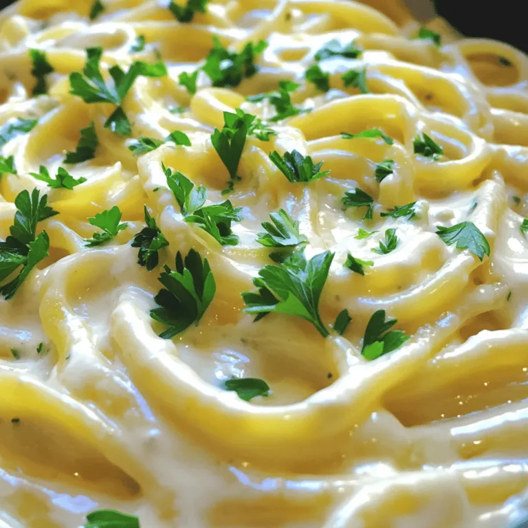 To make Minute High-Protein Cottage Cheese Alfredo, gather these main ingredients: - 1 cup cottage cheese (low-fat or regular) - 1/2 cup unsweetened almond milk (or any milk of choice) - 2 tablespoons nutritional yeast (for a cheesy flavor) - 1 tablespoon olive oil or butter - 2 cloves garlic, minced - 1/2 teaspoon onion powder - 1/4 teaspoon black pepper - 1/4 teaspoon salt (adjust to taste) - 8 ounces fettuccine or pasta of choice (whole grain recommended) - Fresh parsley, chopped (for garnish) You can add these optional ingredients for more flavor and nutrition: - Grated zucchini - Spinach These veggies not only boost nutrients but also add color. Each serving of this dish provides a healthy balance of nutrients. Here’s what you can expect: - Calories: Approximately 300 - Protein: About 20 grams - Carbohydrates: Roughly 40 grams - Fat: Around 10 grams This recipe gives you a creamy dish packed with protein, making it a great choice for a quick meal. Start by boiling a large pot of salted water. Once it boils, add 8 ounces of fettuccine or your favorite pasta. Cook the pasta until it is al dente. This usually takes about 8 to 10 minutes, but check the package for exact times. After cooking, save 1 cup of the pasta water. Drain the pasta and set it aside. Next, grab your blender. Add 1 cup of cottage cheese, 1/2 cup of unsweetened almond milk, and 2 tablespoons of nutritional yeast. This gives the sauce a nice cheesy flavor. Toss in 2 cloves of minced garlic, 1/2 teaspoon of onion powder, 1/4 teaspoon of black pepper, and some salt to taste. Blend everything until it’s smooth and creamy. Now, heat a medium saucepan over medium heat. Add 1 tablespoon of olive oil or butter. Once it melts, pour in your blended cottage cheese mixture. Stir this for about 3 to 5 minutes until it heats through and thickens a bit. Next, add the cooked pasta to the sauce. Toss it well to coat every strand. If the sauce seems too thick, slowly add some reserved pasta water until you reach the creaminess you love. If you want, stir in some grated zucchini or spinach for extra nutrients. Serve your dish hot, and finish with fresh parsley on top for a bright touch. Enjoy your creamy high-protein cottage cheese Alfredo! Start with a large pot of boiling salted water. Use about 1 tablespoon of salt for every 4 quarts of water. This step helps the pasta flavor. Add your fettuccine carefully. Stir it gently for even cooking. Cook according to the package instructions until al dente, which means firm to the bite. This usually takes around 8-10 minutes. Reserve 1 cup of that pasta water before draining the rest. This water is gold for your sauce! To make a smooth sauce, blend the cottage cheese, almond milk, and spices well. If your sauce is too thick, add some reserved pasta water gradually. Stir the sauce over medium heat. This heating makes it creamy and warm. Keep stirring to avoid burning. Aim for a silky texture that coats the pasta nicely. Want to take your dish further? Grate some zucchini or add fresh spinach. These add-ins boost nutrition and color. You can also try adding herbs like basil or thyme. For extra zest, squeeze a bit of lemon juice. If you like cheese, sprinkle some grated Parmesan on top. Each choice makes your pasta Alfredo unique and tasty! {{image_2}} You can keep this dish vegetarian by using plant-based milk. Almond milk works great. You can also add more veggies for extra flavor and texture. Try adding mushrooms or bell peppers. They add a nice crunch and flavor. If you want a dairy-free version, swap the cottage cheese with silken tofu. Blend it until smooth. Use coconut milk instead of almond milk for a creamy sauce. Nutritional yeast gives that cheesy taste without dairy. To boost nutrition, add veggies like spinach or zucchini. They mix well with the sauce. You can also add protein like grilled chicken or shrimp. They make the dish hearty and filling. Just cook them separately and mix them in before serving. To keep your Minute High-Protein Cottage Cheese Alfredo fresh, place it in an airtight container. Make sure to cool the pasta before storing. It can stay in the fridge for up to four days. If you plan to eat it later, store the sauce and pasta separately. This helps keep the pasta from getting soggy. When you’re ready to enjoy your leftovers, reheat them gently. You can use the microwave or a saucepan. If using the microwave, heat in short bursts, stirring in between. If using a saucepan, add a splash of water or almond milk to help loosen the sauce. Stir often until it’s hot. You can freeze the Alfredo sauce for later use. Cool the sauce completely, then pour it into a freezer-safe container. It will stay good for up to three months. When you want to use it, thaw it in the fridge overnight. Reheat it on the stove with a bit of water or milk to bring back its creamy texture. Yes, you can use regular yogurt in this recipe. Yogurt gives a creamy texture, similar to cottage cheese. It has a tangy flavor, which may change the taste a bit. Use plain yogurt to keep it savory and avoid added sugars. Just remember, yogurt will make the sauce thinner. You might need to adjust the amount of almond milk to get the right consistency. Making this dish gluten-free is easy! Simply swap the fettuccine for gluten-free pasta. Many great options are available, like rice or chickpea pasta. They cook similarly to regular pasta. Just check the package for cooking times. This change keeps your meal tasty and safe for those with gluten sensitivities. You can use many pasta types with this sauce. Penne, spaghetti, or even rotini work well. Each shape holds the sauce differently. For a fun twist, try spiral pasta or whole grain. They add flavor and texture to your dish. The key is to choose a pasta you enjoy. In this article, we explored how to make a delicious Alfredo pasta dish. We covered the key ingredients, cooking steps, and some handy tips. You learned about variations that suit different diets, plus how to store leftovers. Remember, you can easily adjust the recipe to fit your taste. Whether you want it creamy, veggie-packed, or dairy-free, there are plenty of options. Enjoy your pasta, and have fun experimenting with flavors!