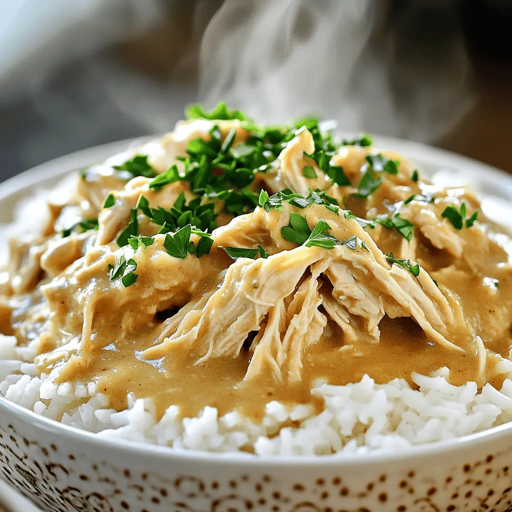 - 4 boneless, skinless chicken breasts - 1 can cream of chicken soup - 1 packet ranch dressing mix - 1 cup low-sodium chicken broth - 1/2 cup sour cream - 1 teaspoon garlic powder - 1/2 teaspoon onion powder - Salt and pepper, to taste - Fresh parsley, chopped (for garnish) - Cooked rice or mashed potatoes (for serving) The main ingredients for this dish are simple yet flavorful. The chicken breasts form the base, while the cream of chicken soup adds creaminess. The ranch dressing mix gives a burst of flavor, making every bite special. The additional ingredients enhance the dish even more. Low-sodium chicken broth keeps it light, while sour cream adds richness. Garlic and onion powder provide depth. Don't forget salt and pepper to taste! Fresh parsley not only looks nice but also adds a fresh kick. Serve it over rice or mashed potatoes for a complete meal. This mix of ingredients makes the best crockpot chicken and gravy a simple comfort meal that everyone loves. To start, grab a mixing bowl. Add the cream of chicken soup, ranch dressing mix, chicken broth, and sour cream. I also like to sprinkle in garlic powder and onion powder for extra flavor. Mix everything together until it’s smooth. This creamy mixture will make your chicken so tasty. Next, layer the boneless, skinless chicken breasts in the bottom of your crockpot. Make sure they sit flat. Pour the creamy mixture over the chicken. Use a spatula to spread it evenly. This helps every piece soak up all the flavors. Now it’s time to cook! Cover the crockpot with its lid. Set it on low for 6 to 7 hours or high for 3 to 4 hours. Cooking it low and slow makes the chicken tender and juicy. When it’s done, shred the chicken using two forks. Stir it back into the gravy. This makes every bite delicious. Taste it, and adjust the seasoning if needed. Serve the chicken and gravy over rice or mashed potatoes. Don’t forget to garnish with fresh parsley for color! To get tender chicken, cook it low and slow. Set your crockpot on low for 6-7 hours. This slow cooking lets the chicken soak up all the flavors. If you're short on time, you can cook it on high for 3-4 hours. Just remember, the longer you cook, the more tender it gets. Check the chicken with a fork; it should shred easily when done. Feel free to play with flavors! If you like more spice, add extra ranch dressing mix or a dash of hot sauce. A sprinkle of paprika can add a nice touch, too. Don't forget to taste as you go. If you want a creamier gravy, stir in more sour cream toward the end. Adjust salt and pepper to your liking for that perfect flavor. This dish pairs well with cooked rice or creamy mashed potatoes. Both options soak up the gravy nicely. For a fresh twist, serve with green beans or steamed broccoli. These sides add color and nutrients to your plate. Garnish your meal with chopped fresh parsley for a pop of color and flavor. Enjoy your comforting meal! {{image_2}} You can make this dish lighter by using low-fat options. Try using low-fat sour cream. You can also swap the cream of chicken soup for a low-fat version. For a gluten-free meal, choose a gluten-free ranch dressing mix. This way, you can still enjoy the flavors without the extra calories. Want to change the taste? You can add some fresh vegetables. Carrots, peas, or green beans work well. You might also try different seasonings. Herbs like thyme or rosemary can add a nice touch. If you like a kick, sprinkle in some red pepper flakes. These little changes can make each meal feel new. Making this dish ahead of time is easy. You can prepare it in the morning and let it cook all day. When it's done, shred the chicken and mix it well. If you want to store some, let it cool and place it in a container. You can reheat it on the stove or in the microwave. Just make sure to stir it well so it stays creamy. To store leftovers properly, let the chicken cool first. Place it in an airtight container. This helps keep the chicken fresh. It can stay in the fridge for up to three days. When you want to eat it, check for any off smells. If it smells fine, you can enjoy it again. Freezing is a great way to save extra chicken and gravy. Use a freezer-safe container or a heavy-duty freezer bag. Make sure to remove as much air as possible. Label the bag with the date. This meal can last in the freezer for up to three months. When you’re ready to eat, defrost it overnight in the fridge. This keeps the texture nice. There are a few ways to reheat chicken and gravy. You can use the microwave, stovetop, or oven. If you use the microwave, heat it in short bursts. Stir in between so it heats evenly. For stovetop, warm it in a pan over low heat. Add a splash of chicken broth if it seems dry. In the oven, cover it with foil to keep it moist. Heat at 350°F until warm. Enjoy your meal without losing any flavor! You can serve many sides with this dish. Here are some great options: - Cooked rice - Mashed potatoes - Steamed green beans - Buttered corn - Roasted carrots - Biscuit or bread rolls These sides balance the rich gravy and add more flavors to your meal. Yes, you can use frozen chicken. It is safe and easy to do. Just add about an extra hour to the cooking time on low. This helps the chicken cook fully and stay juicy. Make sure to check that the chicken reaches 165°F for safety. To thicken the gravy, you have a few options: - Mix 1 tablespoon of cornstarch with 2 tablespoons of cold water. Stir this mix into the gravy. - Let the gravy cook a bit longer with the lid off. This lets some liquid evaporate. - Add a bit of cream cheese or sour cream for a thicker texture. These tips will help you get the perfect gravy for your chicken! This article covered a simple and tasty recipe for Crockpot Chicken and Gravy. You can create this dish with just a few key ingredients. We also explored helpful tips, variations, and storage methods to keep your meal fresh. Remember, cooking should be fun and easy. Try customizing flavors and enjoy the warm, comforting meal with your favorite sides. With a little planning, meal prep can fit into your busy life too. Now, get cooking and enjoy your delicious chicken dinner!