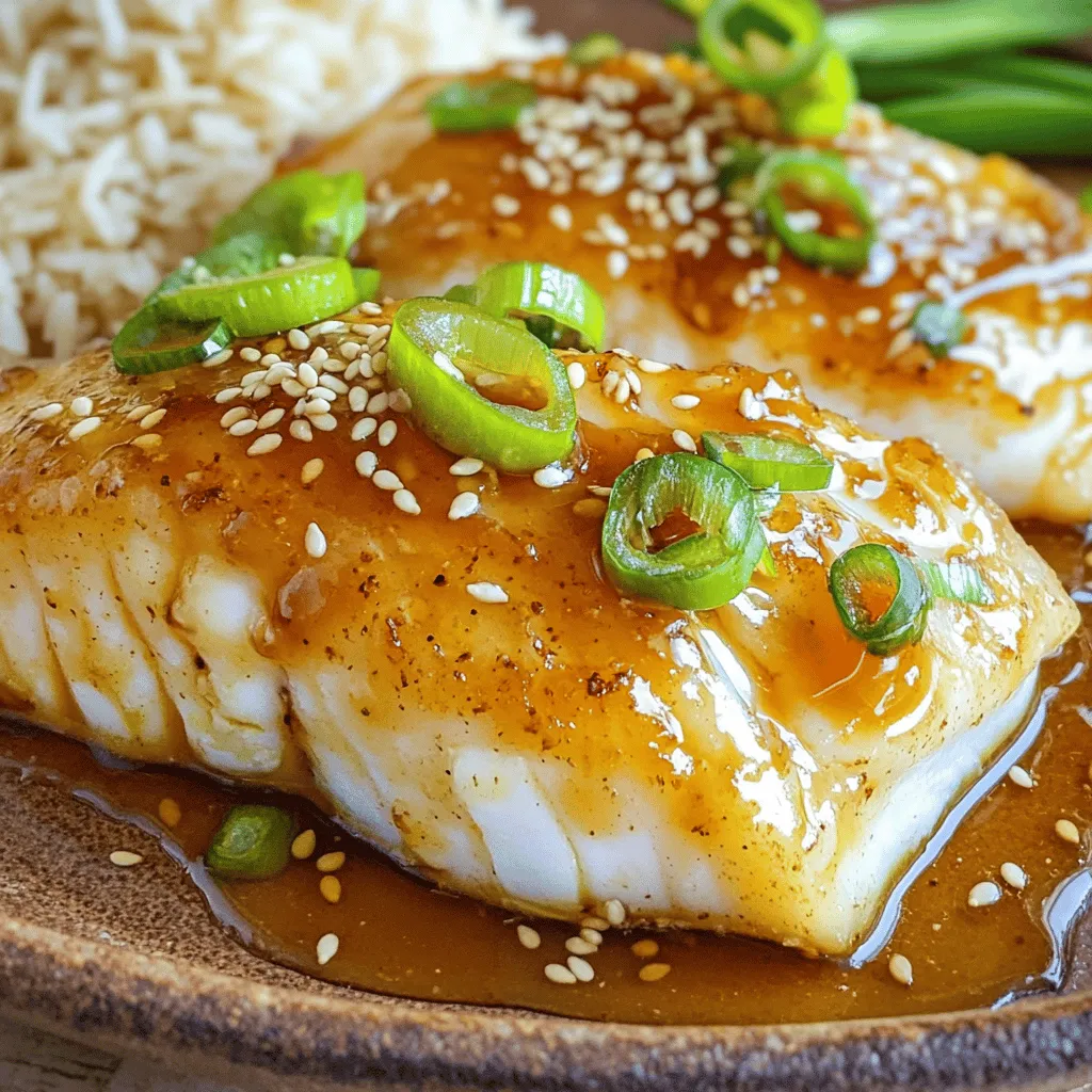 - 4 cod fillets (about 6 ounces each) - Salt and pepper, to taste - 2 tablespoons sesame oil - 3 tablespoons soy sauce (low-sodium recommended) - 2 tablespoons honey or maple syrup - 1 tablespoon fresh ginger, grated - 2 cloves garlic, minced - 1 tablespoon rice vinegar - 1 tablespoon sesame seeds, toasted - 2 green onions, finely sliced (for garnish) The ingredients for Sesame Ginger Glazed Cod are simple yet impactful. Cod is a mild fish, perfect for soaking up flavors. You need four fillets, about six ounces each. Season them with salt and pepper for taste. Next, we add the core ingredients. Sesame oil brings a nutty flavor, while soy sauce gives depth. Honey or maple syrup adds a touch of sweetness. This combination creates a lovely glaze. For flavor enhancements, fresh ginger and garlic are key. They add warmth and zest. Rice vinegar balances the sweetness with acidity. Toasted sesame seeds give a delightful crunch. Finally, green onions add freshness and color. Gather these ingredients, and you are ready to create a delicious dish. Each element works together to make the cod shine. Happy cooking! - Preheat the oven to 400°F (200°C). - Line a baking sheet with parchment paper. - Season the cod fillets with salt and pepper. - Place the seasoned cod on the prepared baking sheet. - Whisk together sesame oil, soy sauce, honey (or maple syrup), grated ginger, minced garlic, and rice vinegar. This sauce gives the cod its rich, tasty flavor. - Pour the marinade over the cod and let it marinate for at least 15 minutes. - Bake the cod for 12-15 minutes until it flakes easily with a fork. Check for that perfect flaky texture. - Toast sesame seeds in a skillet over medium heat for 2-3 minutes until golden brown. Stir them often to avoid burning. - Remove the cod from the oven; sprinkle with toasted seeds and sliced green onions. - Serve with a side like steamed vegetables or jasmine rice. This dish looks great and tastes even better! For the best flavor, let the cod marinate for at least 15 minutes. This step is key. It helps the fish soak up the sesame oil, soy sauce, and ginger. The longer it sits, the more intense the flavors become. You can even marinate it longer if you want. Always choose fresh cod fillets. Fresh fish has a mild taste and great texture. Look for fillets that are bright and moist. Avoid any that smell too fishy or have brown spots. Good quality cod makes a big difference in your dish. You can also grill or pan-sear the cod. If grilling, preheat your grill and oil the grates to prevent sticking. Cook for about 4-5 minutes per side. For pan-searing, heat a little oil in a skillet. Sear each side for about 3-4 minutes until golden. Both methods give a nice flavor and texture, too. {{image_2}} You can easily switch up the flavor of your cod. Try using hoisin sauce for a sweet and savory twist. Teriyaki glaze also works well. Both add rich flavors that complement the fish. Just replace the soy sauce in the marinade with either hoisin or teriyaki sauce. You will enjoy a new taste with each bite. Adding vegetables can make your meal even better. Bell peppers or broccoli work great on the same baking sheet. Chop them into bite-sized pieces. Toss them in the same marinade as the cod for extra flavor. This way, you have a complete meal with beautiful colors and textures. If you need a gluten-free option, use tamari instead of soy sauce. For a vegan dish, substitute the cod with firm tofu. Press the tofu to remove excess water. Then, cut it into fillets and marinate as you would the cod. Bake it the same way for a delicious plant-based meal. To store your Sesame Ginger Glazed Cod, let it cool first. Place the cod in an airtight container. Make sure to keep any remaining glaze with it. Store it in the fridge for up to three days. This keeps the fish tasty and fresh for your next meal. When reheating cod, keep it moist to avoid drying it out. Preheat your oven to 350°F (175°C). Place the cod in a baking dish and cover it with foil. Heat for about 10 minutes or until warmed through. You can also microwave it on low power for 1-2 minutes. Just check it often to keep it juicy. You can freeze leftovers for later use. Wrap the cod tightly in plastic wrap, then place it in a freezer bag. It will stay good for up to three months. When you're ready to eat, thaw it in the fridge overnight. Avoid quick thawing in the microwave, as it can ruin the texture. You can pair this dish with several tasty sides. Here are some great options: - Steamed vegetables: Broccoli, carrots, or snap peas work well. - Jasmine rice: Its subtle flavor balances the cod's glaze. - Quinoa: Nutty and filling, it's a healthy choice. - Cabbage slaw: Adds crunch and freshness to your meal. - Noodles: Simple stir-fried noodles can make a great base. Yes, you can use frozen cod fillets. Just follow these steps: 1. Thaw properly: Place the fillets in the fridge overnight or use cold water. 2. Pat dry: Remove excess moisture before seasoning. 3. Cook slightly longer: Frozen cod may take a few extra minutes to bake. You can check for doneness in a few easy ways: - Flaking: Use a fork to see if the fish flakes easily. - Color: The fish should be opaque and no longer translucent. - Temperature: The internal temperature should reach 145°F (63°C). These tips ensure your cod is perfectly cooked and delicious. In this blog post, I shared how to prepare Sesame Ginger Glazed Cod. We covered the main ingredients, simple steps, and tips for the best results. You learned about flavor enhancers and creative variations to suit your taste. Final thoughts: This dish is quick, easy, and healthy. You can impress family and friends with minimal effort. Enjoy experimenting with flavors and serving ideas to make this recipe your own!