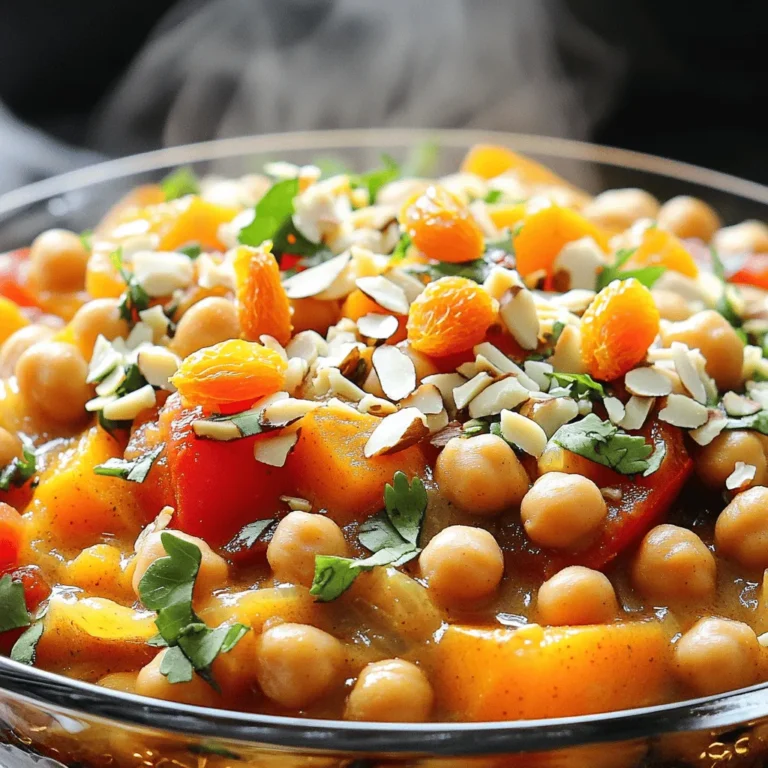 - 2 cans (15 oz each) chickpeas, drained and rinsed - 1 medium onion, finely chopped - 3 cloves garlic, minced - 1 can (14 oz) diced tomatoes - 1 medium sweet potato, peeled and diced - 1 red bell pepper, chopped - 1 cup carrots, sliced - 1 cup vegetable broth - 2 teaspoons ground cumin - 1 teaspoon ground coriander - 1 teaspoon ground cinnamon - 1/2 teaspoon ground turmeric - Salt and pepper, to taste - 1/2 cup dried apricots, chopped - 1/4 cup slivered almonds, toasted The main ingredients of this tagine create a rich flavor. Chickpeas provide protein and texture. The sweet potato adds a lovely sweetness. The onions and garlic give depth. The spices make it special. Ground cumin, coriander, and cinnamon blend well together. Turmeric adds a warm color and taste. - 1/2 teaspoon cayenne pepper (optional, for spice) - Fresh cilantro or parsley, for garnish I often add cayenne pepper for a little heat. You can skip it if you prefer mild flavors. Garnishing with fresh herbs adds brightness and a pop of color. It makes the dish look appealing too. - Slow cooker - Chopping board and knife Using a slow cooker is key for this recipe. It lets flavors meld beautifully over time. A chopping board and knife are essential for prepping your ingredients. The right tools make cooking easier and more fun! - Start by chopping the onion finely. - Mince the garlic. Three cloves work well for flavor. - Peel and dice the sweet potato into small cubes. - Chop the red bell pepper and slice the carrots. - Drain and rinse the chickpeas. This helps remove extra salt and gas-causing compounds. - Place the chopped onion and minced garlic at the bottom of your slow cooker. - Next, layer the chickpeas, diced sweet potato, chopped red bell pepper, and sliced carrots on top of the onion. - Pour the can of diced tomatoes over the veggies. This adds moisture. - In a small bowl, mix the spices: cumin, coriander, cinnamon, turmeric, salt, and pepper. If you like heat, add cayenne. Sprinkle this mixture evenly over the layers. - Add the chopped dried apricots on top, stirring gently. - Cover the slow cooker with the lid. Set it to cook on low for 6-8 hours. - If you're in a hurry, set it to high for 3-4 hours. - Check for doneness. The vegetables should be tender. - Taste the tagine and adjust seasoning if needed. - Stir in the toasted slivered almonds just before serving for a nice crunch. To boost the flavor of your tagine, spice adjustments work wonders. If you want more heat, add extra cayenne pepper. For a warm, earthy flavor, increase the cumin and coriander. You can also try these suggested add-ins: - Chopped spinach: Adds green goodness and flavor. - Zucchini: A great way to add more veggies. - Raisins: For an extra touch of sweetness. To avoid mushy vegetables, cut them into even, medium-sized pieces. This helps them cook evenly. Adding the sweet potato in larger chunks can also keep it firm. For perfect chickpea texture, always rinse and drain canned chickpeas. This removes extra salt and helps them hold their shape. If you use dried chickpeas, soak them overnight for the best results. When serving your Moroccan Chickpea Tagine, consider these options: - Serve over fluffy couscous for a hearty meal. - Pair with crusty bread to soak up the sauce. For pairing ideas, try a light salad with lemon vinaigrette. The bright flavors complement the tagine well. A refreshing mint tea can also enhance your meal experience. {{image_2}} You can change up the veggies in this tagine. Try zucchini, spinach, or eggplant. Each adds a new taste and texture. You can also swap dried apricots for raisins or dates. This will change the sweetness level. This recipe is already vegan, which is great! If you want to make it vegetarian, add some yogurt on top when serving. For gluten-free options, ensure your broth is gluten-free. Most vegetable broths are safe, but check the label. You can make this dish in an Instant Pot. Cook on high pressure for 10 minutes, then let it release naturally. If you prefer the stovetop, sauté the onion and garlic first. Then, add all ingredients and simmer until tender. This usually takes about 30-40 minutes. To keep your tagine fresh, store leftovers in the fridge. Use an airtight container. This keeps moisture in and prevents odors. Your tagine will stay good for about 3 to 5 days. If you want to store it longer, consider freezing it. Portion out servings into freezer-safe bags. Remove as much air as you can before sealing. This helps avoid freezer burn. For reheating, you can use either a microwave or stovetop. If you use a microwave, heat on medium for 1 to 2 minutes. Stir halfway through to ensure even heating. If you prefer the stovetop, place it in a pan over low heat. Add a splash of vegetable broth if it seems dry. Stir gently to keep the flavors intact. You want to keep that rich taste and texture. In the fridge, your tagine lasts about 3 to 5 days. After that, check for signs of spoilage. If it smells off or shows mold, throw it away. Signs of spoilage include a change in color or a sour smell. Always trust your senses when it comes to food safety. Yes, you can make this tagine ahead of time. Prepare it the day before and store it in the fridge. The flavors will blend and taste even better the next day. Just reheat it on the stove or in the microwave. You can enjoy this tagine with several tasty sides. Here are some great options: - Couscous - Quinoa - Rice - Flatbread - A fresh salad These sides pair well with the tagine's rich flavors and add a nice texture. If your tagine is too watery, don’t worry! You can fix it easily. Here are a few ways: - Cook it longer with the lid off to let steam escape. - Stir in a bit of cornstarch mixed with water. - Add a small amount of mashed sweet potato or chickpeas. These methods will help thicken the dish without losing flavor. Yes, you can use dried chickpeas. Just soak them overnight and cook them until soft. This can take longer, so adjust your cooking time accordingly. They will add a great texture to the tagine. This recipe has mild spice, thanks to the cayenne pepper. If you like it spicier, add more cayenne. For less spice, skip it altogether. You can always taste and adjust the spices to fit your style. You learned about making Moroccan Chickpea Tagine, a tasty dish. We covered the main ingredients like chickpeas, vegetables, and spices. You now know how to prepare and layer them in a slow cooker. We also explored tips to enhance flavor and texture. Variations allow for creativity, while storage tips help keep leftovers fresh. Remember, cooking is all about trying new things. Enjoy your tagine, and don’t hesitate to make it your own!