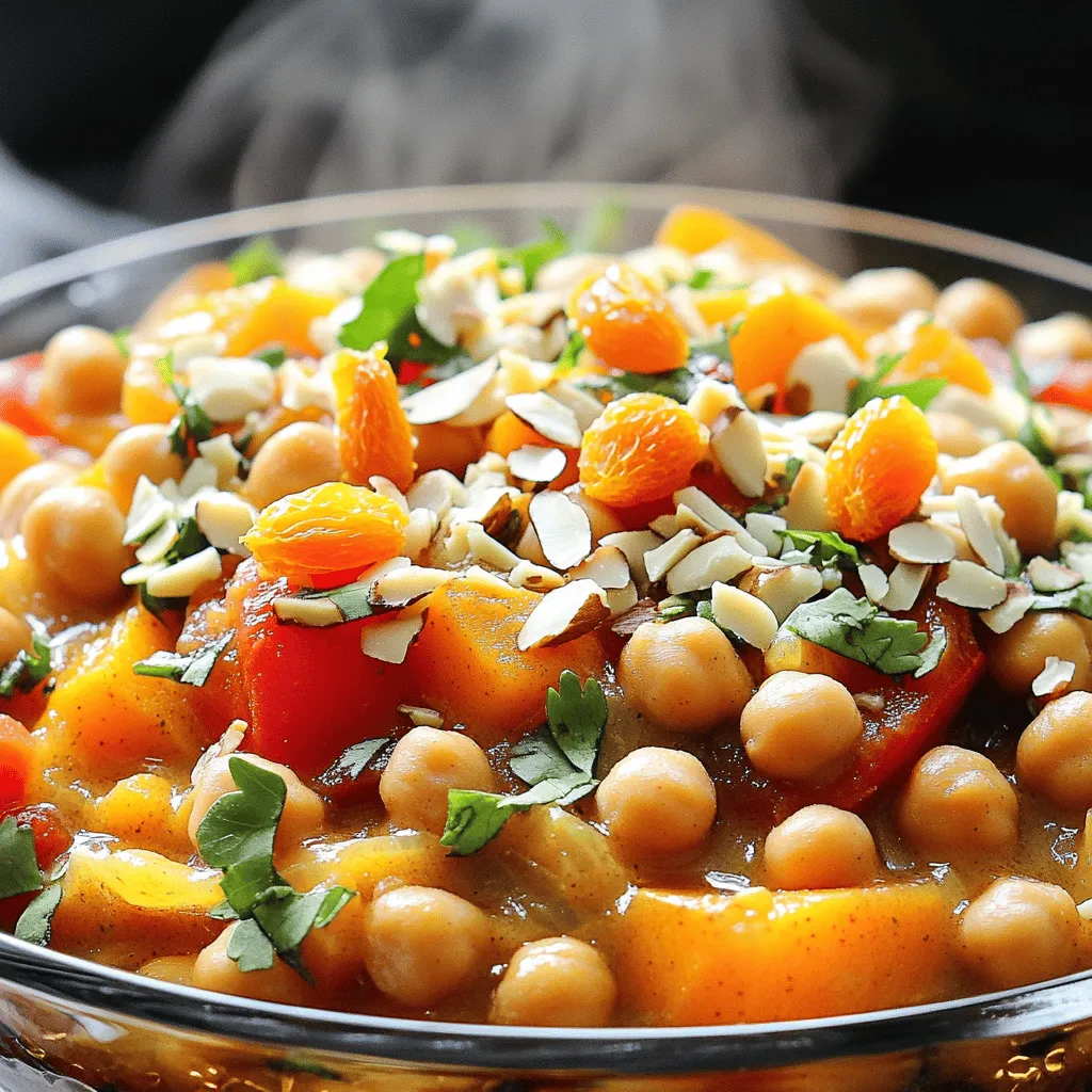 - 2 cans (15 oz each) chickpeas, drained and rinsed - 1 medium onion, finely chopped - 3 cloves garlic, minced - 1 can (14 oz) diced tomatoes - 1 medium sweet potato, peeled and diced - 1 red bell pepper, chopped - 1 cup carrots, sliced - 1 cup vegetable broth - 2 teaspoons ground cumin - 1 teaspoon ground coriander - 1 teaspoon ground cinnamon - 1/2 teaspoon ground turmeric - Salt and pepper, to taste - 1/2 cup dried apricots, chopped - 1/4 cup slivered almonds, toasted The main ingredients of this tagine create a rich flavor. Chickpeas provide protein and texture. The sweet potato adds a lovely sweetness. The onions and garlic give depth. The spices make it special. Ground cumin, coriander, and cinnamon blend well together. Turmeric adds a warm color and taste. - 1/2 teaspoon cayenne pepper (optional, for spice) - Fresh cilantro or parsley, for garnish I often add cayenne pepper for a little heat. You can skip it if you prefer mild flavors. Garnishing with fresh herbs adds brightness and a pop of color. It makes the dish look appealing too. - Slow cooker - Chopping board and knife Using a slow cooker is key for this recipe. It lets flavors meld beautifully over time. A chopping board and knife are essential for prepping your ingredients. The right tools make cooking easier and more fun! - Start by chopping the onion finely. - Mince the garlic. Three cloves work well for flavor. - Peel and dice the sweet potato into small cubes. - Chop the red bell pepper and slice the carrots. - Drain and rinse the chickpeas. This helps remove extra salt and gas-causing compounds. - Place the chopped onion and minced garlic at the bottom of your slow cooker. - Next, layer the chickpeas, diced sweet potato, chopped red bell pepper, and sliced carrots on top of the onion. - Pour the can of diced tomatoes over the veggies. This adds moisture. - In a small bowl, mix the spices: cumin, coriander, cinnamon, turmeric, salt, and pepper. If you like heat, add cayenne. Sprinkle this mixture evenly over the layers. - Add the chopped dried apricots on top, stirring gently. - Cover the slow cooker with the lid. Set it to cook on low for 6-8 hours. - If you're in a hurry, set it to high for 3-4 hours. - Check for doneness. The vegetables should be tender. - Taste the tagine and adjust seasoning if needed. - Stir in the toasted slivered almonds just before serving for a nice crunch. To boost the flavor of your tagine, spice adjustments work wonders. If you want more heat, add extra cayenne pepper. For a warm, earthy flavor, increase the cumin and coriander. You can also try these suggested add-ins: - Chopped spinach: Adds green goodness and flavor. - Zucchini: A great way to add more veggies. - Raisins: For an extra touch of sweetness. To avoid mushy vegetables, cut them into even, medium-sized pieces. This helps them cook evenly. Adding the sweet potato in larger chunks can also keep it firm. For perfect chickpea texture, always rinse and drain canned chickpeas. This removes extra salt and helps them hold their shape. If you use dried chickpeas, soak them overnight for the best results. When serving your Moroccan Chickpea Tagine, consider these options: - Serve over fluffy couscous for a hearty meal. - Pair with crusty bread to soak up the sauce. For pairing ideas, try a light salad with lemon vinaigrette. The bright flavors complement the tagine well. A refreshing mint tea can also enhance your meal experience. {{image_2}} You can change up the veggies in this tagine. Try zucchini, spinach, or eggplant. Each adds a new taste and texture. You can also swap dried apricots for raisins or dates. This will change the sweetness level. This recipe is already vegan, which is great! If you want to make it vegetarian, add some yogurt on top when serving. For gluten-free options, ensure your broth is gluten-free. Most vegetable broths are safe, but check the label. You can make this dish in an Instant Pot. Cook on high pressure for 10 minutes, then let it release naturally. If you prefer the stovetop, sauté the onion and garlic first. Then, add all ingredients and simmer until tender. This usually takes about 30-40 minutes. To keep your tagine fresh, store leftovers in the fridge. Use an airtight container. This keeps moisture in and prevents odors. Your tagine will stay good for about 3 to 5 days. If you want to store it longer, consider freezing it. Portion out servings into freezer-safe bags. Remove as much air as you can before sealing. This helps avoid freezer burn. For reheating, you can use either a microwave or stovetop. If you use a microwave, heat on medium for 1 to 2 minutes. Stir halfway through to ensure even heating. If you prefer the stovetop, place it in a pan over low heat. Add a splash of vegetable broth if it seems dry. Stir gently to keep the flavors intact. You want to keep that rich taste and texture. In the fridge, your tagine lasts about 3 to 5 days. After that, check for signs of spoilage. If it smells off or shows mold, throw it away. Signs of spoilage include a change in color or a sour smell. Always trust your senses when it comes to food safety. Yes, you can make this tagine ahead of time. Prepare it the day before and store it in the fridge. The flavors will blend and taste even better the next day. Just reheat it on the stove or in the microwave. You can enjoy this tagine with several tasty sides. Here are some great options: - Couscous - Quinoa - Rice - Flatbread - A fresh salad These sides pair well with the tagine's rich flavors and add a nice texture. If your tagine is too watery, don’t worry! You can fix it easily. Here are a few ways: - Cook it longer with the lid off to let steam escape. - Stir in a bit of cornstarch mixed with water. - Add a small amount of mashed sweet potato or chickpeas. These methods will help thicken the dish without losing flavor. Yes, you can use dried chickpeas. Just soak them overnight and cook them until soft. This can take longer, so adjust your cooking time accordingly. They will add a great texture to the tagine. This recipe has mild spice, thanks to the cayenne pepper. If you like it spicier, add more cayenne. For less spice, skip it altogether. You can always taste and adjust the spices to fit your style. You learned about making Moroccan Chickpea Tagine, a tasty dish. We covered the main ingredients like chickpeas, vegetables, and spices. You now know how to prepare and layer them in a slow cooker. We also explored tips to enhance flavor and texture. Variations allow for creativity, while storage tips help keep leftovers fresh. Remember, cooking is all about trying new things. Enjoy your tagine, and don’t hesitate to make it your own!
