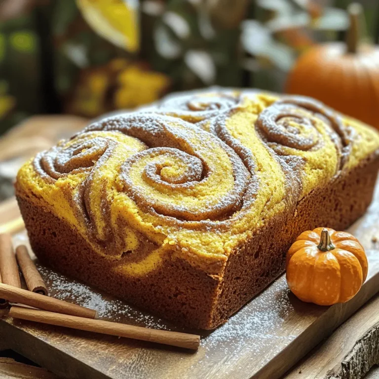 To make this bread, you need a few key items. Here’s what you’ll need: - 1 cup canned pumpkin puree - 1 cup granulated sugar - 1/2 cup brown sugar, packed - 3 large eggs - 1/2 cup vegetable oil These ingredients give the bread its rich flavor and moist texture. The canned pumpkin is simple to use and brings a wonderful taste. Next, we have the baking essentials that create the perfect structure and flavor: - 1 1/2 cups all-purpose flour - 1 teaspoon baking soda - 1 teaspoon baking powder - 1/2 teaspoon salt - 1 teaspoon ground cinnamon - 1/2 teaspoon ground nutmeg - 1/4 teaspoon ground cloves - 1/2 teaspoon vanilla extract These items help the bread rise and add delicious spices. Cinnamon, nutmeg, and cloves bring warmth and comfort, making every bite special. You can add extras to make it your own. Consider these options: - 1/2 cup chopped nuts (e.g., walnuts or pecans) - 1 tablespoon cinnamon sugar (mix: 1 tablespoon sugar + 1 teaspoon cinnamon) Nuts add crunch, while cinnamon sugar creates a sweet swirl. These choices let you customize the bread to your taste. First, set your oven to 350°F (175°C). This helps the bread bake evenly. Next, take a 9x5-inch loaf pan. You can grease it with butter or oil. Alternatively, line it with parchment paper. This makes it easy to remove the bread later. In a large bowl, add 1 cup of canned pumpkin puree. Then, pour in 1/2 cup of vegetable oil. Add 1 cup of granulated sugar and 1/2 cup of packed brown sugar. Crack in 3 large eggs. Mix everything until it is smooth and well combined. This step brings all the flavors together. In another bowl, whisk together 1 1/2 cups of all-purpose flour. Add 1 teaspoon of baking soda and 1 teaspoon of baking powder. Then, mix in 1/2 teaspoon of salt, 1 teaspoon of ground cinnamon, 1/2 teaspoon of ground nutmeg, and 1/4 teaspoon of ground cloves. Whisk until all the dry ingredients are mixed evenly. This adds depth to the bread's flavor. Now, slowly add the dry mix into the wet mix. Stir just until combined. It’s okay if some lumps remain. If you want, fold in 1/2 cup of chopped nuts. Next, pour half of the batter into your loaf pan. Sprinkle 1 tablespoon of cinnamon sugar on top. Then, pour the rest of the batter on top. Gently swirl the batter with a knife or spatula to create a marbled look. This gives a lovely swirl effect. Place the loaf pan in your preheated oven. Bake for 55 to 65 minutes. To check if it's done, insert a toothpick into the center. If it comes out clean, the bread is ready. Once baked, remove it from the oven. Let it cool in the pan for about 10 minutes. After that, transfer it to a wire rack to cool completely. Enjoy the rich scent of cinnamon and pumpkin filling your kitchen! To keep your pumpkin bread moist, you must store pumpkin puree correctly. Keep it in an airtight container in the fridge. This way, it stays fresh for about a week. You can also freeze it for longer storage. Adjusting sugar levels can improve taste. If you want less sweetness, reduce granulated sugar slightly. This makes the bread perfect for your palate. Avoiding overmixing is key for the best texture. Mix just until the dry ingredients blend into the wet ones. A few lumps are fine and add to the bread's charm. For a beautiful marbled effect, pour half the batter into the pan first. Then sprinkle the cinnamon sugar on top before adding the remaining batter. Swirl gently with a knife to create stunning swirls. Serve your bread in style. Slice it and place it on a wooden board. Dust the top with powdered sugar for a lovely look. For extra flair, add a few cinnamon sticks and a small pumpkin next to the bread. This simple touch makes it festive and inviting. Enjoy your creation and impress your guests! {{image_2}} You can easily change the taste of your cinnamon swirl pumpkin bread. One fun option is adding chocolate chips. Just mix in about a half cup. This adds a sweet twist to your warm bread. Another idea is using different spices. Try adding ginger or allspice for a new flavor. These spices can bring a nice heat and depth to the bread. If you need gluten-free bread, you can switch the flour. Use a gluten-free flour blend. The texture will still be great. For vegan options, replace the eggs. You can use flaxseed meal mixed with water instead. This keeps the bread moist and fluffy. It’s easy to make this recipe fit your needs! There are many great ways to enjoy your pumpkin bread. You can pair it with cream cheese or butter. Spread a nice layer on your slice for extra flavor. If you want to make it a dessert, add a scoop of ice cream on top. This makes a warm and cozy treat! You can also slice and serve it with a dusting of powdered sugar. To keep your cinnamon swirl pumpkin bread fresh, store it in an airtight container. This prevents it from drying out. If you plan to eat it within a few days, you can store it at room temperature. Just make sure it is cool before sealing it up. For longer storage, put it in the fridge. It will stay fresh, but it may lose some moisture. Freezing is a great option for longer storage. First, let the bread cool completely. Then, wrap it tightly in plastic wrap. Next, place the wrapped bread in a freezer bag or container. This prevents freezer burn. For thawing, take it out and leave it at room temperature for a few hours. You can also heat it in the microwave for a quick treat. When stored properly, cinnamon swirl pumpkin bread lasts about one week at room temperature. In the fridge, it can last for up to two weeks. If you freeze it, aim to eat it within three months for the best taste. Keep an eye on it, as the quality may change over time. Yes, you can use fresh pumpkin. First, cook the pumpkin until soft. Then, blend it into a smooth puree. Canned pumpkin is often easier and saves time, but fresh adds a lovely taste. To check if your pumpkin bread is done, insert a toothpick in the center. If it comes out clean or with a few crumbs, it's ready. If there is wet batter, bake it longer. You can still make great bread without every spice. If you lack nutmeg or cloves, just use cinnamon. You can also add other spices like ginger or allspice for a twist. Yes, this recipe works well as muffins. Fill each muffin cup about two-thirds full. Bake for 20 to 25 minutes at 350°F (175°C). Check for doneness with a toothpick. To boost flavor, add extra spices or mix in chocolate chips. You can also use brown sugar for a richer taste. Lastly, a pinch of sea salt can enhance all the flavors. Cinnamon swirl pumpkin bread combines warm spices and sweet pumpkin for a tasty treat. We discussed essential ingredients, step-by-step instructions, and tips for perfect results. Remember to store your leftovers properly for the best taste. Also, feel free to explore different flavors and variations. This bread is not just good for breakfast; it can make a great dessert too. Enjoy baking, sharing, and savoring every slice!