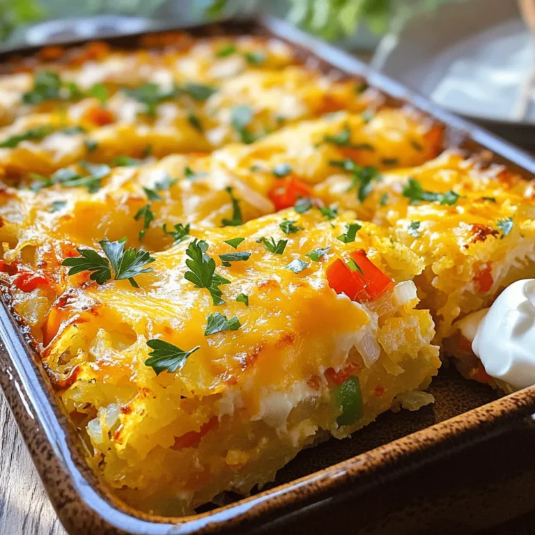 - 1 (24 oz) package frozen hash browns, thawed - 2 cups shredded cheddar cheese - 1 cup diced bell peppers (red, green, or yellow) - 1 cup diced onion - 6 large eggs - 1 cup whole milk - 1 teaspoon garlic powder - 1 teaspoon paprika - Salt and pepper to taste - ½ cup cooked and crumbled turkey sausage - Fresh parsley, chopped (for garnish) - A 9x13 inch baking dish - Mixing bowls for combining ingredients - A whisk for blending eggs and milk - A spatula for spreading the mixture evenly To start, preheat your oven to 375°F (190°C). Next, grab a 9x13 inch baking dish. Grease it well with non-stick spray or butter. This step helps the casserole come out easily. In a large bowl, mix the thawed hash browns, half of the cheddar cheese, diced bell peppers, diced onion, garlic powder, paprika, and a pinch of salt and pepper. Make sure to mix it thoroughly for even flavor. Once your hash brown mixture is ready, spread it evenly across the bottom of your prepared baking dish. Use a spatula to press it down slightly. This helps to create a solid base. In another bowl, whisk together the six large eggs and one cup of whole milk. Add a pinch of salt and pepper to the egg mix. Pour this egg mixture over the hash brown layer in the baking dish. If you like turkey sausage, sprinkle it evenly on top now. Finally, cover the casserole with the remaining cheddar cheese. Cover the dish tightly with foil. Bake it for 30 minutes to cook the eggs and warm the dish through. After that, remove the foil and let it bake for another 15-20 minutes. This step allows the top to become golden brown and crispy. To check if it’s done, insert a knife in the center. If it comes out clean, your casserole is ready. Once baked, let it cool for a few minutes before cutting into squares. Enjoy garnishing with fresh parsley for that perfect touch! To get crispy hash browns, use thawed potatoes. Pat them dry with a towel. This removes extra moisture. You can also fry them in a skillet for a bit before baking. This gives them a nice crunch. For fully cooked eggs, bake the casserole until the center is firm. After 30 minutes, check with a knife. It should come out clean. If not, bake a little longer. Adding herbs and spices can boost flavor. Try fresh herbs like parsley or chives. You can also use dried herbs like oregano or thyme. They add depth and brightness. Cheese substitutions can change the taste. Instead of cheddar, use mozzarella or pepper jack. Each cheese brings its own unique flavor. Garnishing ideas can make your dish look great. Chop fresh parsley and sprinkle it on top. You can also add a dollop of sour cream or avocado. It adds creaminess and extra flavor. For pairing options, serve the casserole with fresh fruit or a green salad. This adds balance to your meal. A slice of toast or a warm muffin can make it even better. {{image_2}} You can easily adjust the recipe for different diets. For vegetarian options, skip the turkey sausage. You can add more veggies, like spinach or mushrooms, for extra flavor. For gluten-free meals, check your hash browns. Most brands are gluten-free, but it's wise to read the label. Mix up the cheese to change the taste. Try pepper jack for a spicy kick or mozzarella for a mild flavor. You can also add more vegetables. Zucchini, broccoli, or even corn can work well. If you want protein, consider diced ham or cooked bacon. Want to add a sweet touch? You can mix in some fruit, like diced apples or pears. They give a nice contrast to the savory flavors. You could also add cinnamon or nutmeg for warmth. Experiment with sweet and savory to find your favorite blend! To keep your hash brown breakfast casserole fresh, store it in the fridge. Use an airtight container for the best results. This helps prevent drying out and keeps flavors intact. If you plan to eat it later, cool the casserole before sealing it. Aim to eat leftovers within three to four days for optimal taste. If you want to keep it longer, consider freezing. Make sure to wrap it tightly in plastic wrap and then in foil to prevent freezer burn. When reheating, the oven is the best method. Preheat it to 350°F (175°C). Place the casserole in a baking dish, cover it with foil, and heat for about 20 minutes. This helps keep the texture nice and fluffy. You can also microwave individual portions, but this may change the texture slightly. For the best flavor, avoid high heat or long cooking times. Always check that it is heated through before serving. Yes, you can prepare this casserole ahead of time. To do this, follow these steps: - Mix the hash browns, cheese, bell peppers, onion, and spices. - Put the mixture in your baking dish. - Whisk the eggs and milk together. - Cover the dish with foil and store it in the fridge for up to 24 hours. - When ready, pour the egg mixture on top and bake as directed. Making it in advance saves time on busy mornings. To keep your casserole from being soggy, follow these tips: - Make sure to thaw the hash browns well. This helps remove extra moisture. - Spread the hash brown mixture evenly in the dish. - Use a good amount of cheese to absorb moisture. - Bake uncovered for the last part of cooking. This helps crisp the top. These steps will help you get a nice, firm texture. If you don't have hash browns, try these substitutes: - Grated zucchini works well. Just squeeze out the water first. - Use cooked and cooled rice for a different texture. - Diced sweet potatoes are tasty and add sweetness. These options give you variety while keeping it delicious. This blog post covered all you need to create a tasty casserole. We discussed essential ingredients, equipment, and step-by-step instructions. I shared tips for perfect texture and flavor enhancements to make it your own. You can also explore fun variations, dietary options, and smart storage tips. Remember, cooking should be fun. Enjoy your casserole and get creative with flavors. If you follow these tips, your dish will impress everyone. Happy cooking!