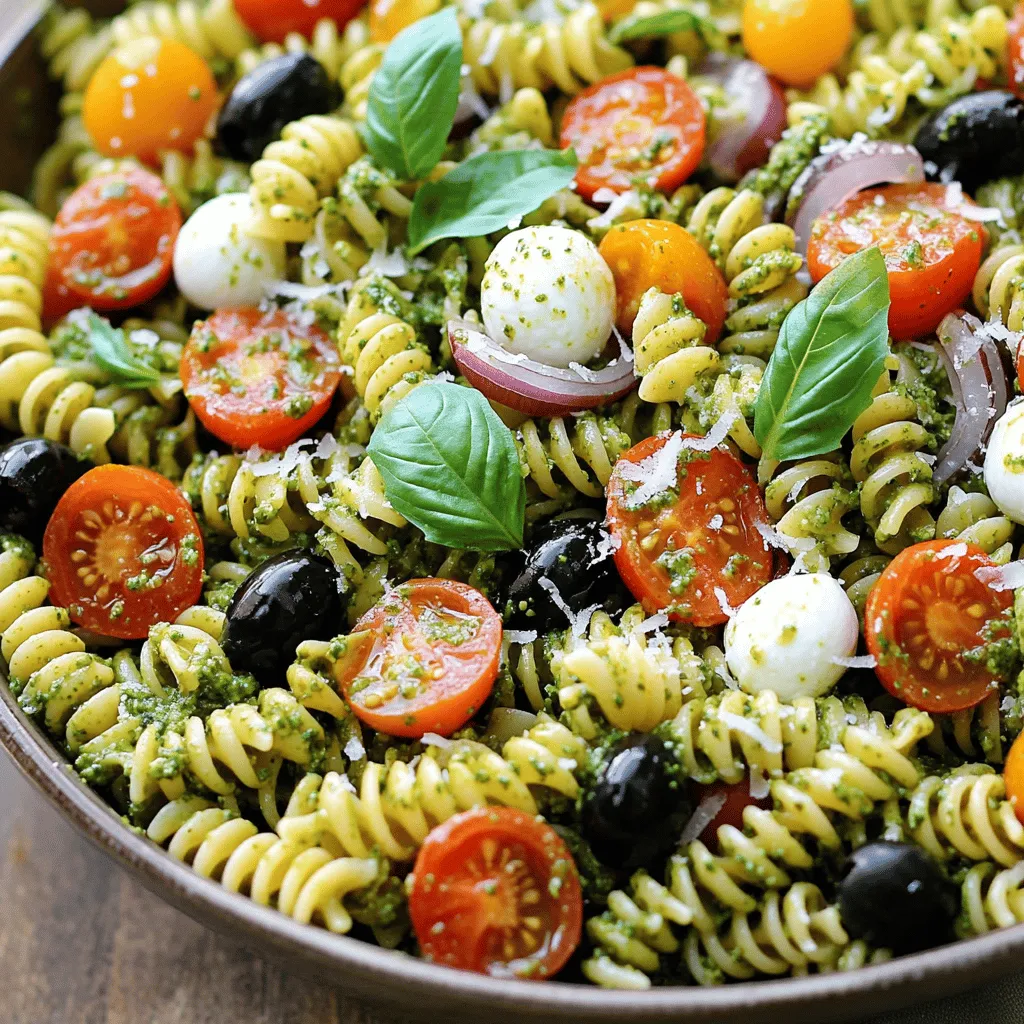 To make this delightful pesto pasta salad, you need a few key items: - 2 cups pasta (fusilli or penne works well) - 1 cup fresh basil leaves, packed - 1/3 cup pine nuts (lightly toasted) - 1/2 cup extra-virgin olive oil - 2 cloves garlic, minced - 1/2 cup grated Parmesan cheese (or nutritional yeast for a vegan version) - 1 cup cherry tomatoes, halved - 1/2 cup black olives, sliced - 1/4 cup red onion, finely chopped - Salt and pepper to taste - Zest and juice of 1 lemon These ingredients come together to create a fresh and vibrant flavor. The pasta serves as a base, while the pesto adds a rich green color and taste. Feel free to make this salad your own! Here are some fun options: - Fresh mozzarella balls for garnish - Grilled chicken or shrimp for extra protein - Arugula or spinach for added greens - Bell peppers for crunch and color Adding these ingredients can change the taste and texture. It allows you to create a dish that fits your mood or guests. Not all ingredients are set in stone. Here are some swaps you can try: - Any pasta shape can work, like rotini or farfalle. - Use walnuts or almonds instead of pine nuts. - Swap Parmesan for a non-dairy cheese option. - Try lemon juice with balsamic vinegar for a different tang. These substitutes can help if you're missing something or have dietary needs. Remember, cooking is about creativity and finding what works for you! To make a great pesto pasta salad, start by cooking the pasta. Use 2 cups of fusilli or penne. Bring a large pot of salted water to a boil. Add the pasta and cook it until it is al dente. This usually takes about 8 to 10 minutes. Once cooked, drain the pasta. Rinse it under cold water to stop the cooking process. This helps keep the pasta firm. Set it aside to cool completely. Next, let’s make the homemade pesto. In a food processor, add 1 cup of fresh basil leaves. Then, toss in 1/3 cup of lightly toasted pine nuts. Add 2 cloves of minced garlic and 1/2 cup of grated Parmesan cheese. Pulse everything until finely chopped. Gradually add 1/2 cup of extra-virgin olive oil while blending. This will make your pesto creamy. Season it with salt, pepper, and the zest and juice of 1 lemon. Taste and adjust if needed. Now comes the fun part! In a large mixing bowl, combine the cooled pasta, homemade pesto, and other tasty ingredients. Add 1 cup of halved cherry tomatoes, 1/2 cup of sliced black olives, and 1/4 cup of finely chopped red onion. Toss everything gently. Make sure the pasta is well coated with the pesto. Cover the bowl with plastic wrap or a lid. Chill in the fridge for at least 30 minutes. This allows the flavors to blend. Before serving, check the seasoning. If you like, add fresh mozzarella balls for a creamy touch. Enjoy your fresh and flavorful pesto pasta salad! To make the best pesto, choose fresh basil. Look for bright green leaves with no brown spots. Toast your pine nuts lightly. This step brings out their rich flavor. Use a good quality olive oil. It makes a big difference in taste. When blending, pulse the ingredients together. This way, you keep some texture. Add salt, pepper, lemon zest, and juice for balance. Taste as you go. Adjust to find your perfect mix. Serve your pesto pasta salad chilled or at room temperature. A colorful bowl makes it eye-catching. You can add fresh mozzarella balls for creaminess. Garnish with extra basil leaves on top. Drizzle a bit of olive oil for shine. This salad pairs well with grilled chicken or fish. It also works as a side dish at picnics. Store any leftover pesto pasta salad in an airtight container. It keeps well in the fridge for up to three days. If it seems dry after a day, add a splash of olive oil. This helps refresh the flavors. Avoid freezing the salad. The texture of the pasta and pesto may not hold up. Enjoy your fresh dish as long as you can! {{image_2}} To make a vegan pesto pasta salad, you can easily swap a few ingredients. Use nutritional yeast instead of Parmesan cheese. This option adds a cheesy flavor without dairy. You can also replace the regular pasta with whole wheat or gluten-free pasta. This keeps the dish light and healthy. Add fresh veggies like bell peppers or spinach for extra color and crunch. For a Mediterranean twist, mix in some feta cheese and artichoke hearts. Use sun-dried tomatoes instead of fresh ones for a richer taste. You can also add chickpeas for protein and texture. This version brings a delicious, savory flavor to the dish. Toss in some fresh oregano to enhance the Mediterranean vibe. Feel free to get creative with seasonal ingredients. In spring, add fresh peas or asparagus. Summer is perfect for ripe tomatoes or zucchini. In fall, roasted butternut squash or kale can add depth and warmth. Winter calls for hearty greens like arugula or spinach. Adjust the pesto to match your chosen ingredients for a fresh and exciting flavor. Each serving of this pesto pasta salad has about 350 calories. The pasta gives you energy, while the olive oil adds healthy fats. The cheese adds protein and flavor. - Basil: This herb has antioxidants. It helps fight inflammation and promotes good digestion. - Pine Nuts: They are rich in magnesium and protein. They help keep your heart healthy. - Olive Oil: Extra-virgin olive oil is full of healthy fats. It can lower bad cholesterol. - Garlic: Garlic is great for your immune system. It can help reduce blood pressure. - Cherry Tomatoes: They are low in calories and high in vitamins. They support skin health. - Red Onion: This adds flavor and nutrients. It can help improve heart health. - Gluten-Free: Use gluten-free pasta for a gluten-free version. Many brands offer great options. - Nut-Free: Substitute pine nuts with sunflower seeds. This keeps the creamy texture without nuts. - Vegan: For a vegan twist, use nutritional yeast instead of Parmesan. This gives a cheesy flavor without dairy. Pesto Pasta Salad stays fresh for about 3 to 5 days in the fridge. Store it in an airtight container. This helps keep the flavors bright and the pasta from drying out. If you notice any signs of spoilage, it’s best to toss it. Yes, you can use store-bought pesto! It saves time and still tastes great. Look for a brand with fresh ingredients. This option is perfect for busy days when you want a quick meal. Just mix it with the pasta and vegetables as usual. You can add many vegetables to make your salad unique. Try bell peppers for crunch, or cucumbers for freshness. You can also use spinach, arugula, or even roasted zucchini. Feel free to experiment with your favorites! Pesto pasta salad is tasty and easy to make. I shared key ingredients, cooking steps, and tips for perfection. You can customize your salad with extra ingredients or variations, like vegan options. Remember to store your leftovers properly. Pesto pasta salad offers great flavor and nutrition. Enjoy making this dish your own. It’s fun and rewarding!