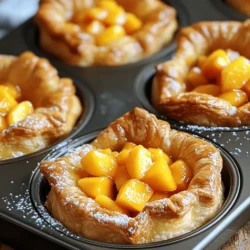 - Puff pastry: 1 package (thawed) - Peaches: 2 large (diced) - Sugar: 1/4 cup (granulated) - Ground cinnamon: 1 teaspoon - Lemon juice: 1 tablespoon - Cornstarch: 1 tablespoon - Butter: 1 tablespoon (melted) - Vanilla extract: 1/2 teaspoon - Egg: 1 (for egg wash) - Powdered sugar: for dusting (optional) To make Peach Pie Cruffins, gather these ingredients first. Puff pastry is the heart of this dish. It gives the cruffins their flaky texture. I use two ripe peaches for a sweet and juicy filling. The sugar, cinnamon, and lemon juice add flavor and balance. Cornstarch helps thicken the filling. Melted butter gives the cruffins a beautiful shine. The egg wash adds a golden color. Finally, if you like, dust with powdered sugar for sweetness. Each ingredient plays an important role, so be sure to use them all. - Preheat the oven to 400°F (200°C) - Grease the muffin tin lightly Start by warming your oven. Set it to 400°F. This heat helps the cruffins rise nicely. While the oven heats, take your muffin tin. Use some butter or oil to grease it. This step stops the cruffins from sticking. - Combine diced peaches with sugar, cinnamon, lemon juice, and cornstarch - Set aside to let flavors meld Next, let’s make the peach filling. In a bowl, mix diced peaches with sugar, cinnamon, lemon juice, and cornstarch. Stir until the peaches are well coated. This mix needs a moment. Set it aside to let the flavors blend. The sugar brings out the peach's natural sweetness. - Roll out the flaky pastry dough - Cut into strips for lining the muffin tin Now, grab your puff pastry. Roll it out on a floured surface until it is about 1/8 inch thick. This dough creates the cruffin's flaky layers. After rolling, cut it into strips about 3-4 inches wide. You’ll need enough strips to line each muffin cavity. - Shape the pastry strips into cruffin form - Spoon the peach filling into each cruffin Time to shape the cruffins! Take a strip of dough and fold it a few times. This gives it a nice cruffin shape. Place it in the muffin tin, letting the edges ruffle a bit. Repeat this step for all the strips. Once done, spoon the peach filling into each cruffin. Don’t overfill, or the filling will spill out while baking. - Brush with melted butter and egg wash - Bake for 20-25 minutes For a golden finish, brush the tops with melted butter. Then, beat the egg and use it to brush each cruffin. This egg wash adds color. Place the muffin tin in the oven and bake for 20-25 minutes. They should be puffed and golden brown when done. Enjoy the lovely smell as they bake! To avoid soggy bottoms, bake the cruffins until they're golden brown. A hot oven helps the pastry crisp up. Ensure your muffin tin is well-greased to prevent sticking. For flaky pastry, roll the dough out evenly. Use cold butter and avoid overworking the dough to keep those layers light. If your kitchen is warm, chill the pastry before baking. Serve your cruffins warm for the best taste. They make a delightful breakfast or sweet snack. You can dust them with powdered sugar for extra sweetness. Pair cruffins with tea or coffee. For a fun twist, try them with vanilla ice cream or whipped cream. The warm peach filling complements cold desserts perfectly. Store unbaked cruffins in the fridge. They can sit there for up to 24 hours. Just cover them with plastic wrap to keep moisture in. Adjust sweetness by adding more or less sugar to the peach filling. You can also add a pinch of salt to enhance the flavor. Test the filling before you bake to find your perfect blend. {{image_2}} You can switch up the fruit in your cruffins. Try using berries like blueberries or strawberries. Apples work great too. They add a nice crunch and sweetness. Mixing fruits can create fun flavors. For example, combine peaches and blueberries for a tasty twist. Each fruit brings its unique taste. This makes every batch special and exciting. Want to add more flavor? Try adding spices like nutmeg or ginger. They add warmth and depth to your cruffins. You can also infuse your pastry with citrus zest. Lemon or orange zest brightens the flavor. Just a little goes a long way. Your cruffins will taste even better with these simple tweaks. Need to adjust your recipe for dietary needs? You can make gluten-free cruffins. Look for gluten-free puff pastry in stores. For a vegan option, use substitutes for butter and eggs. Coconut oil or vegan butter works well in place of butter. For the egg wash, use a mix of plant milk and a little syrup. These swaps let everyone enjoy your delicious cruffins! To keep your Peach Pie Cruffins fresh, store them properly. If you have leftovers, you can keep them at room temperature for one day. Make sure they are in a sealed container. If you want to store them longer, put them in the fridge. They can last up to four days this way. For freezing, wrap each cruffin tightly in plastic wrap. Then, place them in a freezer-safe bag. When stored this way, they can last for up to two months. Just remember to label the bag with the date so you know when to use them. When you're ready to enjoy your cruffins again, reheating is key. To get the best taste and texture, preheat your oven to 350°F (175°C). Place the cruffins on a baking sheet. Heat them for about 10 minutes. This method will keep them warm and crispy. To avoid drying out the pastry, cover the cruffins with aluminum foil while they heat. This keeps moisture in and prevents them from becoming too hard. Enjoy them warm for the best flavor! You can prepare the filling a day early. Mix the diced peaches, sugar, cinnamon, lemon juice, and cornstarch. Store it in the fridge. You can also shape the cruffins and freeze them. Just remember to brush them with butter before baking. This way, you can bake them fresh when you're ready. Yes, you can use store-bought pie filling. It saves time and is easy to use. However, fresh peaches give a brighter taste. Store-bought filling often has added sugars and preservatives, which can change the flavor. If you choose to use it, reduce the sugar in your recipe to balance the sweetness. Leftover peach filling is great in many dishes. You can use it on pancakes or waffles for breakfast. Mix it into yogurt or oatmeal for a sweet snack. It also works well as a topping for ice cream. Get creative and enjoy that sweet peach flavor in different ways! You’ve learned how to make delicious Peach Pie Cruffins. We covered all key steps, from prepping ingredients to expert tips for perfect results. Remember to choose ripe peaches for the best flavor. You can even try other fruits for fun variations. Store and reheat your cruffins for lasting enjoyment. Enjoy your baking journey and share this treat with friends and family!