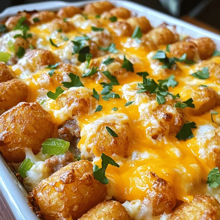 - 1 bag (32 oz) frozen tater tots - 8 large eggs - 1 cup milk - 1 cup shredded cheddar cheese - 1 cup cooked and crumbled turkey sausage - 1/2 cup green bell pepper, diced - 1/2 cup onion, diced - 1 teaspoon garlic powder - 1 teaspoon paprika - Salt and pepper to taste The main ingredients create a hearty and filling meal. Tater tots form a crispy base. Eggs and milk add creaminess and protein. Cheddar cheese melts beautifully on top. Turkey sausage gives a savory flavor, while bell peppers and onions add texture and taste. - Fresh parsley - Sour cream or avocado Garnishing with fresh parsley adds a nice touch. It gives color and freshness. A dollop of sour cream or creamy avocado elevates the dish. These options enhance flavor and make it more appealing. - Preheat your oven to 375°F (190°C). - In a large skillet, heat up some oil over medium heat. Add the diced onion and green bell pepper. Cook them for about 5 minutes. You want them soft but not brown. Once done, take them off heat and set aside. - In a large bowl, crack 8 large eggs and add 1 cup of milk. - Sprinkle in 1 teaspoon of garlic powder and 1 teaspoon of paprika. Add salt and pepper to taste. - Whisk all these together until smooth. - Now, mix in the cooked turkey sausage along with the sautéed onions and bell peppers. Stir until everything is well combined. - Grab a greased 9x13 inch baking dish. Layer half of the frozen tater tots evenly at the bottom. - Pour the egg and sausage mixture over the tater tots, spreading it evenly. - Top with the rest of the tater tots and sprinkle 1 cup of shredded cheddar cheese on top. - Place the casserole in the preheated oven. Bake for 35-40 minutes. - Check if the casserole is set in the middle and the cheese is golden brown. - After baking, let it cool for about 5 minutes before slicing and serving. To get the best texture, ensure even baking. Spread your tater tots in a single layer. This helps them cook well and turn crispy. Stacking them can lead to soggy spots. Checking for doneness is key. Look for a firm center and bubbling cheese. You can poke it with a knife. If it comes out clean, you are ready to serve. Spice variations can take your casserole to the next level. Try adding a pinch of cayenne for heat. You can also use taco seasoning for a fun twist. Experiment with flavors based on what you love. Cheese options are vast. While cheddar is tasty, try pepper jack for a spicy kick. You could also use mozzarella for a milder flavor. Mixing different cheeses can add depth to your dish. For ideal accompaniments, think about fresh fruits or a light salad. Both add a nice contrast to the rich casserole. You could also serve it with salsa or hot sauce for more flavor. Presentation tips make a big difference. Serve hot and garnish with fresh parsley. For extra creaminess, add a dollop of sour cream. Avocado slices also look great and taste amazing. {{image_2}} You can make this dish fit many diets. For a vegetarian tater tot casserole, skip the turkey sausage. Replace it with cooked mushrooms or spinach. These options add flavor and nutrients. Make sure to check the cheese you use; some have animal rennet. If you need a gluten-free alternative, use gluten-free tater tots. They are easy to find in stores. Just check the packaging to ensure they are truly gluten-free. This way, everyone can enjoy this tasty meal. To mix things up, try different proteins. You can swap turkey sausage for crispy bacon or savory ham. Both options add delicious flavor and crunch. Cut the bacon into small pieces before cooking. This helps it blend well in the casserole. If you want a meatless option, use beans or lentils. They are a great source of protein and add texture. You could even use tofu for a unique twist. Just make sure to season it well. Change the flavor of your casserole with fun styles. For a southwest style, add spices like cumin and chili powder. You can also toss in black beans and corn. This gives the dish a bright and zesty taste. If you prefer Italian flavors, add Italian seasoning and diced tomatoes. Mixing in cooked spinach and mozzarella cheese creates a hearty meal. This way, you can enjoy a cozy Italian twist on a classic dish. To keep your tater tot breakfast casserole fresh, let it cool completely. Place it in a clean, airtight container. Use glass or plastic containers that seal tightly. This helps keep moisture in and flavors intact. You can store it in the fridge for up to 3 days. You can reheat your casserole in the oven or microwave. For the oven, preheat to 350°F (175°C). Heat the casserole for about 20-25 minutes. Cover it with foil to avoid drying out. If using the microwave, place a slice on a plate. Heat for 1-2 minutes, checking often. The key is to keep the texture nice and fluffy. To freeze your casserole, let it cool completely. Cut it into portions for easy use later. Wrap each piece in plastic wrap, then place them in a freezer bag. This keeps the flavors fresh. You can freeze it for up to 2 months. To thaw, move the casserole to the fridge overnight. If you need it fast, you can thaw it in the microwave. After thawing, reheat it as mentioned above. Enjoy your tasty meal at any time! This casserole lasts about 3 to 4 days in the fridge. Make sure to store it in an airtight container. This helps keep it fresh and tasty. If you see any signs of spoilage, it's best to toss it. Yes, you can use fresh tater tots. However, they will need a longer cooking time. Fresh tater tots hold more moisture than frozen ones. This can change the texture a bit. Keep an eye on them while baking to avoid sogginess. Yes, you can prepare this casserole ahead of time. Assemble it and cover it with foil. Store it in the fridge for up to 24 hours before baking. When ready, bake it straight from the fridge. Just add a few extra minutes to the cooking time. To make a vegetarian version, you can skip the turkey sausage. Instead, use more vegetables for flavor. Spinach, mushrooms, or zucchini are great options. You can also add black beans for protein. Just ensure you season well to keep it tasty. This tater tot breakfast casserole is easy and delicious. We covered key ingredients like tater tots, eggs, and cheese. You learned simple steps from preparation to baking. Tips and variations let you customize the dish to your tastes. Don’t forget to explore storage options for leftovers. You can enjoy this meal any time. Make it your own and share with family or friends. This dish is sure to impress!