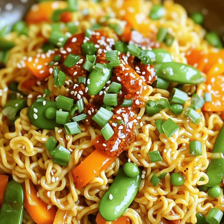 - 2 packs of instant ramen - 1 cup mixed vegetables (bell peppers, carrots, and snap peas) - 2 tablespoons chili crisp sauce - 2 garlic cloves, minced - 1 tablespoon ginger, grated - 2 green onions, sliced - 2 tablespoons soy sauce - 1 tablespoon sesame oil - 1 tablespoon vegetable oil - Sesame seeds for garnish To make Minute Chili Crisp Ramen Stir-Fry, you need a few key ingredients. First, grab two packs of instant ramen. I always toss the seasoning packets, as they can be too salty. Next, for color and crunch, use mixed vegetables. I like bell peppers, carrots, and snap peas. They add flavor and nutrition. Next, chili crisp sauce is a must. It gives the dish heat and depth. For aromatics, I prefer minced garlic and grated ginger. These ingredients bring a warm, fragrant note that makes your kitchen smell great. You’ll also need green onions for a fresh bite. They add a nice crunch when you slice them. For sauces, soy sauce and sesame oil are essential. They enhance the flavor and add richness. Finally, vegetable oil helps to fry everything up nicely. If you want to make your dish look even better, sprinkle sesame seeds on top. This adds a fun crunch and a touch of elegance. With these ingredients, you can create a stir-fry that is quick, easy, and full of flavor. - Cook ramen noodles according to package instructions. - Reduce cooking time by 1 minute for undercooked noodles. Start by boiling a pot of water. Add in your ramen noodles, but remember to cook them for just one minute less than the package says. This keeps them a bit firm. Once done, drain the noodles and set them aside. This method gives you the perfect texture for stir-fry. - Heat vegetable oil in a skillet or wok. - Add garlic and ginger, stirring until fragrant. Next, grab a large skillet or a wok. Pour in some vegetable oil and let it heat up on medium-high. When the oil shimmers, toss in minced garlic and grated ginger. Stir for about 30 seconds until they smell amazing. This step builds a strong flavor base for your dish. - Add mixed vegetables and stir-fry until tender-crisp. Now it’s time for the veggies! Add your mixed vegetables, like bell peppers, carrots, and snap peas, to the skillet. Stir-fry them for 3 to 5 minutes. You want them to be tender but still crisp. This adds color and crunch to your meal. - Add cooked ramen, soy sauce, sesame oil, and chili crisp sauce. - Toss until everything is well combined. Once your veggies are ready, add the cooked ramen to the skillet. Pour in soy sauce, sesame oil, and chili crisp sauce. Use tongs or chopsticks to toss everything together. Make sure the noodles get coated well. This step ensures every bite is packed with flavor. - Add sliced green onions and adjust spice level. - Serve garnished with sesame seeds. Finally, sprinkle in the sliced green onions. If you like it spicy, feel free to add more chili crisp sauce. Give it one last toss and then serve it up. For a nice finish, add sesame seeds on top. This gives your dish a little crunch and a beautiful look. Enjoy your tasty creation! Using fresh garlic and ginger makes a big difference. They bring bold taste to your dish. When you chop them, use a sharp knife for the best flavor release. For the veggies, cook them until they are tender but still crisp. This keeps their bright colors and nutrients. To get the right noodle texture, boil them for just a minute less than the package says. This keeps them firm and chewy. After draining, rinse them under cold water. This step helps stop them from sticking together. You can toss them lightly in a bit of oil, too. If you want to boost the heat, add more chili crisp sauce. Taste as you go, so it’s just right for you. You can also try other chili sauces, like sriracha or sambal oelek. These are great for adding your own twist to the dish. {{image_2}} You can add protein to your Minute Chili Crisp Ramen Stir-Fry for extra flavor. Here are some great options: - Chicken: Cook bite-sized pieces for 5-7 minutes until golden. - Tofu: Use firm tofu, cut into cubes. Sauté for 3-5 minutes until crispy. - Shrimp: Add shrimp and cook for 2-3 minutes until pink. These proteins mix well with the chili crisp sauce. Adjust cooking times to ensure each protein is cooked through. Feel free to play with your veggies! If you don't have mixed vegetables, try these: - Broccoli: Adds a nice crunch. - Zucchini: Great for summer. - Spinach: Adds color and nutrients. Look for seasonal vegetables to keep it fresh and tasty. The key is to keep the veggies tender-crisp for the best bite. If you need gluten-free ramen, look for rice noodles or gluten-free brands. They work well in this dish. - Sauce Adjustments: Ensure your soy sauce is gluten-free. There are great options out there. - Seasoning Changes: Use tamari as a soy sauce substitute for a gluten-free twist. These changes keep the flavor high while meeting dietary needs. To keep your Minute Chili Crisp Ramen Stir-Fry fresh, store leftovers in the fridge. Use an airtight container to prevent moisture loss. Make sure to cool the stir-fry before sealing it up. This helps maintain the texture and flavor. You can store the stir-fry for up to three days in the fridge. When reheating, avoid using high heat. This can make the noodles mushy. Instead, warm them in a skillet over medium heat. Add a splash of soy sauce or water to help steam them back to life. You can also microwave the stir-fry in short bursts, stirring in between. Another fun way to enjoy leftovers is to make a ramen salad. Just toss the cold stir-fry with fresh greens and a splash of vinegar for a tasty twist. Yes, you can freeze this stir-fry! To do it right, pack the stir-fry in a freezer-safe container. Leave some space at the top since the food will expand. It can last for up to two months in the freezer. To thaw, place it in the fridge overnight. For a quicker option, you can use the microwave. Just be sure to stir it well while reheating to get an even texture. Yes, you can use fresh ramen. Fresh ramen has a chewier texture and richer flavor. Instant ramen cooks quickly, while fresh ramen only needs a short boil. Adjust cooking time to avoid mushiness. Fresh ramen works well with the stir-fry method. Enjoy the added depth in taste! If you lack chili crisp sauce, use a mix of chili oil and sesame oil. You can also try sriracha or crushed red pepper flakes. Add minced garlic and scallions for more flavor. Each option gives a spicy kick, but the taste will vary. Adjust to your heat preference! To make the recipe vegan, skip the chili crisp sauce with a plant-based alternative. Use vegetable broth instead of soy sauce for a savory taste. Opt for tofu or tempeh for protein. You can also add more vegetables to enhance nutrition. Enjoy a tasty vegan meal! Toppings can elevate your stir-fry. Try sliced avocado for creaminess or pickled vegetables for tang. Sprinkle fresh herbs like cilantro or basil for freshness. Add crushed peanuts or sesame seeds for crunch. You can even top with a fried egg for extra richness. Get creative with your favorites! This recipe combines easy steps and tasty ingredients for a perfect meal. Remember to use fresh garlic and ginger for the best flavor. Customize your dish with proteins, seasonal veggies, or gluten-free options. Store leftovers properly, and reheating keeps flavors intact. Whether you enjoy it spicy or mild, this ramen stir-fry can fit any preference. Get creative and make this dish your own. Happy cooking!