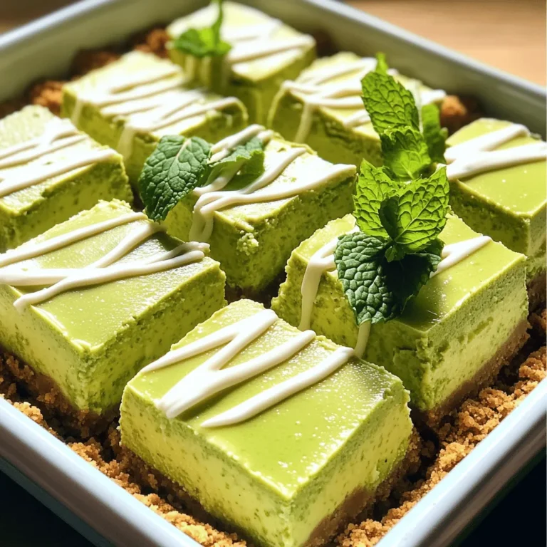 To make No-Bake Matcha Cheesecake Squares, gather these simple ingredients: - 1 ½ cups digestive biscuits or graham cracker crumbs - ½ cup unsalted butter, melted - 2 cups cream cheese, softened - ¾ cup powdered sugar - 2 teaspoons matcha green tea powder - 1 teaspoon vanilla extract - 1 cup heavy whipping cream - ¼ cup white chocolate chips (optional for garnish) - Fresh mint leaves for garnish (optional) These ingredients make a creamy, flavorful treat. The digestive biscuits or graham crackers create a crunchy base. The unsalted butter holds the crust together. Cream cheese gives the cheesecake its rich texture. Powdered sugar adds sweetness without graininess. Matcha green tea powder brings a lovely green color and unique flavor. Vanilla extract enhances the taste. Heavy whipping cream makes the filling light and fluffy. White chocolate chips and mint leaves are great for a pretty finish if you want. Feel free to mix and match flavors or add more toppings based on your taste! To start, gather your ingredients. You will need 1 ½ cups of digestive biscuits or graham cracker crumbs and ½ cup of melted unsalted butter. Mix these in a medium bowl until they look like wet sand. This step is key for a tasty crust. Next, press the crumb mixture into the bottom of an 8x8 inch baking pan. Use the back of a measuring cup to pack it down firmly. This helps the crust stay together. Chill the crust in the fridge for 15 minutes. Now, let's make the filling. In a large bowl, add 2 cups of softened cream cheese and ¾ cup of powdered sugar. Beat them together until it’s smooth and creamy. Scrape down the bowl to mix well. After that, add 2 teaspoons of matcha green tea powder and 1 teaspoon of vanilla extract. Blend these in until you have a beautiful green color. Next, take 1 cup of heavy whipping cream and whip it in a separate bowl until medium peaks form. Gently fold this whipped cream into your matcha cream cheese mixture. Be careful! You want to keep that air in the whipped cream for a light texture. Once the whipped cream is mixed in, pour the matcha cheesecake filling over your chilled crust. Smooth out the top with a spatula. Cover the pan with plastic wrap and put it in the fridge. Let it chill for at least 4 hours, but overnight is best. This will help the squares set well. When ready, cut them into squares. For an extra touch, melt some white chocolate chips and drizzle over the top. Add fresh mint leaves for a nice look, too. Enjoy your delicious no-bake matcha cheesecake squares! To get the best texture, use softened cream cheese. This step makes it easy to mix. Blend it well with the powdered sugar until it’s smooth. When you whip the cream, aim for medium peaks. This adds fluffiness to the cheesecake. Fold the whipped cream gently into the mixture. Be careful not to deflate it. This keeps your cheesecake light and airy. Chilling it for a longer time helps it firm up nicely. I recommend letting it sit overnight for the best results. Matcha adds a unique taste, but you can mix it up. Try adding a splash of almond extract for a nutty flavor. You can also use lemon juice to give it a zesty kick. If you want more sweetness, add extra powdered sugar. For a richer flavor, drizzle some caramel sauce on top before serving. Each of these tweaks can change the taste, making it your own. Presentation is key for this dessert. Cut even squares for a neat look. Drizzle melted white chocolate over the top for a sweet touch. Fresh mint leaves add color and a hint of freshness. Arrange the squares on a pretty plate to impress your guests. You can also use edible flowers for a pop of color. A great presentation makes your dessert even more inviting. {{image_2}} You can change the flavor of the matcha cheesecake squares easily. Instead of matcha, try using cocoa powder for a rich chocolate flavor. You can also use fruit purees. Strawberry or mango can give a fresh taste. If you love coffee, add espresso powder for a coffee twist. Each option adds its unique flair. Special diets? No problem! For a gluten-free option, use gluten-free cookies for the crust. Vegan? Substitute cream cheese with a plant-based version and use coconut cream for the whipped topping. You can swap powdered sugar with a sugar alternative to make it keto-friendly. These changes keep the dessert tasty while meeting your dietary needs. Garnishes can elevate your cheesecake squares. Instead of white chocolate chips, try dark chocolate or even crushed nuts for crunch. Fresh berries like raspberries or blueberries add color and flavor. A drizzle of honey or maple syrup can also enhance sweetness. Mint leaves not only look pretty but add a fresh taste. Each garnish can make your squares stand out! Store your no-bake matcha cheesecake squares in the fridge. Use a tight lid or plastic wrap. This keeps them fresh and creamy. They can last up to 5 days in the fridge. If you want to keep them longer, freezing is a great choice. To freeze, cut the cheesecake squares into pieces first. Wrap each piece in plastic wrap. Then place them in a freezer-safe bag or container. They will stay fresh for up to 2 months. When you're ready to eat, just thaw them in the fridge overnight. You do not need to reheat no-bake cheesecake squares. They taste best cold. If you like, you can let them sit at room temperature for a few minutes before serving. This will soften them slightly, enhancing the flavor and texture. Enjoy! It takes at least 4 hours for no-bake cheesecake squares to set. For the best results, chill them overnight. The longer they sit in the fridge, the firmer they become. This time allows the flavors to blend well and creates a nice texture. Yes, you can use a different type of crust. For example, a cookie crust made from Oreos or chocolate wafers works well. You could also use a nut-based crust for a gluten-free option. Just prepare the crust as you would with the digestive biscuits, and press it into the pan. If you don't have matcha powder, you can use green tea powder. You will not get the exact flavor, but it still adds a nice touch. For a different flavor, you could use cocoa powder for a chocolate version. Just remember to adjust the amount to taste. This blog post guides you in making no-bake cheesecake squares. We started with a list of simple ingredients, then covered easy steps to prepare the crust and filling. Tips for texture and flavor followed, with exciting variations to explore. Finally, we discussed the best storage practices to keep your treats fresh. No-bake cheesecake squares are fun and versatile. You can adapt this recipe to suit your taste. Enjoy making these delicious treats at home!