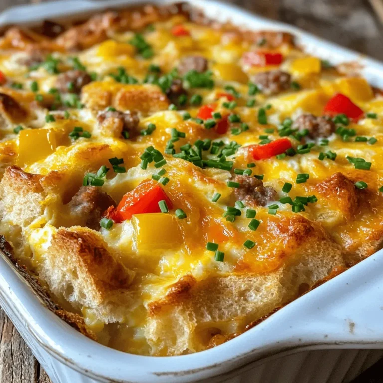 Eggs and Dairy - 8 large eggs - 2 cups milk - 1 cup shredded cheddar cheese Vegetables and Meats - 1 cup diced bell peppers (red and green) - 1 cup diced onion - 2 cups cooked breakfast sausage, crumbled Seasonings and Bread - 1 teaspoon garlic powder - 1 teaspoon onion powder - Salt and pepper to taste - 4 cups diced bread (preferably day-old sourdough or whole grain) - Fresh chives, chopped (for garnish) These ingredients create a warm and rich breakfast casserole. You can mix eggs and milk for a creamy base. The cheese adds a nice touch, making every bite cheesy. Diced bell peppers and onions bring color and crunch. Crumbled breakfast sausage gives it a hearty flavor. Diced bread soaks up all the goodness. Season with garlic and onion powder for depth. Finally, add salt and pepper to taste. Fresh chives on top make it pretty and tasty. Each ingredient plays a role in making this dish a hit for breakfast! Whisking the Egg and Milk Mixture Start with a large bowl. Crack 8 large eggs into it. Add 2 cups of milk. Whisk them together until the mix looks smooth. Now, season this mixture with 1 teaspoon of garlic powder, 1 teaspoon of onion powder, salt, and pepper. This will add great flavor to your casserole. Adding Vegetables and Sausage Next, chop 1 cup of bell peppers and 1 cup of onion. Add these to your egg mix. Also, include 2 cups of crumbled cooked sausage. Stir everything together until it is well combined. Each bite will be packed with flavor. Incorporating the Bread Now, take 4 cups of diced bread. I like to use day-old sourdough or whole grain for the best texture. Fold the bread into the egg mixture gently. Make sure all the bread pieces are coated well. This helps them soak up all the yummy flavors. Preheating the Oven Set your oven to 350°F (175°C) and let it warm up. While it heats, grease a 9x13 inch baking dish with non-stick spray. This prevents sticking and makes serving easy. Covering and Baking Time Pour the mixture into the greased baking dish. Spread it out evenly. Sprinkle 1 cup of shredded cheddar cheese on top. Cover the dish with aluminum foil. Bake in the oven for 25 minutes. This helps everything cook evenly. Final Baking Steps After 25 minutes, take off the foil. Bake for another 15-20 minutes. Look for the casserole to be set in the center. The cheese should be bubbly and golden brown. Once it looks perfect, take it out and let it cool for 5-10 minutes before slicing. Enjoy your delicious breakfast casserole! Choosing the Right Bread For the best breakfast casserole, I recommend using day-old bread. Sourdough or whole grain work well. The bread absorbs the egg mixture nicely. Fresh bread can get too soggy. Cut the bread into cubes for even cooking. This helps the dish stay fluffy. Ensuring Even Cooking To make sure your casserole cooks evenly, mix your ingredients well. Stir the egg and milk mixture with the veggies and sausage. It’s key to coat all the bread pieces well. Use a 9x13 inch dish for the perfect size. Covering it with foil at first also helps keep moisture in. Slicing and Serving Suggestions After the casserole cools, slice it into squares. Use a sharp knife for clean cuts. I like to serve each slice with extra chives on top. Adding a dollop of sour cream or some fresh fruit makes it even better! Dairy Alternatives If you want a dairy-free option, use almond or oat milk instead. You can also try dairy-free cheese. This keeps the dish creamy without the dairy. Adding More Protein Want more protein? You can add cooked bacon or ham. Tofu also works if you want a vegetarian option. Just make sure to crumble it into small pieces. Flavor Enhancers Spice up your casserole with herbs or spices. Try adding some paprika or a pinch of cayenne for heat. Fresh herbs like parsley or basil can brighten up the dish. Mix and match flavors to make it your own! {{image_2}} If you want a meat-free dish, you can use meat alternatives. Try crumbled tofu or tempeh instead of sausage. You can also use plant-based sausage for a similar taste. For extra vegetables, add diced zucchini, mushrooms, or spinach. These choices bring color and nutrients. You can mix and match veggies based on your taste. To make a spicy breakfast casserole, add diced jalapeños or spicy sausage. You could also mix in hot sauce for an extra kick. This version will wake up your taste buds! For an Italian twist, use Italian sausage, sun-dried tomatoes, and fresh basil. You can even add mozzarella cheese for a creamy finish. If you prefer a Mexican flavor, use chorizo, black beans, and corn. Top with salsa and avocado for a fresh touch. These variations keep breakfast fun and exciting! Refrigeration Tips To keep your breakfast casserole fresh, let it cool first. After cooling, cut it into portions. Place the pieces in airtight containers. Store these containers in the fridge. The casserole lasts about 3 to 4 days this way. Label the containers with the date for easy tracking. Freezing Instructions If you want to save some for later, freezing is a great option. Wrap individual portions tightly in plastic wrap. Then, place them in freezer bags. Make sure to remove as much air as possible. This helps prevent freezer burn. You can freeze the casserole for up to 3 months. Best Practices for Reheating When you're ready to enjoy leftovers, use the oven for the best taste. Preheat your oven to 350°F (175°C). Place the casserole piece on a baking sheet. Cover it with foil to keep it moist. Heat for about 20 to 25 minutes. You can also microwave it for a quick option. Just cover it with a damp paper towel. Heat in 30-second intervals until warm. Enjoying Leftovers Leftover breakfast casserole tastes great on its own. You can add a dollop of sour cream or hot sauce for extra flavor. Pair it with fresh fruit or a side salad for a balanced meal. Enjoy your tasty breakfast any time of the day! Can I make this casserole ahead of time? Yes, you can prepare this casserole the night before. Just mix all the ingredients, place them in the dish, and cover it. Store it in the fridge overnight. In the morning, bake it straight from the fridge, adding a few extra minutes to the cooking time. What sides pair well with breakfast casserole? Some great sides include fresh fruit, a light salad, or crispy bacon. You can also serve it with yogurt or a dollop of sour cream. These sides balance the meal and add freshness. How long can I store leftovers? You can store leftovers in the fridge for up to four days. Make sure to cover them well. If you want to keep them longer, freeze the casserole for up to three months. Just remember to thaw it overnight before reheating. This blog post covered everything you need to make a great breakfast casserole. We explored ingredients, including eggs, meats, and vegetables. The step-by-step instructions guide you through preparing and baking. I shared tips for perfecting your dish and offered variations, like vegetarian and spicy options. Plus, we discussed how to store and reheat your leftovers. In the end, a breakfast casserole is fun and easy to make. I hope you feel ready to try your own tasty version soon! Enjoy every bite.