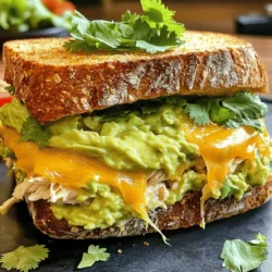 - 2 ripe avocados, mashed - 1 cup cooked chicken, shredded - 1/2 cup cream cheese, softened - 4 slices of whole grain or sourdough bread - 1 cup shredded cheddar cheese - 1 teaspoon garlic powder - 1 teaspoon onion powder - 1/4 cup fresh cilantro, chopped - Salt and pepper to taste - Optional: sliced tomatoes and lettuce for garnish In this recipe, the main ingredients shine through in every bite. You start with ripe avocados. They are creamy and healthy. Next, you need cooked chicken. Shredded chicken blends well with the avocado. Cream cheese adds richness. It's soft and smooth, making the filling delightful. For the bread, whole grain or sourdough is best. Each slice holds the filling perfectly. Don't forget the cheese! Shredded cheddar melts beautifully in the skillet. Now, let’s talk about seasoning. Garlic powder gives a nice kick. Onion powder adds depth. Fresh cilantro brightens the mix. Salt and pepper balance the flavors. Add optional garnishes like sliced tomatoes and lettuce. They bring freshness and crunch. This recipe combines taste and texture in a fun way. Mixing Avocado and Chicken In a bowl, mash the ripe avocados. Next, add the shredded chicken. Mix these two until they blend well. Adding Cream Cheese and Seasonings Now, add the softened cream cheese. Then, toss in the chopped cilantro, garlic powder, onion powder, salt, and pepper. Stir until smooth and creamy. This filling will be rich and tasty! Spreading the Filling on Bread Take two slices of your chosen bread. Spread half of the creamy filling on each slice. Make sure to cover the bread well. Layering Cheese and Topping Next, sprinkle a generous amount of shredded cheddar cheese on top of the filling. Then, place the other two slices of bread on top to form a sandwich. Drizzling Olive Oil in Skillet Heat a skillet over medium heat. Drizzle in one tablespoon of olive oil. This will help the bread get nice and crispy. Grilling Both Sides Until Golden Carefully place the sandwiches in the skillet. Cook one side for about 3-4 minutes until golden brown. Flip the sandwiches and add more olive oil if needed. Cook for another 3-4 minutes until the cheese melts and both sides are crispy. Let your sandwiches cool for a moment before slicing them in half. Enjoy the warm, cheesy goodness! For a creamy melt, I love using sharp cheddar cheese. It adds a nice tang. You can also try Monterey Jack for a milder taste. If you want to get fancy, use a mix of both. Grate the cheese instead of slicing it. This helps it melt faster and evenly. Cooking at medium heat is key. Too high, and the bread burns before the cheese melts. Too low, and the cheese takes forever to melt. Aim for a golden-brown color on both sides. This means your sandwich is crispy on the outside and gooey inside. You can boost flavor by adding spices. A pinch of cayenne pepper gives a nice kick. If you like herbs, try adding some fresh basil or dill. Sliced tomatoes or jalapeños can add freshness and heat. Mix in what you enjoy! If you need a dairy-free option, try vegan cheese. You can also swap chicken for chickpeas for a tasty vegetarian meal. For gluten-free folks, use gluten-free bread. The filling stays the same, so everyone can enjoy this sandwich. {{image_2}} You can switch up the bread for your avocado chicken melt. Whole grain bread is healthy and has a nice nutty taste. Sourdough offers a tangy flavor that pairs well with the creamy filling. If you need a gluten-free option, look for gluten-free bread at your store. It’s widely available and can work just as well. If you want to change the protein, try using turkey or tuna instead of chicken. Turkey provides a lean option and still tastes great. Tuna adds a different flavor and works well with the creamy avocado. For a vegetarian choice, use chickpeas or cooked lentils. Mash them with the avocado for a filling and tasty option. You can boost the flavor of your sandwich with some spicy elements. Add jalapeños or hot sauce for a kick. For a fresh taste, try adding chopped bell peppers or spinach. These veggies give extra crunch and nutrients. You can mix and match these ideas to make your avocado chicken melt your own! To keep your avocado chicken melt fresh, place leftovers in an airtight container. Store it in the fridge. This method keeps the flavors intact. Use the leftovers within two days for the best taste. When reheating, take out the sandwich and let it sit at room temperature. Heat it in a skillet over medium heat. This method helps keep the bread crispy. Flip the sandwich to heat both sides evenly. You can also use a microwave, but the bread may get soggy. If you want to save the filling for later, freezing works well. Scoop the avocado chicken filling into a freezer-safe bag. Press out the air before sealing. Label the bag with the date. You can store it for up to three months. When you’re ready to use it, thaw it in the fridge overnight. For quick thawing, place the bag in cold water. After thawing, stir the filling and check for taste. You may need to adjust salt and pepper before using it again. Yes, you can prepare the filling ahead. Mix the avocados, chicken, cream cheese, and spices. Store it in the fridge for up to one day. When ready, just assemble and cook the sandwich. This saves time and helps with meal prep. You can use Greek yogurt or cottage cheese instead of cream cheese. Both options add creaminess and tang. If you prefer a dairy-free option, try using cashew cream or a vegan cream cheese. These substitutes will still make the sandwich tasty. To keep avocado fresh, use lemon juice. Squeeze some juice into the mashed avocado. This acid slows down browning. Another trick is to store the avocado mixture in an airtight container. Cover it tightly to limit air exposure. Yes, you can make it healthier by using whole grain bread. You can also add more veggies like spinach or cucumber. Use less cheese or substitute with a lighter cheese. These small changes can boost nutrition while keeping the flavor. This blog post shared a tasty sandwich recipe with simple steps. We covered essential ingredients like avocados, chicken, and cream cheese. You learned how to prepare the filling and grill the sandwich for the perfect crunch. I also shared tips for different bread and protein options to fit your needs. Remember, you can customize this sandwich with spices or fresh veggies. Enjoy making this delicious meal at home! It’s easy to create and can be modified for everyone's taste.