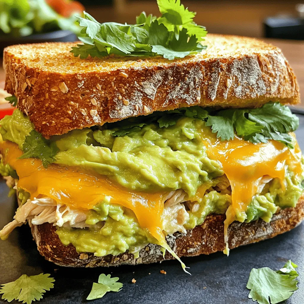- 2 ripe avocados, mashed - 1 cup cooked chicken, shredded - 1/2 cup cream cheese, softened - 4 slices of whole grain or sourdough bread - 1 cup shredded cheddar cheese - 1 teaspoon garlic powder - 1 teaspoon onion powder - 1/4 cup fresh cilantro, chopped - Salt and pepper to taste - Optional: sliced tomatoes and lettuce for garnish In this recipe, the main ingredients shine through in every bite. You start with ripe avocados. They are creamy and healthy. Next, you need cooked chicken. Shredded chicken blends well with the avocado. Cream cheese adds richness. It's soft and smooth, making the filling delightful. For the bread, whole grain or sourdough is best. Each slice holds the filling perfectly. Don't forget the cheese! Shredded cheddar melts beautifully in the skillet. Now, let’s talk about seasoning. Garlic powder gives a nice kick. Onion powder adds depth. Fresh cilantro brightens the mix. Salt and pepper balance the flavors. Add optional garnishes like sliced tomatoes and lettuce. They bring freshness and crunch. This recipe combines taste and texture in a fun way. Mixing Avocado and Chicken In a bowl, mash the ripe avocados. Next, add the shredded chicken. Mix these two until they blend well. Adding Cream Cheese and Seasonings Now, add the softened cream cheese. Then, toss in the chopped cilantro, garlic powder, onion powder, salt, and pepper. Stir until smooth and creamy. This filling will be rich and tasty! Spreading the Filling on Bread Take two slices of your chosen bread. Spread half of the creamy filling on each slice. Make sure to cover the bread well. Layering Cheese and Topping Next, sprinkle a generous amount of shredded cheddar cheese on top of the filling. Then, place the other two slices of bread on top to form a sandwich. Drizzling Olive Oil in Skillet Heat a skillet over medium heat. Drizzle in one tablespoon of olive oil. This will help the bread get nice and crispy. Grilling Both Sides Until Golden Carefully place the sandwiches in the skillet. Cook one side for about 3-4 minutes until golden brown. Flip the sandwiches and add more olive oil if needed. Cook for another 3-4 minutes until the cheese melts and both sides are crispy. Let your sandwiches cool for a moment before slicing them in half. Enjoy the warm, cheesy goodness! For a creamy melt, I love using sharp cheddar cheese. It adds a nice tang. You can also try Monterey Jack for a milder taste. If you want to get fancy, use a mix of both. Grate the cheese instead of slicing it. This helps it melt faster and evenly. Cooking at medium heat is key. Too high, and the bread burns before the cheese melts. Too low, and the cheese takes forever to melt. Aim for a golden-brown color on both sides. This means your sandwich is crispy on the outside and gooey inside. You can boost flavor by adding spices. A pinch of cayenne pepper gives a nice kick. If you like herbs, try adding some fresh basil or dill. Sliced tomatoes or jalapeños can add freshness and heat. Mix in what you enjoy! If you need a dairy-free option, try vegan cheese. You can also swap chicken for chickpeas for a tasty vegetarian meal. For gluten-free folks, use gluten-free bread. The filling stays the same, so everyone can enjoy this sandwich. {{image_2}} You can switch up the bread for your avocado chicken melt. Whole grain bread is healthy and has a nice nutty taste. Sourdough offers a tangy flavor that pairs well with the creamy filling. If you need a gluten-free option, look for gluten-free bread at your store. It’s widely available and can work just as well. If you want to change the protein, try using turkey or tuna instead of chicken. Turkey provides a lean option and still tastes great. Tuna adds a different flavor and works well with the creamy avocado. For a vegetarian choice, use chickpeas or cooked lentils. Mash them with the avocado for a filling and tasty option. You can boost the flavor of your sandwich with some spicy elements. Add jalapeños or hot sauce for a kick. For a fresh taste, try adding chopped bell peppers or spinach. These veggies give extra crunch and nutrients. You can mix and match these ideas to make your avocado chicken melt your own! To keep your avocado chicken melt fresh, place leftovers in an airtight container. Store it in the fridge. This method keeps the flavors intact. Use the leftovers within two days for the best taste. When reheating, take out the sandwich and let it sit at room temperature. Heat it in a skillet over medium heat. This method helps keep the bread crispy. Flip the sandwich to heat both sides evenly. You can also use a microwave, but the bread may get soggy. If you want to save the filling for later, freezing works well. Scoop the avocado chicken filling into a freezer-safe bag. Press out the air before sealing. Label the bag with the date. You can store it for up to three months. When you’re ready to use it, thaw it in the fridge overnight. For quick thawing, place the bag in cold water. After thawing, stir the filling and check for taste. You may need to adjust salt and pepper before using it again. Yes, you can prepare the filling ahead. Mix the avocados, chicken, cream cheese, and spices. Store it in the fridge for up to one day. When ready, just assemble and cook the sandwich. This saves time and helps with meal prep. You can use Greek yogurt or cottage cheese instead of cream cheese. Both options add creaminess and tang. If you prefer a dairy-free option, try using cashew cream or a vegan cream cheese. These substitutes will still make the sandwich tasty. To keep avocado fresh, use lemon juice. Squeeze some juice into the mashed avocado. This acid slows down browning. Another trick is to store the avocado mixture in an airtight container. Cover it tightly to limit air exposure. Yes, you can make it healthier by using whole grain bread. You can also add more veggies like spinach or cucumber. Use less cheese or substitute with a lighter cheese. These small changes can boost nutrition while keeping the flavor. This blog post shared a tasty sandwich recipe with simple steps. We covered essential ingredients like avocados, chicken, and cream cheese. You learned how to prepare the filling and grill the sandwich for the perfect crunch. I also shared tips for different bread and protein options to fit your needs. Remember, you can customize this sandwich with spices or fresh veggies. Enjoy making this delicious meal at home! It’s easy to create and can be modified for everyone's taste.