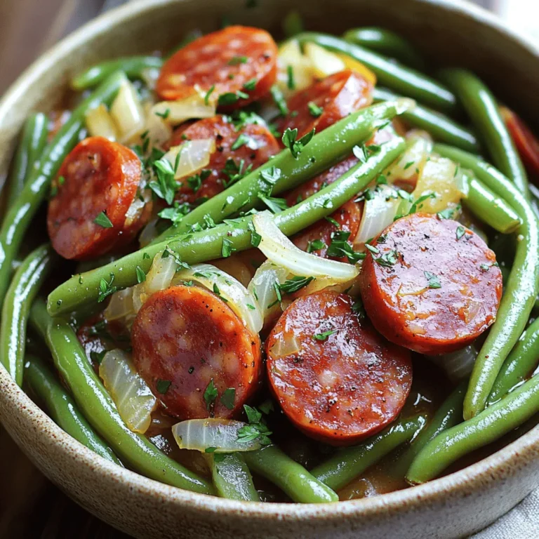 - 1 lb kielbasa sausage, sliced into 1/4-inch rounds - 1 lb fresh green beans, trimmed and cut into 2-inch pieces - 1 medium onion, diced - 3 cloves garlic, minced The main ingredients in this dish bring great taste and nutrition. Kielbasa offers a savory flavor, while fresh green beans add crunch. The onion and garlic give a nice aroma and depth to the meal. - 1 teaspoon smoked paprika - 1 teaspoon dried thyme - 1/2 teaspoon black pepper - Salt to taste The spices and seasonings make this dish pop. Smoked paprika adds a warm, smoky touch. Dried thyme brings a hint of earthiness. Black pepper and salt balance the flavors perfectly. - 1 cup low-sodium chicken broth - 1 tablespoon olive oil These cooking essentials create a rich base. The low-sodium chicken broth keeps the dish flavorful without being too salty. Olive oil adds a smooth texture and helps cook the onion and garlic just right. 1. Start by slicing the kielbasa into 1/4-inch rounds. 2. Trim the green beans and cut them into 2-inch pieces. 3. Dice the onion into small pieces. 4. Mince the garlic cloves finely. These steps are easy and quick. Slicing the kielbasa and trimming the green beans takes just a few minutes. Dicing the onion and mincing the garlic adds fresh flavors. 1. Heat the olive oil in a skillet over medium heat. 2. Add the diced onions and cook for about 3-4 minutes until they turn clear. 3. Then, stir in the minced garlic and cook for 1 minute more. 4. Transfer the onions and garlic to the crockpot. 5. Add the sliced kielbasa and the green beans next. 6. Pour in the chicken broth. 7. Sprinkle smoked paprika, dried thyme, black pepper, and salt on top. 8. Gently stir all the ingredients to mix them well. Cooking the onions and garlic first brings out their flavor. This step makes the dish even better. - Low vs. high setting: You can cook this dish on low for 6-8 hours or on high for 3-4 hours. - Importance of cooking time for flavor development: Cooking it longer on low lets the flavors blend well. If you're short on time, the high setting works too. Following these times helps you get the best taste. Always check the dish and stir before serving to blend the flavors nicely. To boost flavor, consider adding a splash of soy sauce or a squeeze of lemon juice. Both can brighten the dish. You can also toss in some red pepper flakes for heat. When seasoning, always start with less salt. You can add more later if needed. Taste as you cook to find the right balance. To keep green beans crisp, add them later in the cooking time. If cooking on low, place them in the last hour. If on high, add them for the last 30 minutes. For best results, use a crockpot with a good seal. This helps keep moisture in. A sturdy spoon will help mix everything without breaking the beans. Serve the dish hot and colorful in bowls. A sprinkle of fresh thyme or parsley makes it look nice. For a complete meal, pair it with crusty bread. This adds a nice texture and helps soak up the broth. You can also serve it over rice or quinoa for a filling option. {{image_2}} You can switch kielbasa for other sausages like turkey or chicken. These options lower fat but keep flavor. You can also use plant-based sausage for a meat-free dish. For veggies, feel free to add carrots or bell peppers. They bring a nice crunch and color. Zucchini works well too if you want something softer. If you need gluten-free meals, check the sausage label. Make sure it says gluten-free. You can also use gluten-free broth to keep the dish safe. For low-sodium options, choose low-sodium sausage and broth. You can skip the added salt too since the flavors are rich. You can cook this dish in a slow cooker or on the stovetop. The slow cooker gives you tender meats and rich flavors. If you use the stovetop, cook the mixture in a pot over low heat for about 30 minutes. Stir it often to prevent sticking. If you own an Instant Pot, you can make this dish quickly. Sauté the onions and garlic first, then add the rest. Cook on high pressure for about 10 minutes. This method saves time without losing taste. To store leftovers, let the dish cool down first. Place the kielbasa and green beans in an airtight container. Make sure to seal it tight to keep it fresh. You can store it in the fridge for up to three days. This way, you can enjoy the meal again without losing its great taste. If you want to freeze the dish, use a freezer-safe container. It’s best to freeze it in single servings. This makes it easy to reheat later. You can freeze it for up to three months. When you’re ready to eat, thaw it overnight in the fridge. To reheat, you can use the microwave or stovetop. Just make sure it’s heated all the way through for the best flavor. Enjoy your delicious leftovers! Can I use frozen green beans? Yes, you can use frozen green beans. They are easy to find and save time. Just add them straight to the crockpot without thawing. They will cook well during the slow cooking time. What can I serve with Kielbasa and green beans? Kielbasa and green beans pair well with crusty bread or rice. You can also serve it with a fresh salad for a light meal. Try mashed potatoes for a hearty side. How can I make this dish spicy? To add spice, try using spicy kielbasa. You can also add red pepper flakes or diced jalapeños. Start with a small amount and taste as you go. What are some side dishes that pair well? Some great side dishes are cornbread, roasted potatoes, or a green salad. You can also serve it with a side of applesauce for a sweet touch. Is kielbasa healthy? Kielbasa is a type of sausage, so it is high in fat and sodium. However, you can enjoy it in moderation. Pair it with plenty of vegetables for a balanced meal. What are the calories per serving? Each serving of kielbasa and green beans has about 300 calories. This can vary based on the specific brands and amounts you use. Always check your labels for exact numbers. This blog post covered a hearty kielbasa and green beans dish. You learned the key ingredients, spices, and cooking essentials. We discussed step-by-step preparation and cooking methods, along with tips for the best flavor. Variations for dietary needs and storage tips were also shared. In closing, this recipe is simple and adaptable. It's perfect for busy nights or meal prep. You can enjoy a tasty meal with minimal effort. Explore the options and make it your own. Your taste buds will thank you!